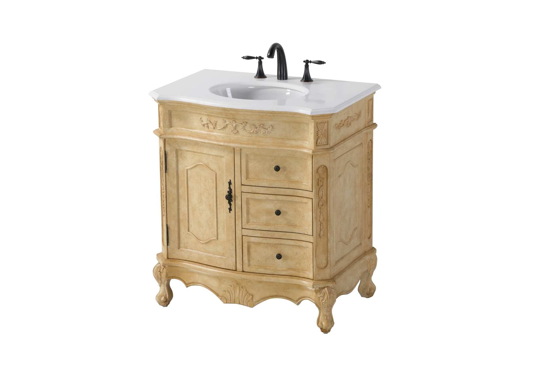Specification Sheet
Dimensions
Length: 32"
Width: 21"
Height: 36"
Counter Top Length: 32"
Counter Top Width: 21"
Counter Top Height: 0.75"
Sink Width: 15.5"
Sink Depth: 12.25"
Sink Height: 7"
Sink Drain Hole Size: 1.75"
Faucet Hole Spacing: 8"3 Holes"
Specifications
Assembly Required: NO
Base Material: Solid wood and MDF
Counter Top Edge Style: Half bullnose
Counter Top Finish: Ivory white
Distressed Finish: yes
Faucet Type: Widespread
Finish (Color): Antique Beige
Vanity Material: Solid Wood and MDF
Hardware Finish: Antique bronze
Harware Material: Aluminum alloy
Number of Faucet Holes: 3
Number of Sinks: 1
Product Shape: Rectangle
Product Type: Bathroom Vanities
Product Warranty: 1 year limited
Sink Mounting Type: Undermount
Vanity Backsplash: NO
Vanity Mounting Type: Free-Standing
132
Wire Included: No
Wood Type: Birch
Shipment type: LTL
Drawers
Drawers Included: yes
Number of Drawers: 3
Drawer Width: 12
Drawer Depth: 14.5
Drawer Height: 6
Drawer Handle Designs: knobs
Shelves
Number of Shelves: 1
Shelf Width: 12.25
Cabinets
Number of Cabinets: 1
Cabinet Interior Width: 12.25
Cabinet Interior Depth: 17
Cabinet Interior Height: 20 - alternate view