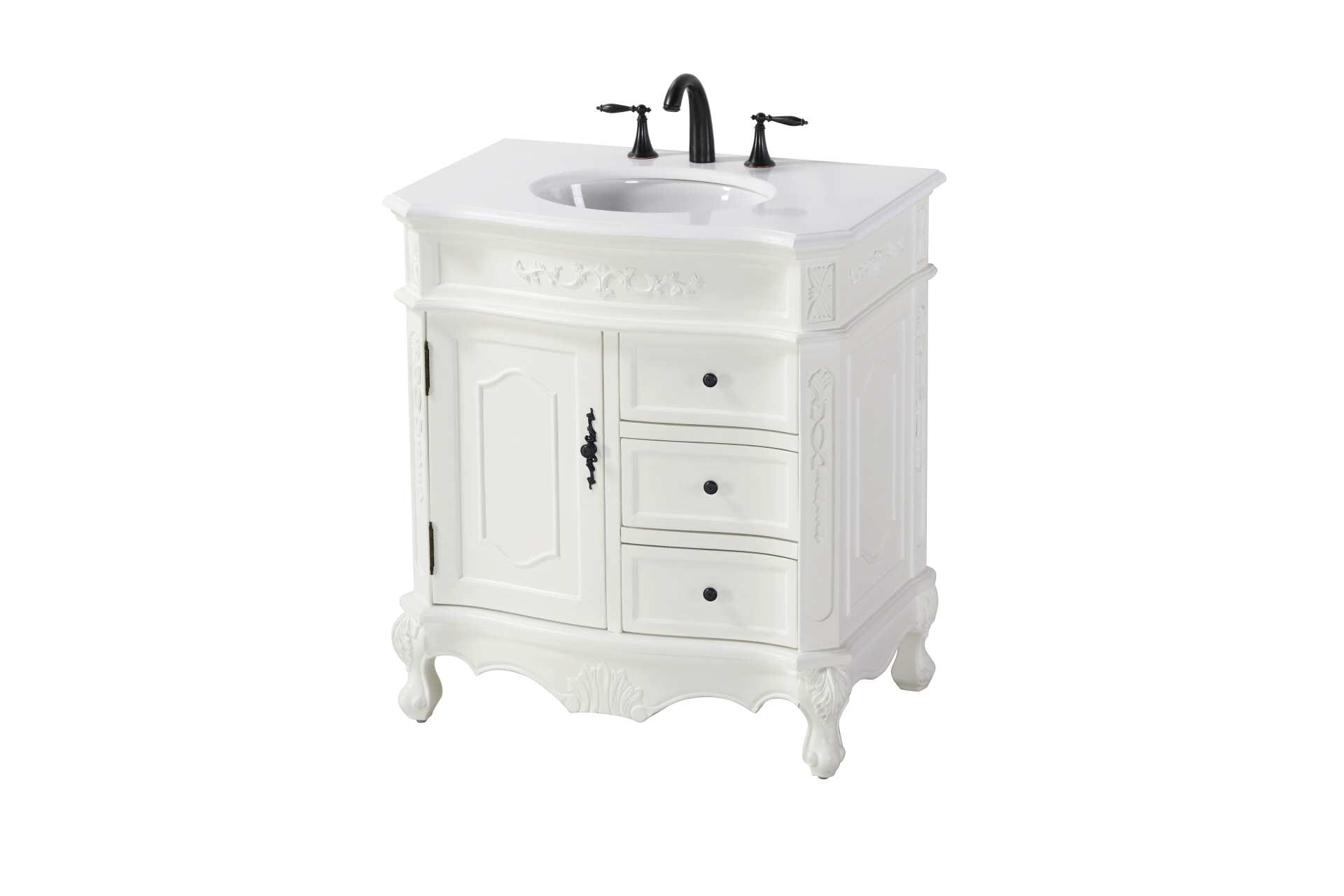 Specification Sheet
Dimensions
Length: 32"
Width: 21"
Height: 36"
Counter Top Length: 32"
Counter Top Width: 21"
Counter Top Height: 0.75"
Sink Width: 15.5"
Sink Depth: 12.25"
Sink Height: 7"
Sink Drain Hole Size: 1.75"
Faucet Hole Spacing: 8"3 Holes"
Specifications
Assembly Required: NO
Base Material: Solid wood and MDF
Counter Top Edge Style: Half bullnose
Counter Top Finish: Ivory white
Distressed Finish: yes
Faucet Type: Widespread
Finish (Color): Antique White
Vanity Material: Solid Wood and MDF
Hardware Finish: Antique bronze
Harware Material: Aluminum alloy
Number of Faucet Holes: 3
Number of Sinks: 1
Product Shape: Rectangle
Product Type: Bathroom Vanities
Product Warranty: 1 year limited
Sink Mounting Type: Undermount
Vanity Backsplash: NO
Vanity Mounting Type: Free-Standing
132
Wire Included: No
Wood Type: Birch
Shipment type: LTL
Drawers
Drawers Included: yes
Number of Drawers: 3
Drawer Width: 12
Drawer Depth: 14.5
Drawer Height: 6
Drawer Handle Designs: knobs
Shelves
Number of Shelves: 1
Shelf Width: 12.25
Cabinets
Number of Cabinets: 1
Cabinet Interior Width: 12.25
Cabinet Interior Depth: 17
Cabinet Interior Height: 20 - alternate view