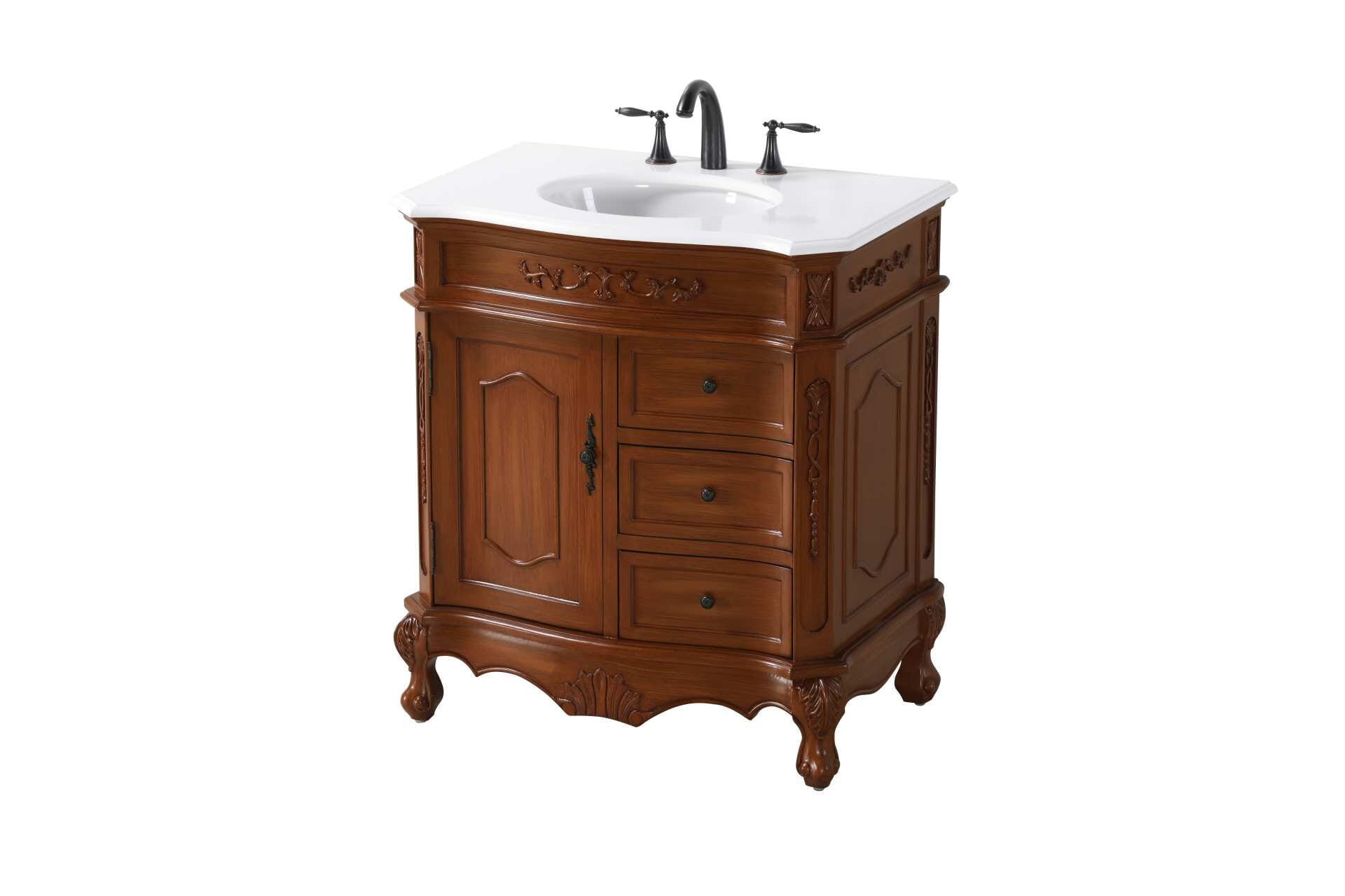 Specification Sheet
Dimensions
Length: 32"
Width: 21"
Height: 36"
Counter Top Length: 32"
Counter Top Width: 21"
Counter Top Height: 0.75"
Sink Width: 15.5"
Sink Depth: 12.25"
Sink Height: 7"
Sink Drain Hole Size: 1.75"
Faucet Hole Spacing: 8"3 Holes"
Specifications
Assembly Required: NO
Base Material: Solid wood and MDF
Counter Top Edge Style: Half bullnose
Counter Top Finish: Ivory white
Distressed Finish: yes
Faucet Type: Widespread
Finish (Color): Teak
Vanity Material: Solid Wood and MDF
Hardware Finish: Antique bronze
Harware Material: Aluminum alloy
Number of Faucet Holes: 3
Number of Sinks: 1
Product Shape: Rectangle
Product Type: Bathroom Vanities
Product Warranty: 1 year limited
Sink Mounting Type: Undermount
Vanity Backsplash: NO
Vanity Mounting Type: Free-Standing
132
Wire Included: No
Wood Type: Birch
Shipment type: LTL
Drawers
Drawers Included: yes
Number of Drawers: 3
Drawer Width: 12
Drawer Depth: 14.5
Drawer Height: 6
Drawer Handle Designs: knobs
Shelves
Number of Shelves: 1
Shelf Width: 12.25
Cabinets
Number of Cabinets: 1
Cabinet Interior Width: 12.25
Cabinet Interior Depth: 17
Cabinet Interior Height: 20 - alternate view