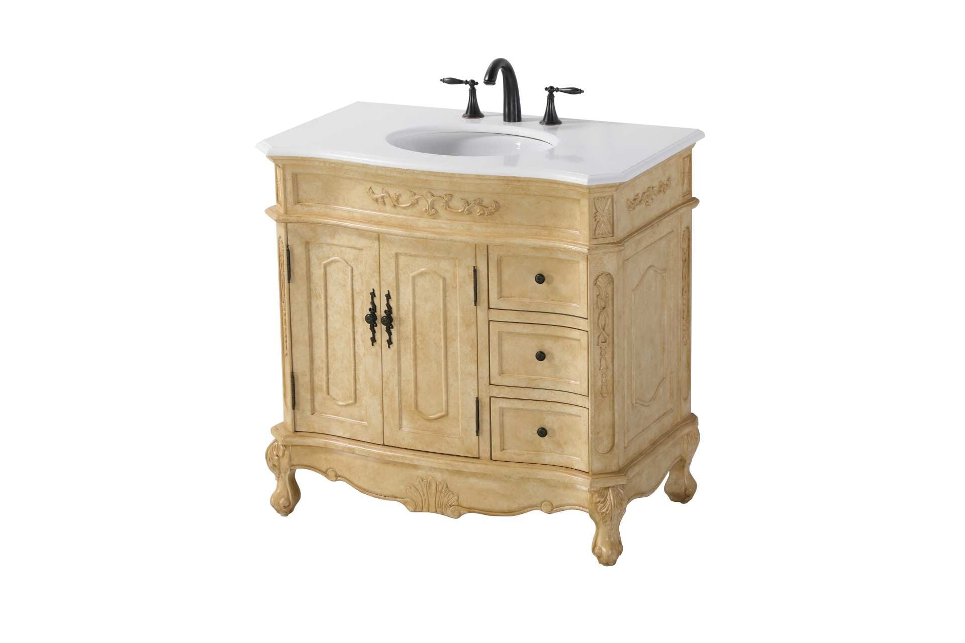 Specification Sheet
Dimensions
Length: 36"
Width: 21"
Height: 36"
Counter Top Length: 36"
Counter Top Width: 21"
Counter Top Height: 0.75"
Sink Width: 15.5"
Sink Depth: 12.25"
Sink Height: 7"
Sink Drain Hole Size: 1.75"
Faucet Hole Spacing: 8"3 Holes"
Specifications
Assembly Required: NO
Base Material: Solid wood and MDF
Counter Top Edge Style: Half bullnose
Counter Top Finish: Ivory white
Distressed Finish: yes
Faucet Type: Widespread
Finish (Color): Antique Beige
Vanity Material: Solid Wood and MDF
Hardware Finish: Antique bronze
Harware Material: Aluminum alloy
Number of Faucet Holes: 3
Number of Sinks: 1
Product Shape: Rectangle
Product Type: Bathroom Vanities
Product Warranty: 1 year limited
Sink Mounting Type: Undermount
Vanity Backsplash: NO
Vanity Mounting Type: Free-Standing
147
Wire Included: No
Wood Type: Birch
Shipment type: LTL
Drawers
Drawers Included: yes
Number of Drawers: 3
Drawer Width: 9.5
Drawer Depth: 14.5
Drawer Height: 6
Drawer Handle Designs: knobs
Shelves
Number of Shelves: 1
Shelf Width: 19
Cabinets
Number of Cabinets: 1
Cabinet Interior Width: 19
Cabinet Interior Depth: 17
Cabinet Interior Height: 20 - alternate view
