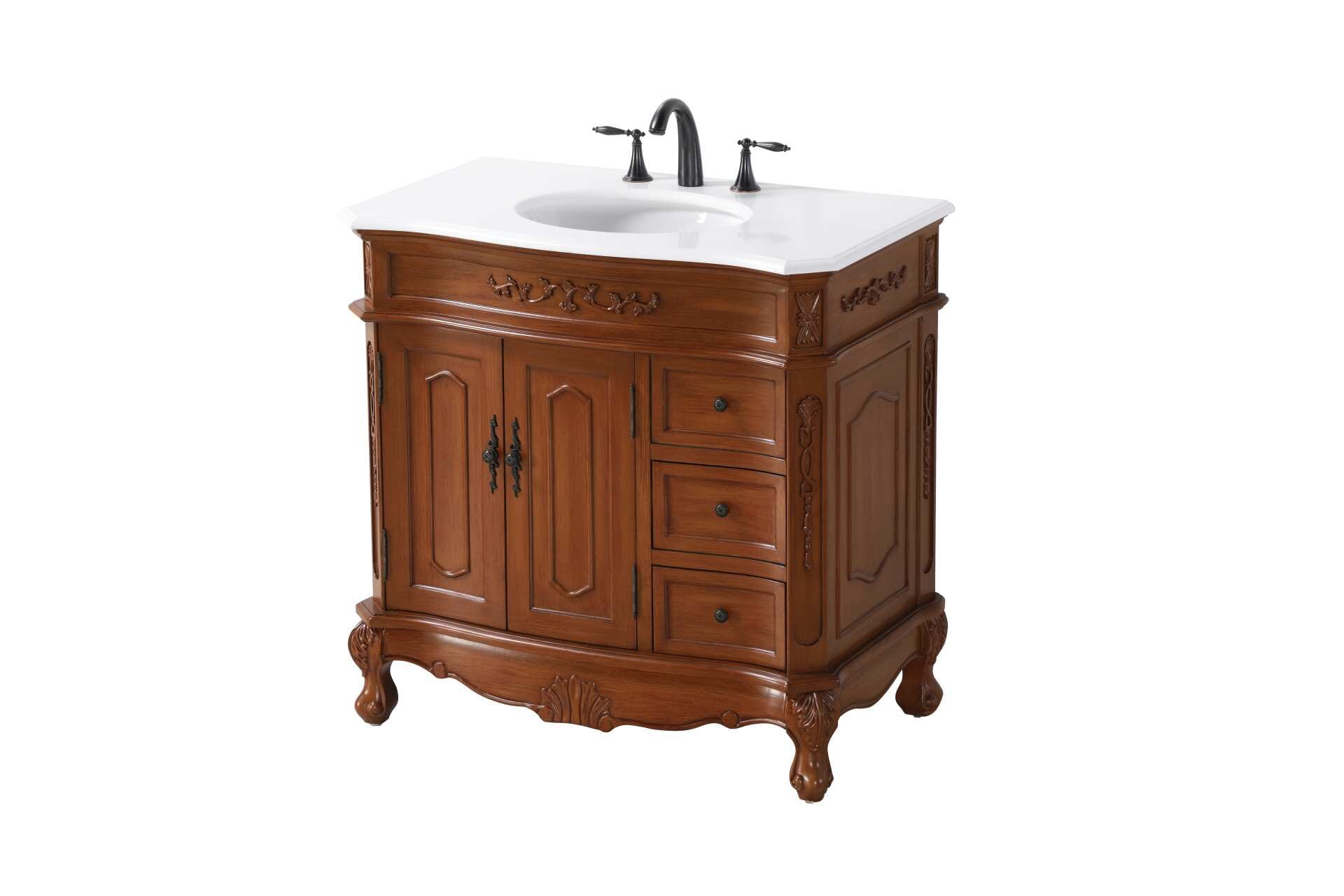 Specification Sheet
Dimensions
Length: 36"
Width: 21"
Height: 36"
Counter Top Length: 36"
Counter Top Width: 21"
Counter Top Height: 0.75"
Sink Width: 15.5"
Sink Depth: 12.25"
Sink Height: 7"
Sink Drain Hole Size: 1.75"
Faucet Hole Spacing: 8"3 Holes"
Specifications
Assembly Required: NO
Base Material: Solid wood and MDF
Counter Top Edge Style: Half bullnose
Counter Top Finish: Ivory white
Distressed Finish: yes
Faucet Type: Widespread
Finish (Color): Teak
Vanity Material: Solid Wood and MDF
Hardware Finish: Antique bronze
Harware Material: Aluminum alloy
Number of Faucet Holes: 3
Number of Sinks: 1
Product Shape: Rectangle
Product Type: Bathroom Vanities
Product Warranty: 1 year limited
Sink Mounting Type: Undermount
Vanity Backsplash: NO
Vanity Mounting Type: Free-Standing
147
Wire Included: No
Wood Type: Birch
Shipment type: LTL
Drawers
Drawers Included: yes
Number of Drawers: 3
Drawer Width: 9.5
Drawer Depth: 14.5
Drawer Height: 6
Drawer Handle Designs: knobs
Shelves
Number of Shelves: 1
Shelf Width: 19
Cabinets
Number of Cabinets: 1
Cabinet Interior Width: 19
Cabinet Interior Depth: 17
Cabinet Interior Height: 20 - alternate view