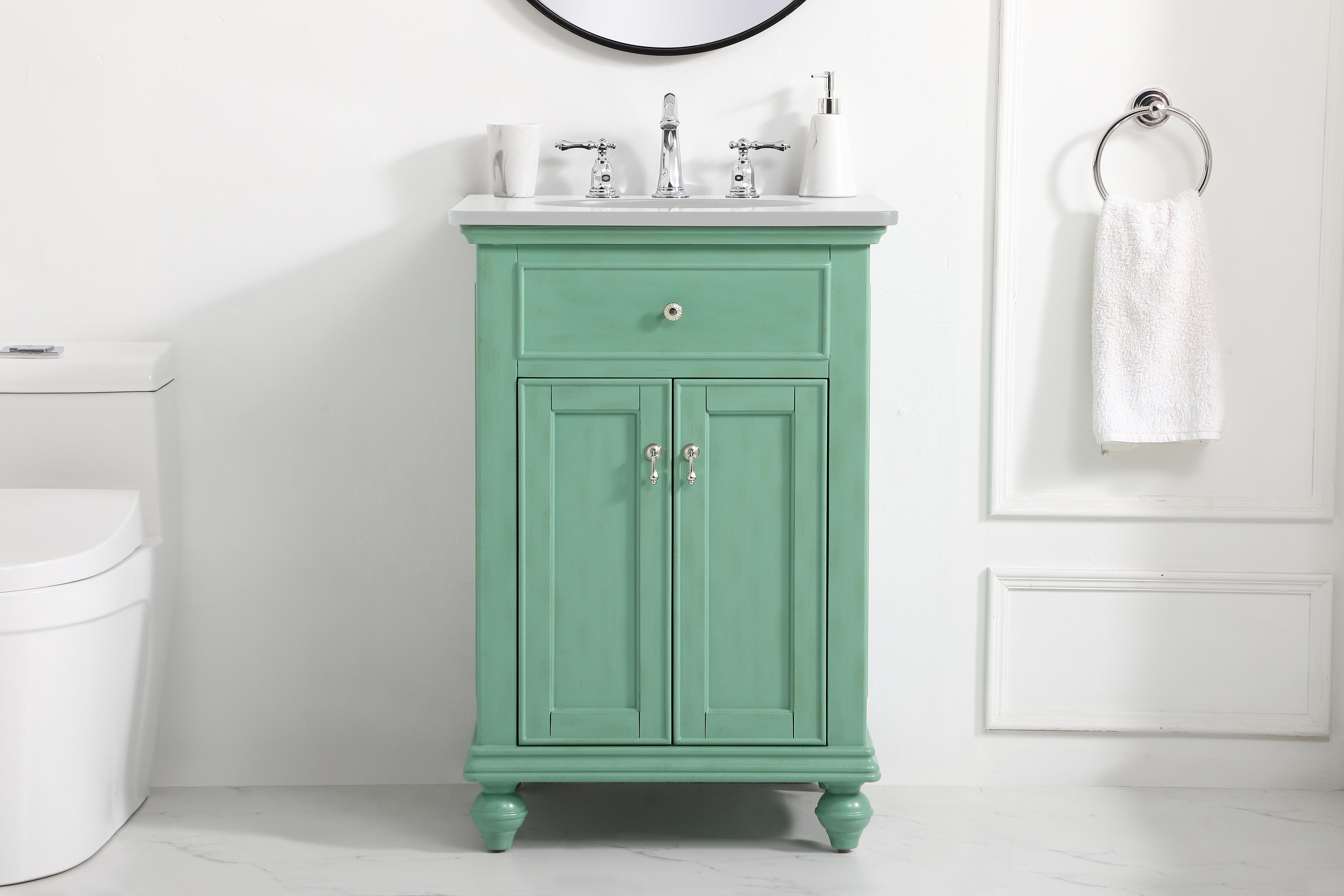 Dimensions
Length: 24"
Width: 21"
Height: 35"
Counter Top Length: 24"
Counter Top Width: 21"
Counter Top Height: 0.75"
Sink Width: 15.38"
Sink Depth: 12.25"
Sink Height: 7"
Sink Drain Hole Size: 1.75"
Faucet Hole Spacing: 8"3 Holes"
Specifications
Assembly Required: YES
Base Material: Solid wood and MDF
Counter Top Edge Style: straight
Counter Top Finish: Ivory white
Distressed Finish: Yes
Finish (Color): Vintage Mint
Fixture Material: Solid Wood and MDF
Hardware Finish: Brushed nickel
Harware Material: Aluminum alloy
Number of Faucet Holes: 3
Number of Sinks: 1
Product Shape: Rectangle
Product Type: Bathroom Vanities
Product Warranty: 1 year limited
Sink Mounting Type: Undermount
Vanity Backsplash: NO
Vanity Mounting Type: Free-Standing
Weight: 77
Wire Included: No
Wood Type: birch
Shipment type: Oversized Ground
US Shipping Cost: $125.00
Drawers
False Drawers: yes
Drawer Handle Designs: knobs
Shelves
Number of Shelves: 1
Shelf Width: 17
Cabinets
Number of Cabinets: 1
Cabinet Interior Width: 17
Cabinet Interior Depth: 18.125
Cabinet Interior Height: 20.125 - alternate view