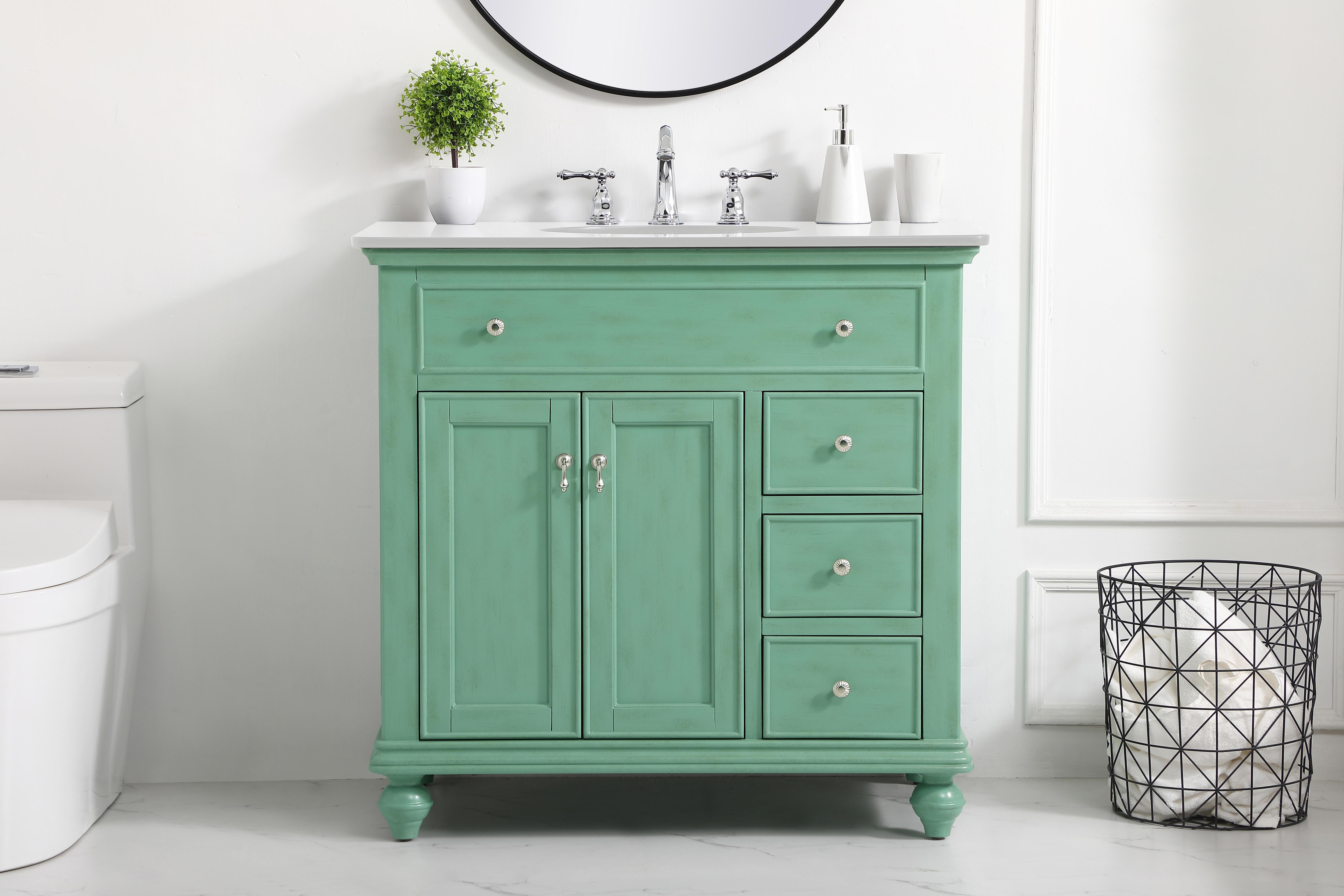 Dimensions
Length: 36"
Width: 21"
Height: 35"
Counter Top Length: 36"
Counter Top Width: 21"
Counter Top Height: 0.75"
Sink Width: 15.38"
Sink Depth: 12.25"
Sink Height: 7"
Sink Drain Hole Size: 1.75"
Faucet Hole Spacing: 8"3 Holes"
Specifications
Assembly Required: YES
Base Material: Solid wood and MDF
Counter Top Edge Style: straight
Counter Top Finish: Ivory white
Distressed Finish: Yes
Finish (Color): Vintage Mint
Fixture Material: Solid Wood and MDF
Hardware Finish: Brushed nickel
Harware Material: Aluminum alloy
Number of Faucet Holes: 3
Number of Sinks: 1
Product Shape: Rectangle
Product Type: Bathroom Vanities
Product Warranty: 1 year limited
Sink Mounting Type: Undermount
Vanity Backsplash: NO
Vanity Mounting Type: Free-Standing
Weight: 136
Wire Included: No
Wood Type: birch
Shipment type: LTL
US Shipping Cost: $152.00
Drawers
Drawers Included: yes
Number of Drawers: 3
False Drawers: yes
Drawer Width: 9.25
Drawer Depth: 14.25
Drawer Height: 6
Drawer Handle Designs: knobs
Shelves
Number of Shelves: 1
Shelf Width: 18.75
Cabinets
Number of Cabinets: 1
Cabinet Interior Width: 18.75
Cabinet Interior Depth: 18.125
Cabinet Interior Height: 20.125 - alternate view