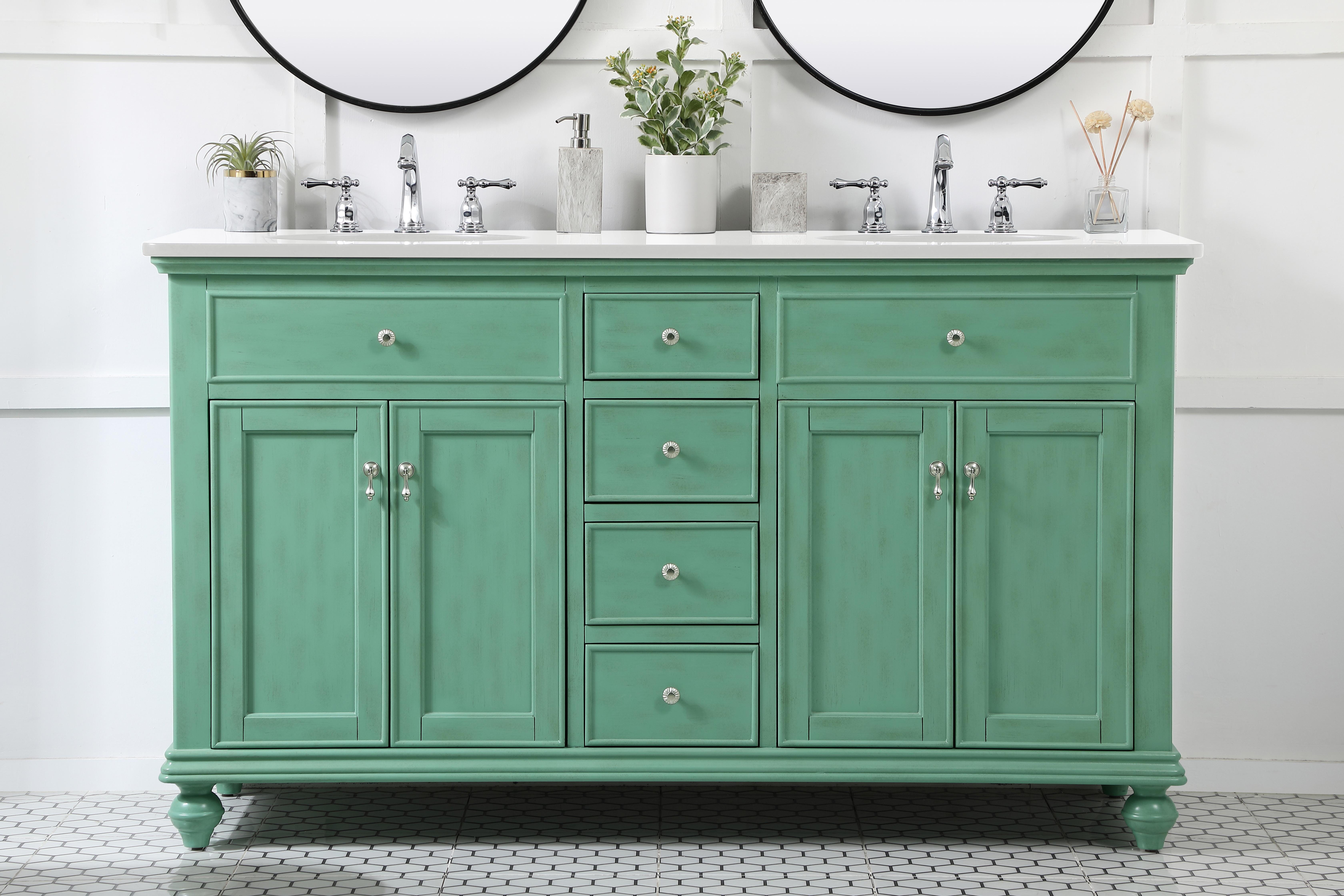 Dimensions
Length: 60"
Width: 21"
Height: 35"
Counter Top Length: 60"
Counter Top Width: 21"
Counter Top Height: 0.75"
Sink Width: 15.38"
Sink Depth: 12.25"
Sink Height: 7"
Sink Drain Hole Size: 1.75"
Faucet Hole Spacing: 8"3 Holes"
Specifications
Assembly Required: YES
Base Material: Solid wood and MDF
Counter Top Edge Style: straight
Counter Top Finish: Ivory white
Distressed Finish: Yes
Finish (Color): Vintage Mint
Fixture Material: Solid Wood and MDF
Hardware Finish: Brushed nickel
Harware Material: Aluminum alloy
Number of Faucet Holes: 6
Number of Sinks: 2
Product Shape: Rectangle
Product Type: Bathroom Vanities
Product Warranty: 1 year limited
Sink Mounting Type: Undermount
Vanity Backsplash: NO
Vanity Mounting Type: Free-Standing
Weight: 222
Wire Included: No
Wood Type: birch
Shipment type: LTL
US Shipping Cost: $241.00
Drawers
Drawers Included: yes
Number of Drawers: 4
False Drawers: yes
Drawer Width: Dw1:10 Dw2:10
Drawer Depth: Dw1:14.25 Dw2:14.25
Drawer Height: Dw1:5.13 Dw2:6
Drawer Handle Designs: knobs
Shelves
Number of Shelves: 2
Shelf Width: 20.5
Cabinets
Number of Cabinets: 2
Cabinet Interior Width: 20.5
Cabinet Interior Depth: 18.125
Cabinet Interior Height: 20.125 - alternate view