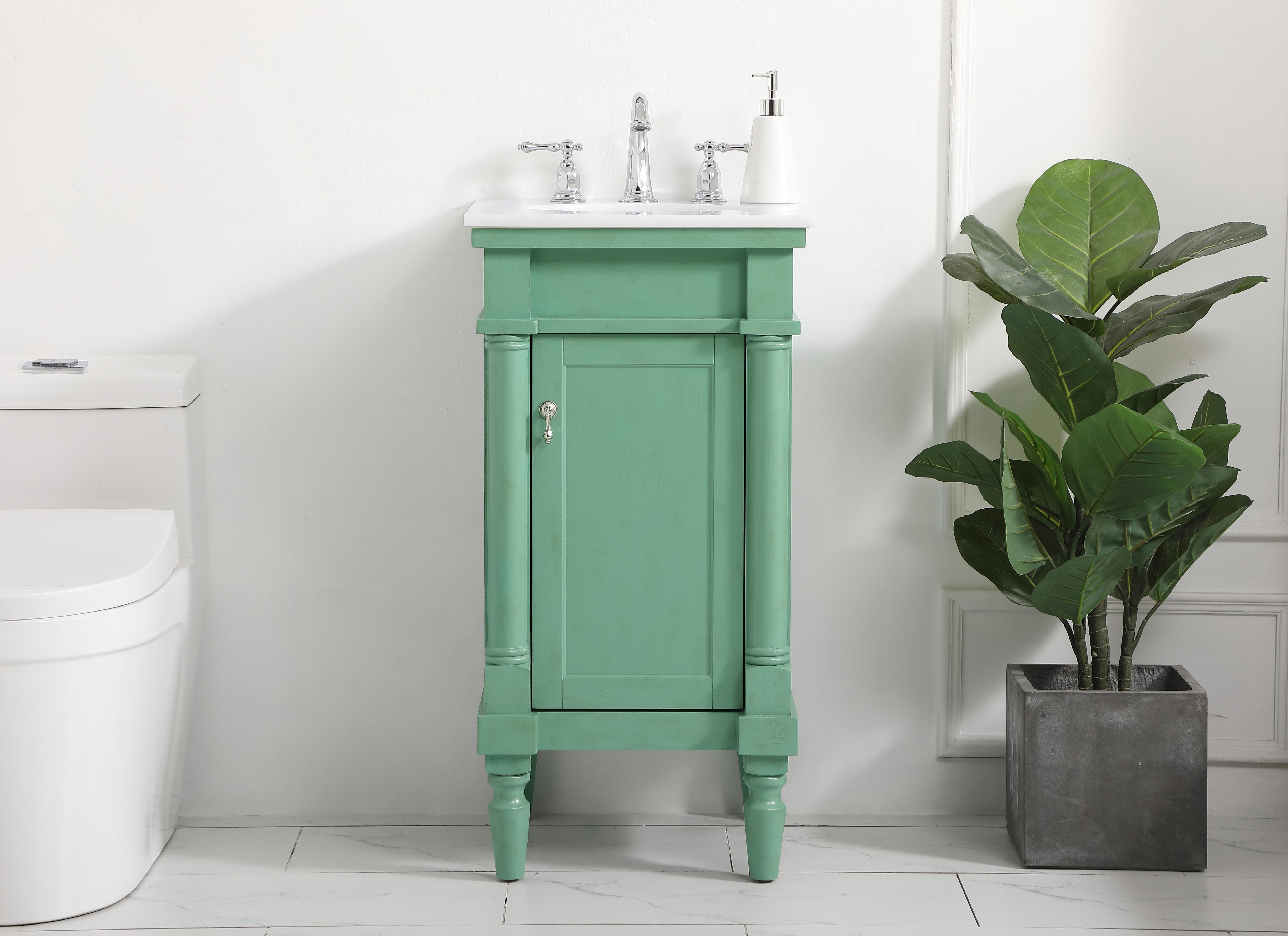 Dimensions
Length: 18.5"
Width: 19"
Height: 35"
Counter Top Length: 18.5"
Counter Top Width: 19.675"
Counter Top Height: 0.75"
Sink Width: 12.875"
Sink Depth: 10.625"
Sink Height: 7"
Sink Drain Hole Size: 1.75"
Faucet Hole Spacing: 8"3 Holes"
Specifications
Assembly Required: YES
Base Material: Solid wood and MDF
Counter Top Edge Style: straight
Counter Top Finish: Ivory white
Distressed Finish: Yes
Finish (Color): Vintage Mint
Fixture Material: Solid Wood and MDF
Hardware Finish: Brushed nickel
Harware Material: Aluminum alloy
Number of Faucet Holes: 3
Number of Sinks: 1
Product Shape: Rectangle
Product Type: Bathroom Vanities
Product Warranty: 1 year limited
Sink Mounting Type: Undermount
Vanity Backsplash: NO
Vanity Mounting Type: Free-Standing
Weight: 59
Wire Included: No
Wood Type: birch
Shipment type: Oversized Ground
US Shipping Cost: $47.00
Shelves
Number of Shelves: 1
Shelf Width: 11.625
Cabinets
Number of Cabinets: 1
Cabinet Interior Width: 11.625
Cabinet Interior Depth: 15
Cabinet Interior Height: 19 - alternate view