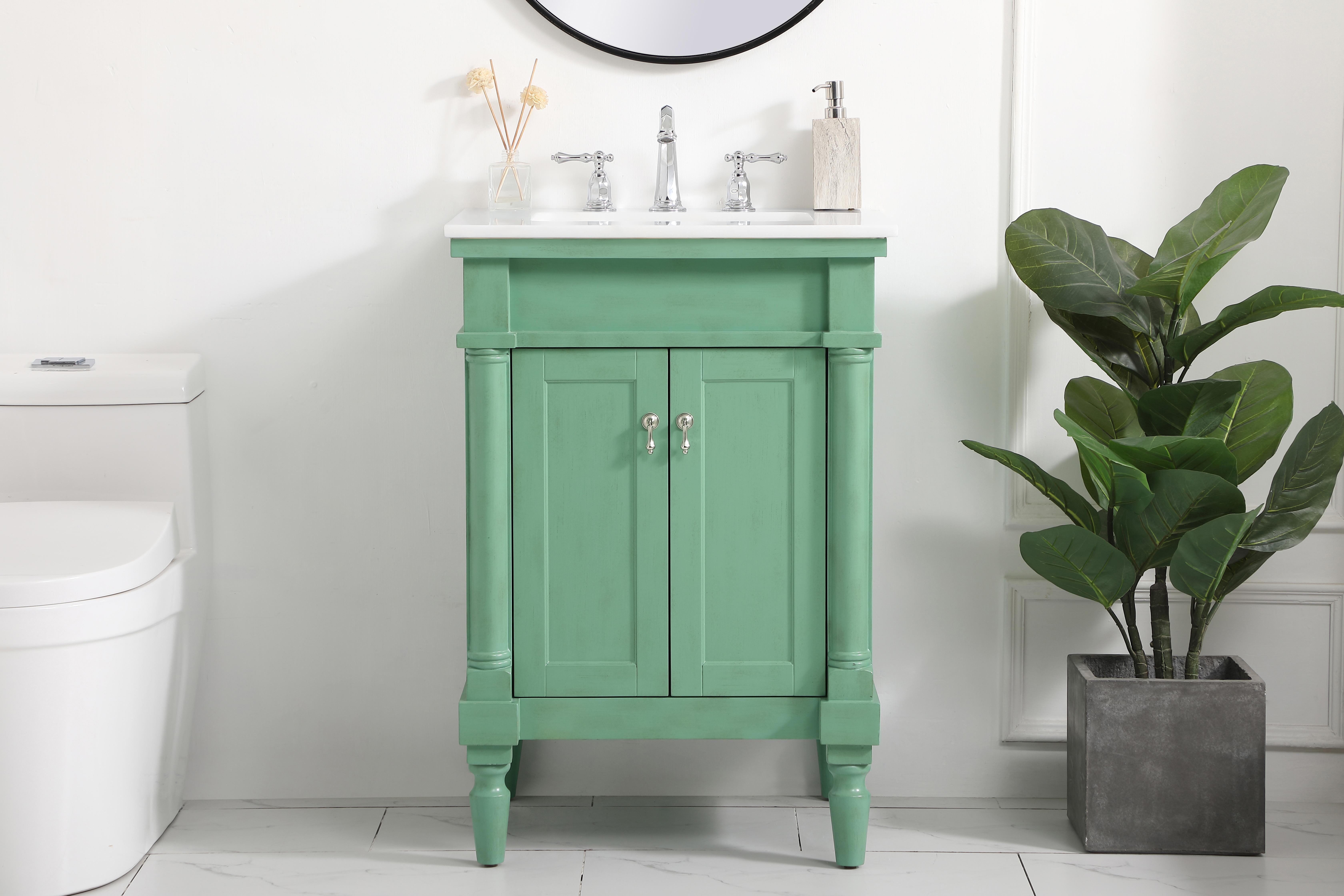 Dimensions
Length: 24"
Width: 21.5"
Height: 35"
Counter Top Length: 24"
Counter Top Width: 21.5"
Counter Top Height: 0.75"
Sink Width: 15.25"
Sink Depth: 11"
Sink Height: 7"
Sink Drain Hole Size: 1.75"
Faucet Hole Spacing: 8"3 Holes"
Specifications
Assembly Required: YES
Base Material: Solid wood and MDF
Counter Top Edge Style: straight
Counter Top Finish: Ivory white
Distressed Finish: Yes
Finish (Color): Vintage Mint
Fixture Material: Solid Wood and MDF
Hardware Finish: Brushed nickel
Harware Material: Aluminum alloy
Number of Faucet Holes: 3
Number of Sinks: 1
Product Shape: Rectangle
Product Type: Bathroom Vanities
Product Warranty: 1 year limited
Sink Mounting Type: Undermount
Vanity Backsplash: NO
Vanity Mounting Type: Free-Standing
Weight: 79
Wire Included: No
Wood Type: birch
Shipment type: Oversized Ground
US Shipping Cost: $120.00
Shelves
Number of Shelves: 1
Shelf Width: 17
Cabinets
Number of Cabinets: 1
Cabinet Interior Width: 17
Cabinet Interior Depth: 16.675
Cabinet Interior Height: 19 - alternate view