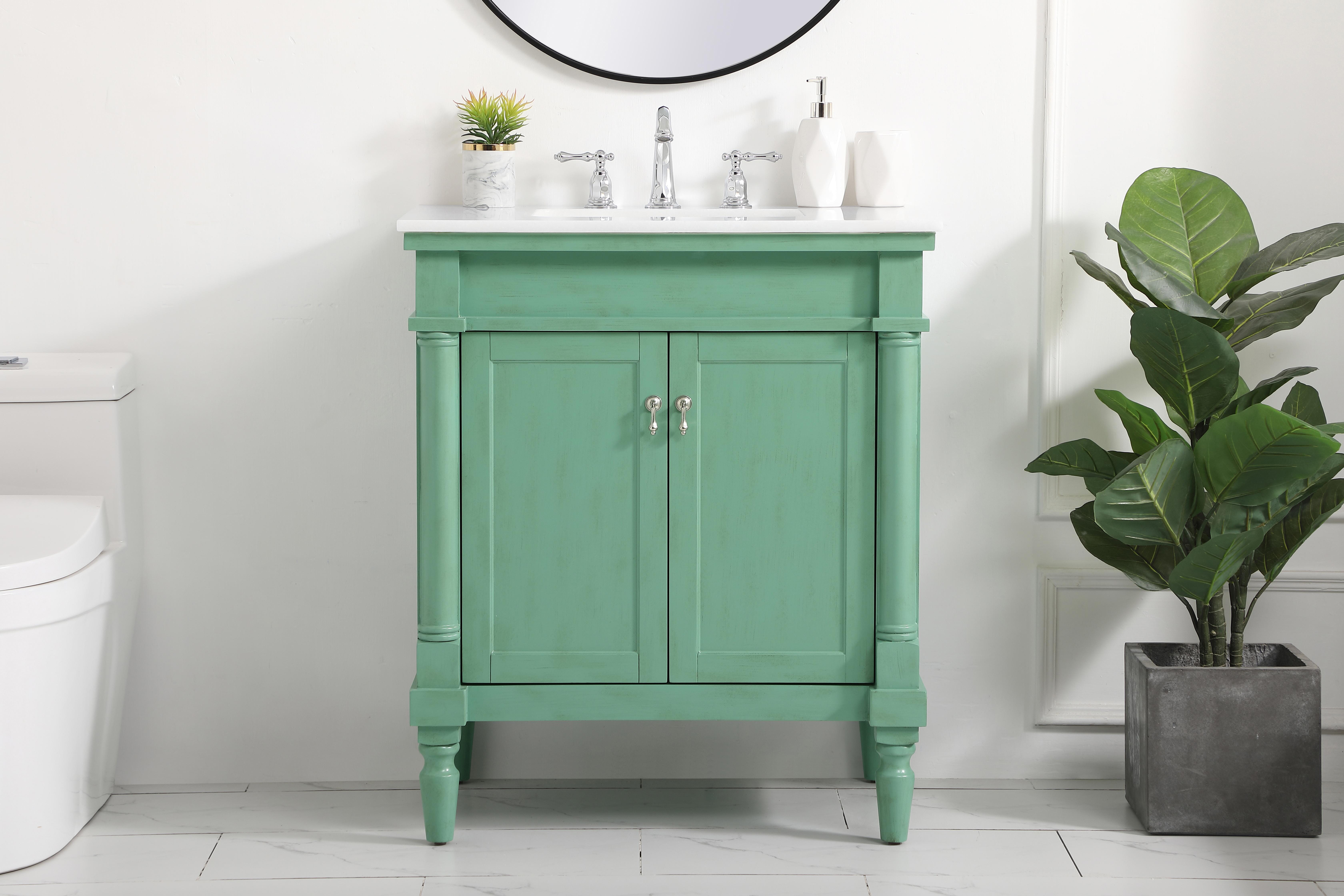 Dimensions
Length: 30"
Width: 21.5"
Height: 35"
Counter Top Length: 30"
Counter Top Width: 21.5"
Counter Top Height: 0.75"
Sink Width: 15.25"
Sink Depth: 11"
Sink Height: 7"
Sink Drain Hole Size: 1.75"
Faucet Hole Spacing: 8"3 Holes"
Specifications
Assembly Required: YES
Base Material: Solid wood and MDF
Counter Top Edge Style: straight
Counter Top Finish: Ivory white
Distressed Finish: Yes
Finish (Color): Vintage Mint
Fixture Material: Solid Wood and MDF
Hardware Finish: Brushed nickel
Harware Material: Aluminum alloy
Number of Faucet Holes: 3
Number of Sinks: 1
Product Shape: Rectangle
Product Type: Bathroom Vanities
Product Warranty: 1 year limited
Sink Mounting Type: Undermount
Vanity Backsplash: NO
Vanity Mounting Type: Free-Standing
Weight: 92
Wire Included: No
Wood Type: birch
Shipment type: Oversized Ground
US Shipping Cost: $142.00
Shelves
Number of Shelves: 1
Shelf Width: 23
Cabinets
Number of Cabinets: 1
Cabinet Interior Width: 23
Cabinet Interior Depth: 15.875
Cabinet Interior Height: 19 - alternate view