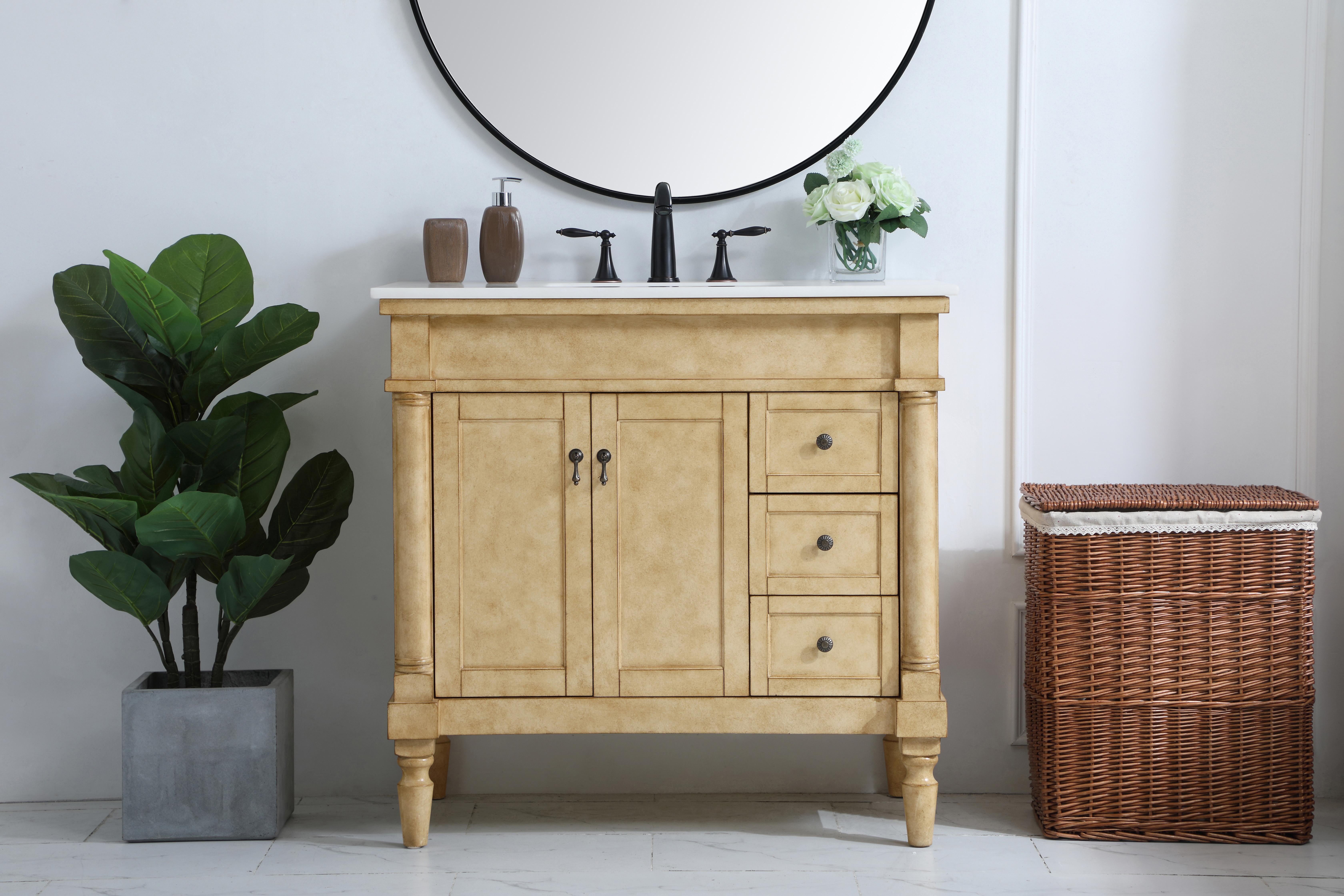 Dimensions
Length: 36"
Width: 21.5"
Height: 35"
Counter Top Length: 36"
Counter Top Width: 21.5"
Counter Top Height: 0.75"
Sink Width: 15.25"
Sink Depth: 11"
Sink Height: 7"
Sink Drain Hole Size: 1.75"
Faucet Hole Spacing: 8"3 Holes"
Specifications
Assembly Required: YES
Base Material: Solid wood and MDF
Counter Top Edge Style: straight
Counter Top Finish: Ivory white
Distressed Finish: Yes
Finish (Color): Antique Bronze
Fixture Material: Solid Wood and MDF
Hardware Finish: Antique bronze
Harware Material: Aluminum alloy
Number of Faucet Holes: 3
Number of Sinks: 1
Product Shape: Rectangle
Product Type: Bathroom Vanities
Product Warranty: 1 year limited
Sink Mounting Type: Undermount
Vanity Backsplash: NO
Vanity Mounting Type: Free-Standing
Weight: 125
Wire Included: No
Wood Type: birch
Shipment type: LTL
US Shipping Cost: $162.00
Drawers
Drawers Included: yes
Number of Drawers: 3
Drawer Width: 9.375
Drawer Depth: 14
Drawer Height: 6.375
Drawer Handle Designs: knobs
Shelves
Number of Shelves: 1
Shelf Width: 19.625
Cabinets
Number of Cabinets: 1
Cabinet Interior Width: 19.625
Cabinet Interior Depth: 16.675
Cabinet Interior Height: 19 - alternate view