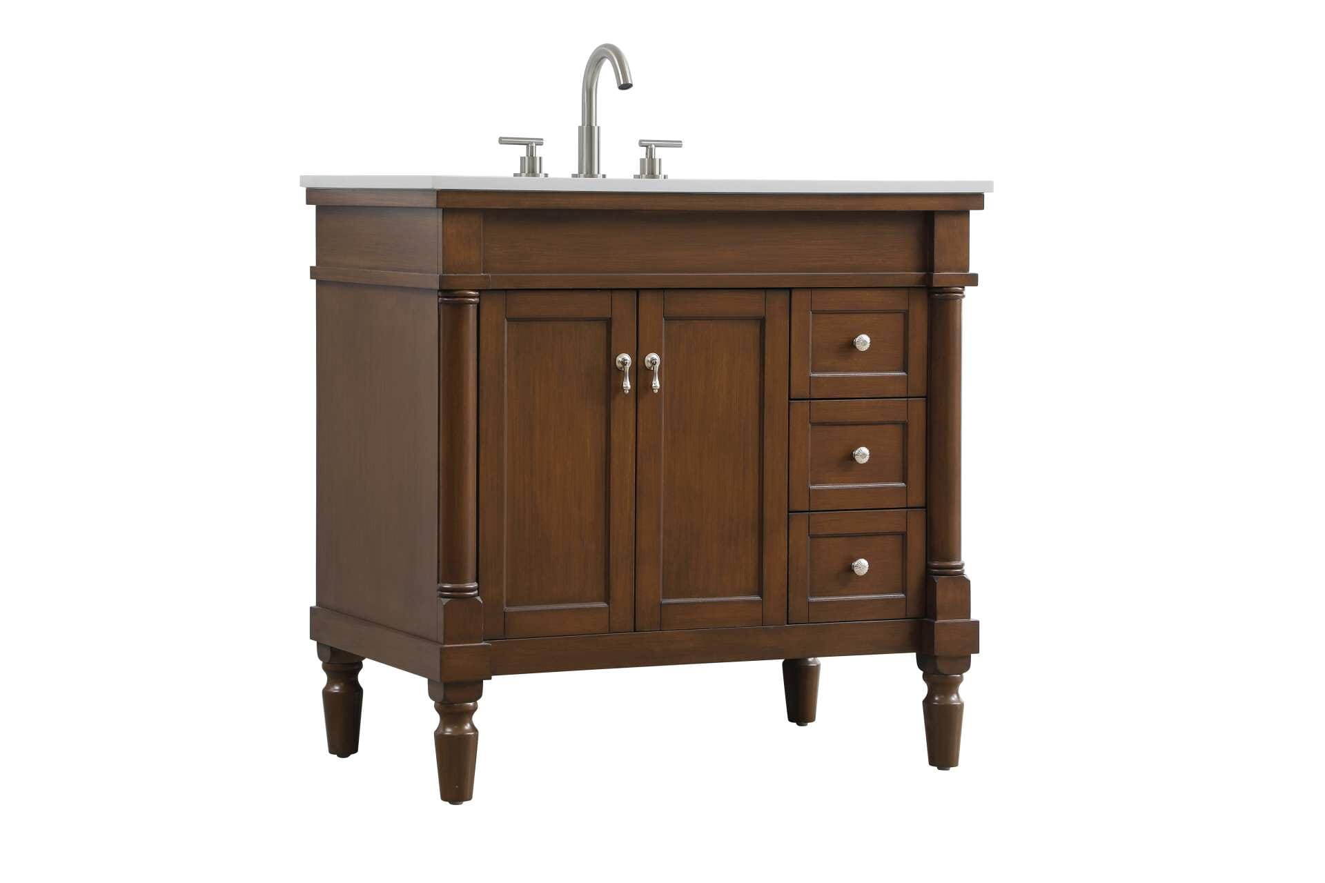 Dimensions
Length: 36"
Width: 21.5"
Height: 35"
Counter Top Length: 36"
Counter Top Width: 21.5"
Counter Top Height: 0.75"
Sink Width: 15.25"
Sink Depth: 11"
Sink Height: 7"
Sink Drain Hole Size: 1.75"
Faucet Hole Spacing: 8"3 Holes"
Specifications
Assembly Required: YES
Base Material: Solid wood and MDF
Counter Top Edge Style: straight
Counter Top Finish: Ivory white
Distressed Finish: Yes
Finish (Color): Walnut
Fixture Material: Solid Wood and MDF
Hardware Finish: Brushed nickel
Harware Material: Aluminum alloy
Number of Faucet Holes: 3
Number of Sinks: 1
Product Shape: Rectangle
Product Type: Bathroom Vanities
Product Warranty: 1 year limited
Sink Mounting Type: Undermount
Vanity Backsplash: NO
Vanity Mounting Type: Free-Standing
Weight: 125
Wire Included: No
Wood Type: birch
Shipment type: LTL
US Shipping Cost: $162.00
Drawers
Drawers Included: yes
Number of Drawers: 3
Drawer Width: 9.375
Drawer Depth: 14
Drawer Height: 6.375
Drawer Handle Designs: knobs
Shelves
Number of Shelves: 1
Shelf Width: 19.625
Cabinets
Number of Cabinets: 1
Cabinet Interior Width: 19.625
Cabinet Interior Depth: 16.675
Cabinet Interior Height: 19 - alternate view
