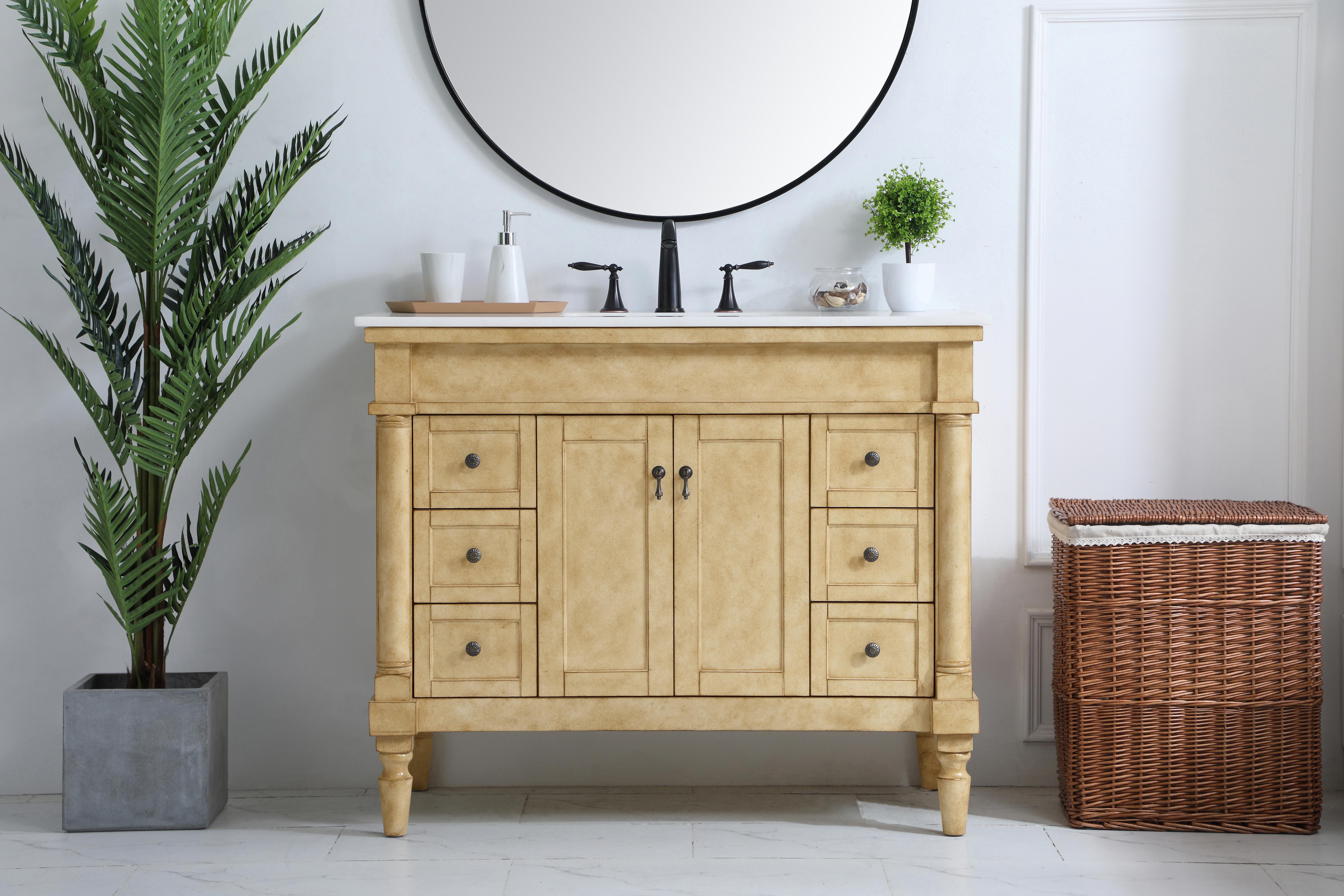 Dimensions
Length: 42"
Width: 21.5"
Height: 35"
Counter Top Length: 42"
Counter Top Width: 21.5"
Counter Top Height: 0.75"
Sink Width: 15.25"
Sink Depth: 11"
Sink Height: 7"
Sink Drain Hole Size: 1.75"
Faucet Hole Spacing: 8"3 Holes"
Specifications
Assembly Required: YES
Base Material: Solid wood and MDF
Counter Top Edge Style: straight
Counter Top Finish: Ivory white
Distressed Finish: Yes
Finish (Color): Antique Beige
Fixture Material: Solid Wood and MDF
Hardware Finish: Antique bronze
Harware Material: Aluminum alloy
Number of Faucet Holes: 3
Number of Sinks: 1
Product Shape: Rectangle
Product Type: Bathroom Vanities
Product Warranty: 1 year limited
Sink Mounting Type: Undermount
Vanity Backsplash: NO
Vanity Mounting Type: Free-Standing
Weight: 163
Wire Included: No
Wood Type: birch
Shipment type: LTL
US Shipping Cost: $161.00
Drawers
Drawers Included: yes
Number of Drawers: 6
Drawer Width: 8.375
Drawer Depth: 14
Drawer Height: 6.375
Drawer Handle Designs: knobs
Shelves
Number of Shelves: 1
Shelf Width: 18.25
Cabinets
Number of Cabinets: 1
Cabinet Interior Width: 18.25
Cabinet Interior Depth: 16.675
Cabinet Interior Height: 19 - alternate view