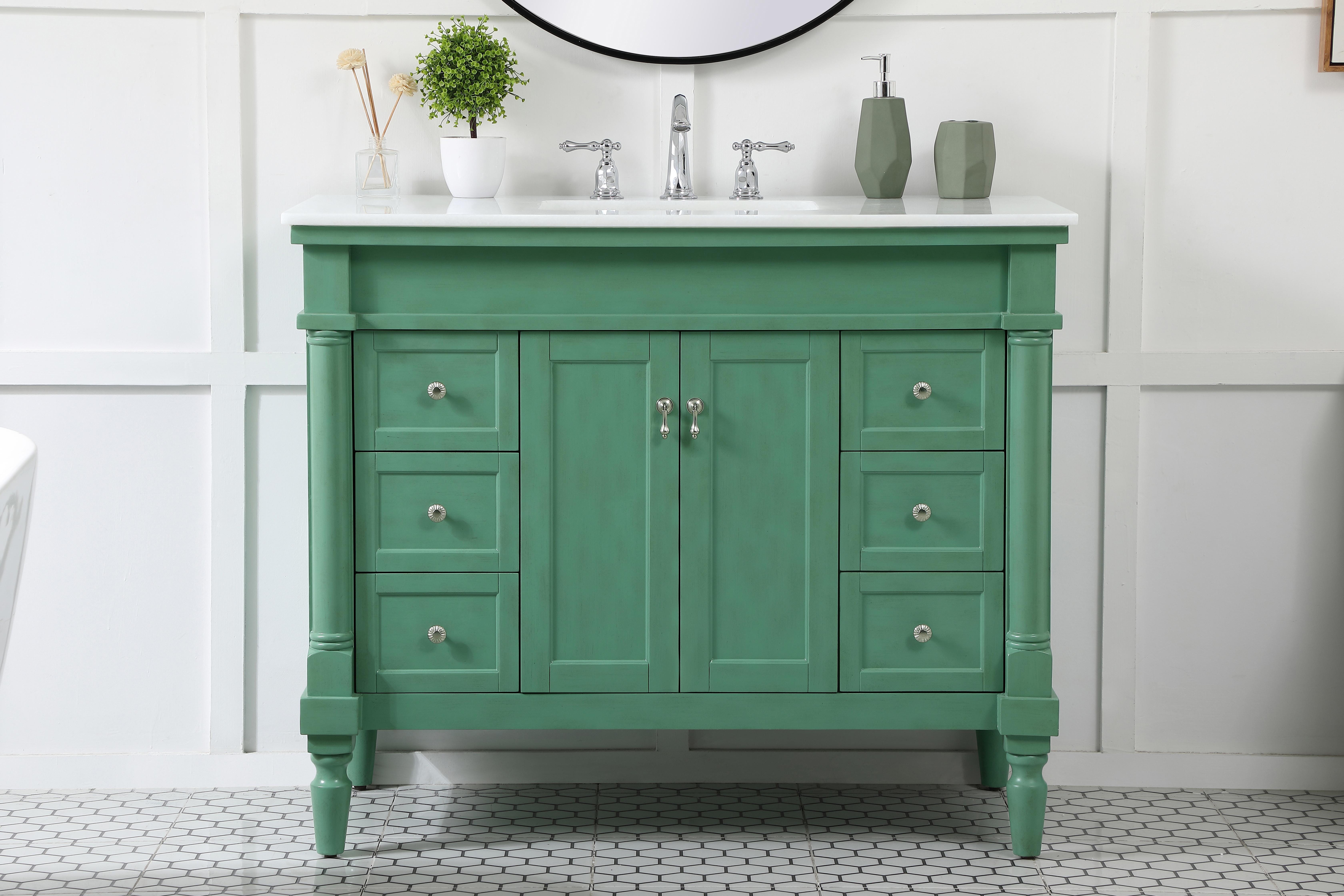 Dimensions
Length: 42"
Width: 21.5"
Height: 35"
Counter Top Length: 42"
Counter Top Width: 21.5"
Counter Top Height: 0.75"
Sink Width: 15.25"
Sink Depth: 11"
Sink Height: 7"
Sink Drain Hole Size: 1.75"
Faucet Hole Spacing: 8"3 Holes"
Specifications
Assembly Required: YES
Base Material: Solid wood and MDF
Counter Top Edge Style: straight
Counter Top Finish: Ivory white
Distressed Finish: Yes
Finish (Color): Vintage Mint
Fixture Material: Solid Wood and MDF
Hardware Finish: Brushed nickel
Harware Material: Aluminum alloy
Number of Faucet Holes: 3
Number of Sinks: 1
Product Shape: Rectangle
Product Type: Bathroom Vanities
Product Warranty: 1 year limited
Sink Mounting Type: Undermount
Vanity Backsplash: NO
Vanity Mounting Type: Free-Standing
Weight: 163
Wire Included: No
Wood Type: birch
Shipment type: LTL
US Shipping Cost: $161.00
Drawers
Drawers Included: yes
Number of Drawers: 6
Drawer Width: 8.375
Drawer Depth: 14
Drawer Height: 6.375
Drawer Handle Designs: knobs
Shelves
Number of Shelves: 1
Shelf Width: 18.25
Cabinets
Number of Cabinets: 1
Cabinet Interior Width: 18.25
Cabinet Interior Depth: 16.675
Cabinet Interior Height: 19 - alternate view