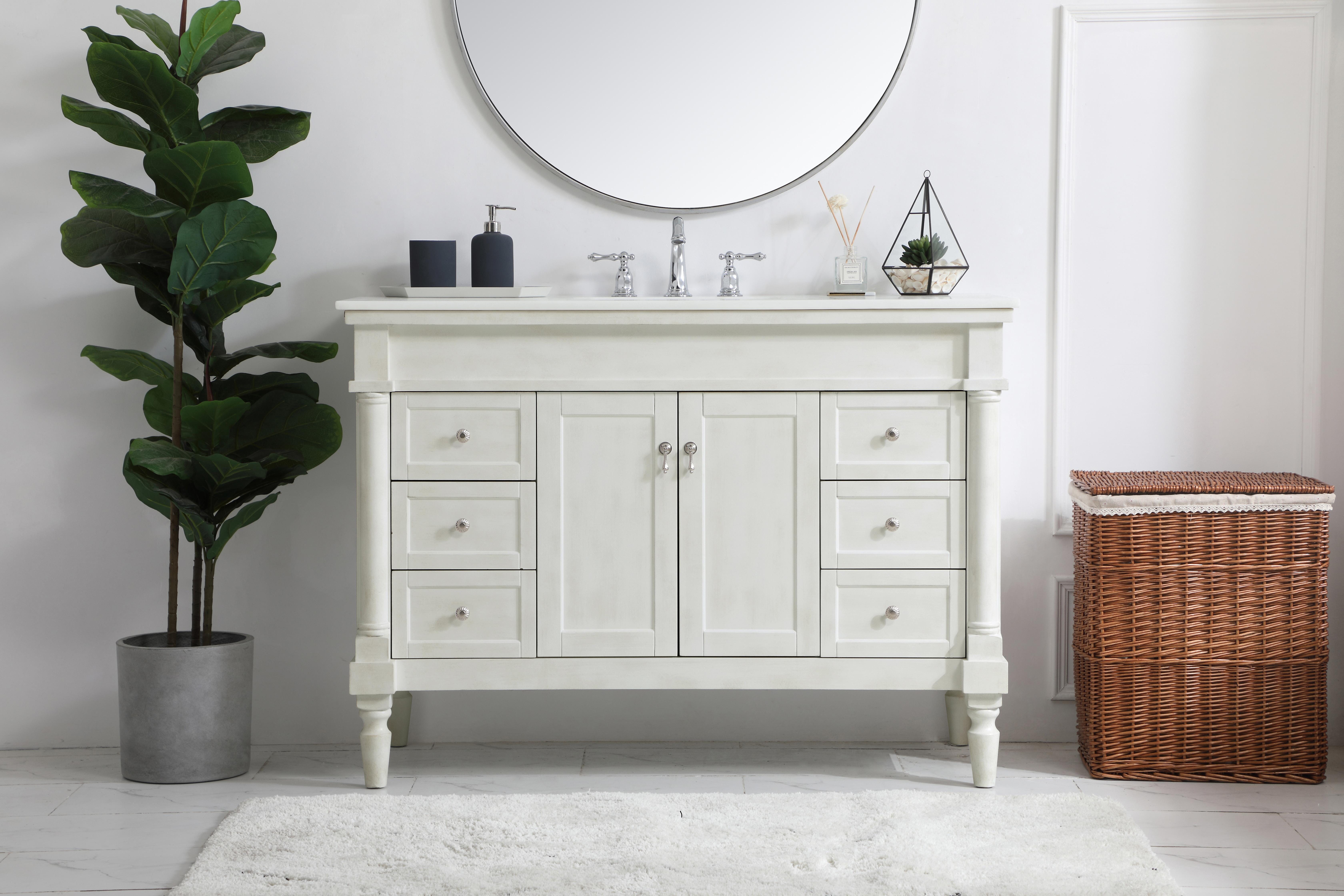 Dimensions
Length: 48"
Width: 21.5"
Height: 35"
Counter Top Length: 48"
Counter Top Width: 21.5"
Counter Top Height: 0.75"
Sink Width: 15.25"
Sink Depth: 11"
Sink Height: 7"
Sink Drain Hole Size: 1.75"
Faucet Hole Spacing: 8"3 Holes"
Specifications
Assembly Required: YES
Base Material: Solid wood and MDF
Counter Top Edge Style: straight
Counter Top Finish: Ivory white
Distressed Finish: Yes
Finish (Color): Antique White
Fixture Material: Solid Wood and MDF
Hardware Finish: Brushed nickel
Harware Material: Aluminum alloy
Number of Faucet Holes: 3
Number of Sinks: 1
Product Shape: Rectangle
Product Type: Bathroom Vanities
Product Warranty: 1 year limited
Sink Mounting Type: Undermount
Vanity Backsplash: NO
Vanity Mounting Type: Free-Standing
Weight: 176
Wire Included: No
Wood Type: birch
Shipment type: LTL
US Shipping Cost: $175.00
Drawers
Drawers Included: yes
Number of Drawers: 6
Drawer Width: 10.375
Drawer Depth: 14
Drawer Height: 6.375
Drawer Handle Designs: knobs
Shelves
Number of Shelves: 1
Shelf Width: 20.25
Cabinets
Number of Cabinets: 1
Cabinet Interior Width: 20.25
Cabinet Interior Depth: 16.675
Cabinet Interior Height: 19 - alternate view