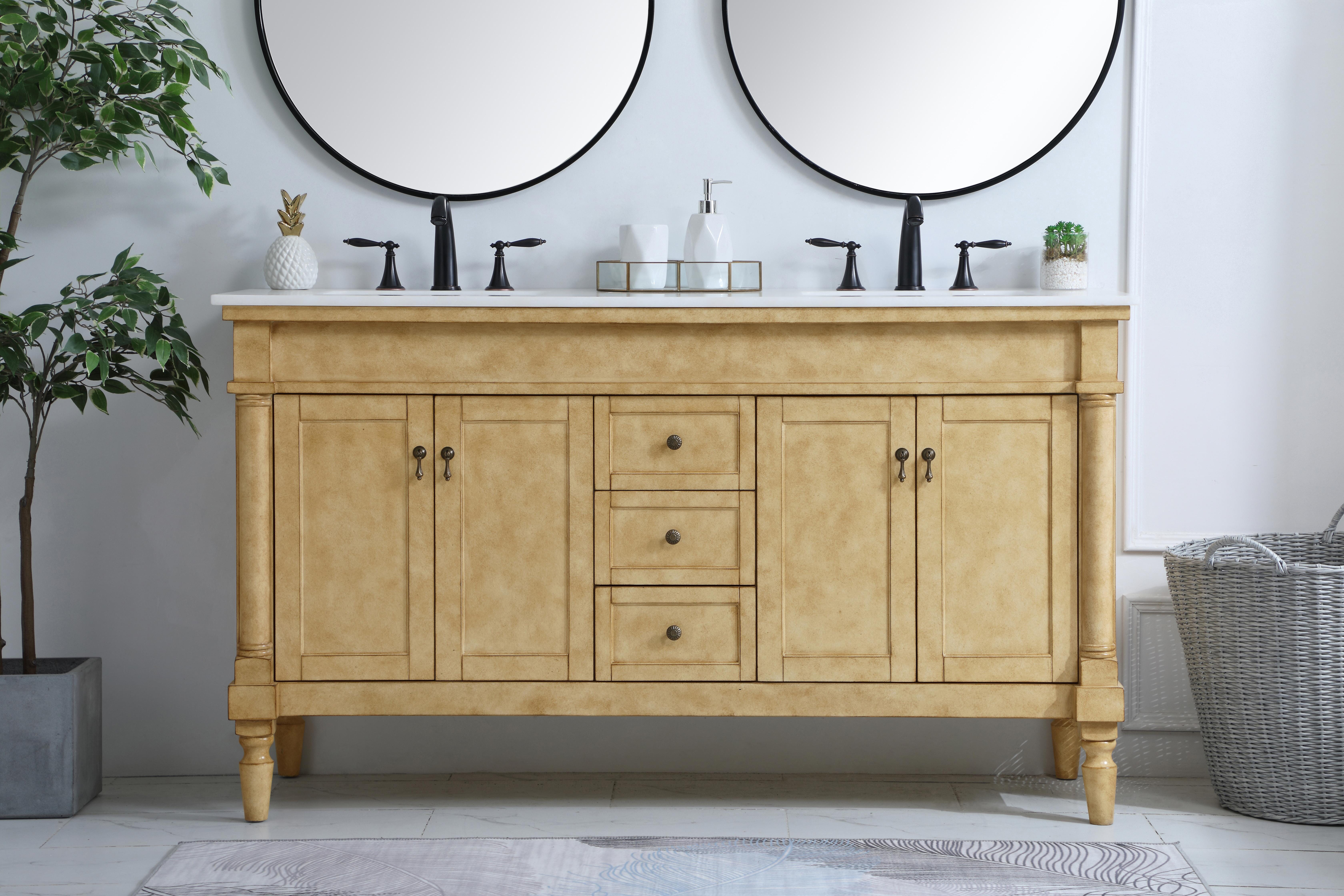 Dimensions
Length: 60"
Width: 21.5"
Height: 35"
Counter Top Length: 60"
Counter Top Width: 21.5"
Counter Top Height: 0.75"
Sink Width: 15.25"
Sink Depth: 11"
Sink Height: 7"
Sink Drain Hole Size: 1.75"
Faucet Hole Spacing: 8"3 Holes"
Specifications
Assembly Required: YES
Base Material: Solid wood and MDF
Counter Top Edge Style: straight
Counter Top Finish: Ivory white
Distressed Finish: Yes
Finish (Color): Antique Beige
Fixture Material: Solid Wood and MDF
Hardware Finish: Antique bronze
Harware Material: Aluminum alloy
Number of Faucet Holes: 6
Number of Sinks: 2
Product Shape: Rectangle
Product Type: Bathroom Vanities
Product Warranty: 1 year limited
Sink Mounting Type: Undermount
Vanity Backsplash: NO
Vanity Mounting Type: Free-Standing
Weight: 189
Wire Included: No
Wood Type: birch
Shipment type: LTL
Drawers
Drawers Included: yes
Number of Drawers: 3
Drawer Width: 10.75
Drawer Depth: 14
Drawer Height: 6.375
Drawer Handle Designs: knobs
Shelves
Number of Shelves: 2
Shelf Width: 21.25
Cabinets
Number of Cabinets: 2
Cabinet Interior Width: 21.25
Cabinet Interior Depth: 16.675
Cabinet Interior Height: 19 - alternate view