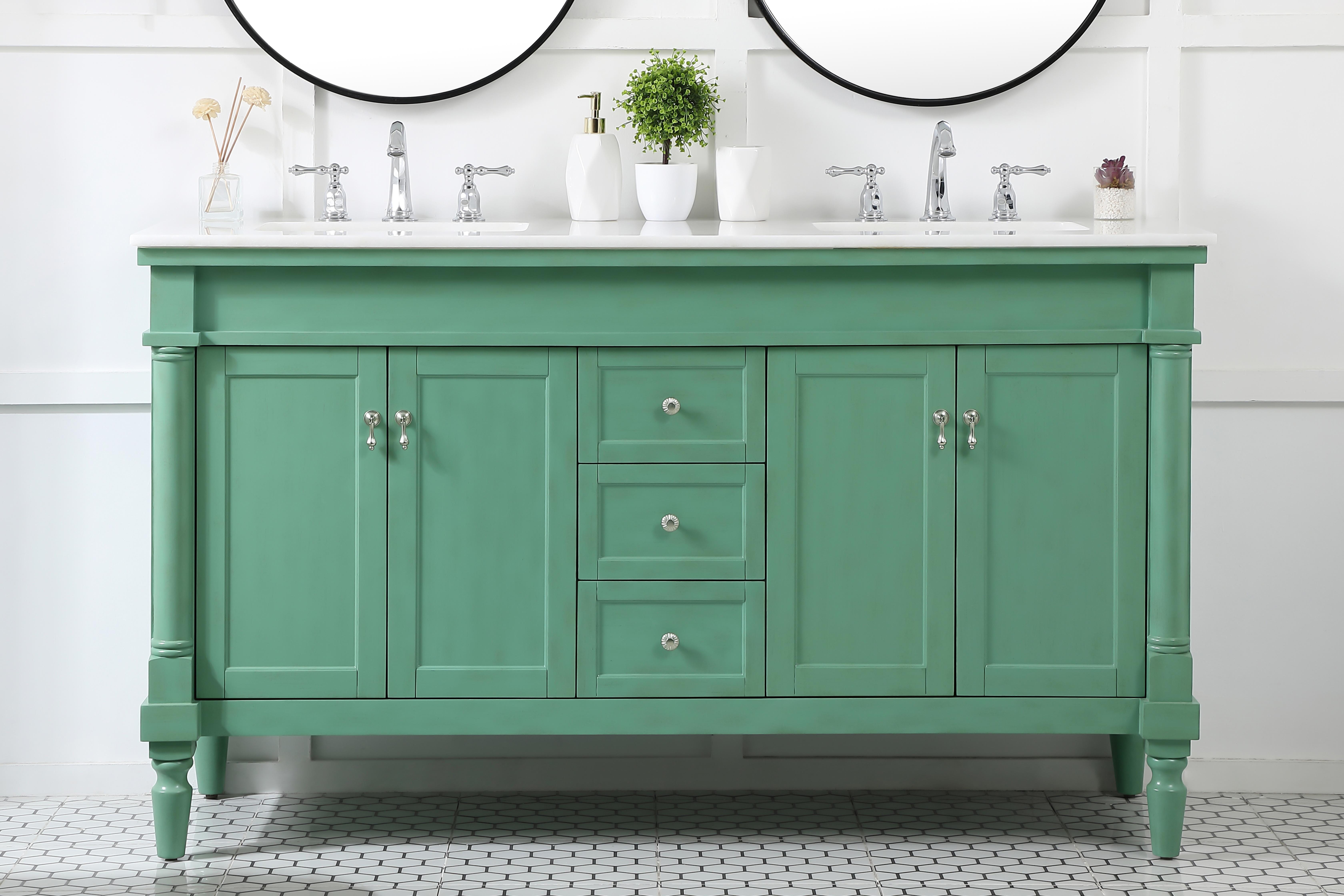 Dimensions
Length: 60"
Width: 21.5"
Height: 35"
Counter Top Length: 60"
Counter Top Width: 21.5"
Counter Top Height: 0.75"
Sink Width: 15.25"
Sink Depth: 11"
Sink Height: 7"
Sink Drain Hole Size: 1.75"
Faucet Hole Spacing: 8"3 Holes"
Specifications
Assembly Required: YES
Base Material: Solid wood and MDF
Counter Top Edge Style: straight
Counter Top Finish: Ivory white
Distressed Finish: Yes
Finish (Color): Vintage Mint
Fixture Material: Solid Wood and MDF
Hardware Finish: Brushed nickel
Harware Material: Aluminum alloy
Number of Faucet Holes: 6
Number of Sinks: 2
Product Shape: Rectangle
Product Type: Bathroom Vanities
Product Warranty: 1 year limited
Sink Mounting Type: Undermount
Vanity Backsplash: NO
Vanity Mounting Type: Free-Standing
Weight: 189
Wire Included: No
Wood Type: birch
Shipment type: LTL
Drawers
Drawers Included: yes
Number of Drawers: 3
Drawer Width: 10.75
Drawer Depth: 14
Drawer Height: 6.375
Drawer Handle Designs: knobs
Shelves
Number of Shelves: 2
Shelf Width: 21.25
Cabinets
Number of Cabinets: 2
Cabinet Interior Width: 21.25
Cabinet Interior Depth: 16.675
Cabinet Interior Height: 19 - alternate view