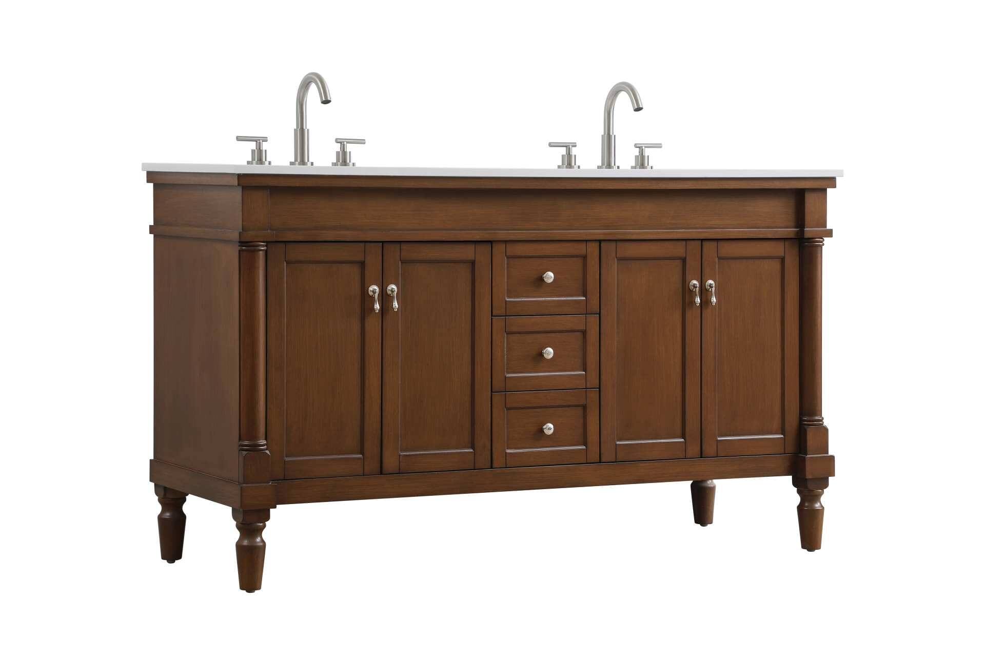 Dimensions
Length: 60"
Width: 21.5"
Height: 35"
Counter Top Length: 60"
Counter Top Width: 21.5"
Counter Top Height: 0.75"
Sink Width: 15.25"
Sink Depth: 11"
Sink Height: 7"
Sink Drain Hole Size: 1.75"
Faucet Hole Spacing: 8"3 Holes"
Specifications
Assembly Required: YES
Base Material: Solid wood and MDF
Counter Top Edge Style: straight
Counter Top Finish: Ivory white
Distressed Finish: Yes
Finish (Color): Walnut
Fixture Material: Solid Wood and MDF
Hardware Finish: Brushed nickel
Harware Material: Aluminum alloy
Number of Faucet Holes: 6
Number of Sinks: 2
Product Shape: Rectangle
Product Type: Bathroom Vanities
Product Warranty: 1 year limited
Sink Mounting Type: Undermount
Vanity Backsplash: NO
Vanity Mounting Type: Free-Standing
Weight: 189
Wire Included: No
Wood Type: birch
Shipment type: LTL
US Shipping Cost: $209.00
Drawers
Drawers Included: yes
Number of Drawers: 3
Drawer Width: 10.75
Drawer Depth: 14
Drawer Height: 6.375
Drawer Handle Designs: knobs
Shelves
Number of Shelves: 2
Shelf Width: 21.25
Cabinets
Number of Cabinets: 2
Cabinet Interior Width: 21.25
Cabinet Interior Depth: 16.675
Cabinet Interior Height: 19 - alternate view