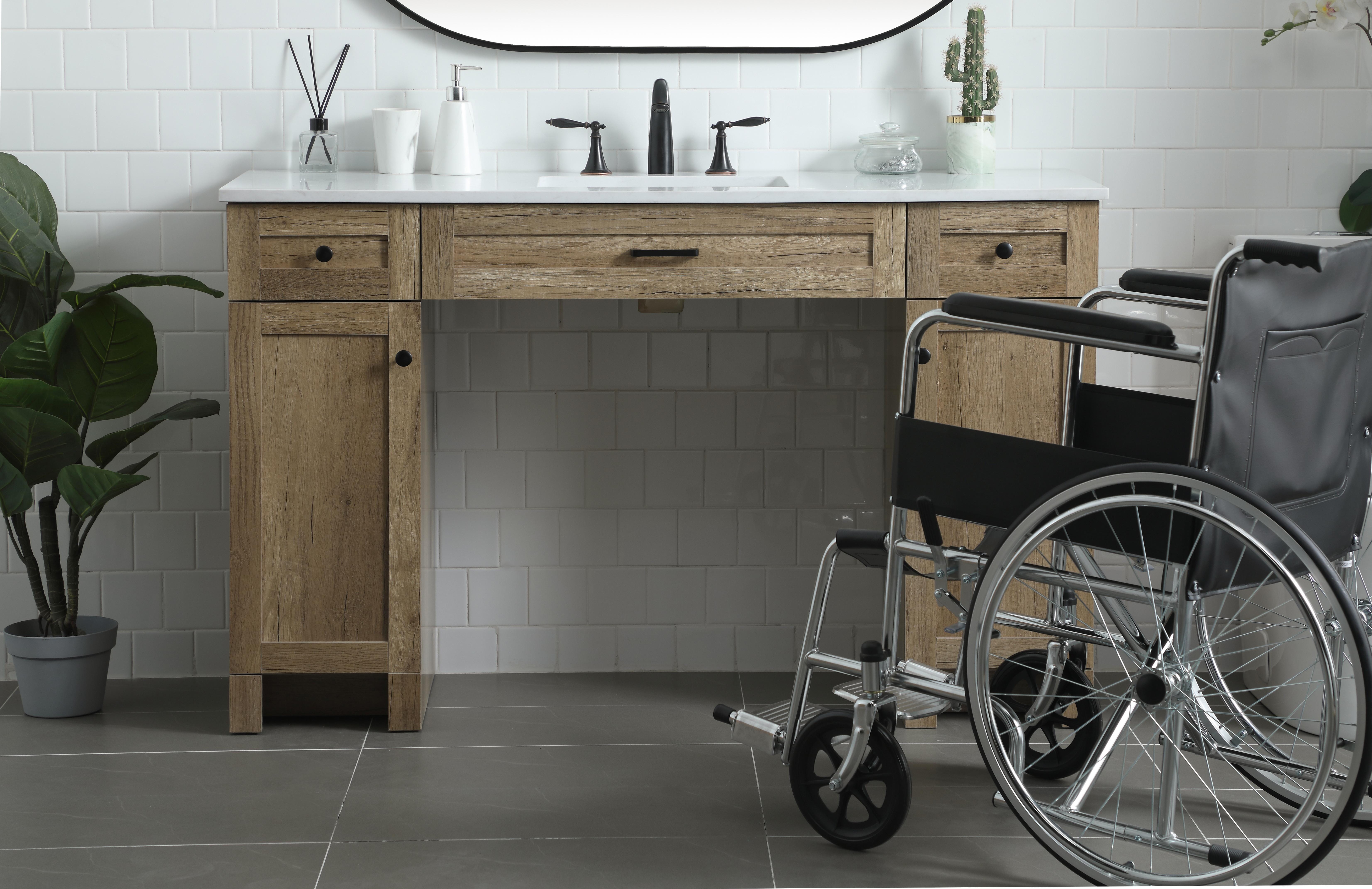 Dimensions
Length: 54"
Width: 19"
Height: 34"
Counter Top Length: 54"
Counter Top Width: 19"
Counter Top Height: 0.7"
Sink Width: 15.8"
Sink Depth: 10.9"
Sink Height: 7.875"
Sink Drain Hole Size: 1.77"
Faucet Hole Spacing: 8 inch"
Specifications
Assembly Required: NO
Counter Top Edge Style: Straight
Counter Top Finish: Calacatta white
Distressed Finish: NO
Drain Assembly Included: NO
Faucet Included: NO
Finish (Color): Natural Oak
Vanity Material: Solid Wood and MDF
Hardware Finish: Black
Harware Material: Aluminium alloy
Number of Faucet Holes: 3
Number of Sinks: 1
Product Shape: Rectangle
Product Type: Bathroom Vanities
Product Warranty: 1 year limited
Sink Mounting Type: Undermount
Vanity Backsplash: NO
Vanity Mounting Type: Free-Standing
Weight: 161
Wire Included: No
Wood Type: Rubberwood
Shipment type: LTL
US Shipping Cost: $228.00
Drawers
Drawers Included: Yes
Number of Drawers: 3
False Drawers: NO
Drawer Width: DW1:11.61
DW2:29.8
Drawer Depth: DW1&DW2:14
Drawer Height: DW1:6.18
DW2:6.18
Drawer Handle Designs: DW1:Knob
DW2:Bar pulls
Shelves
Number of Shelves: 0
Cabinets
Number of Cabinets: 2
Cabinet Interior Width: 11.6
Cabinet Interior Depth: 18
Cabinet Interior Height: 23.5 - alternate view