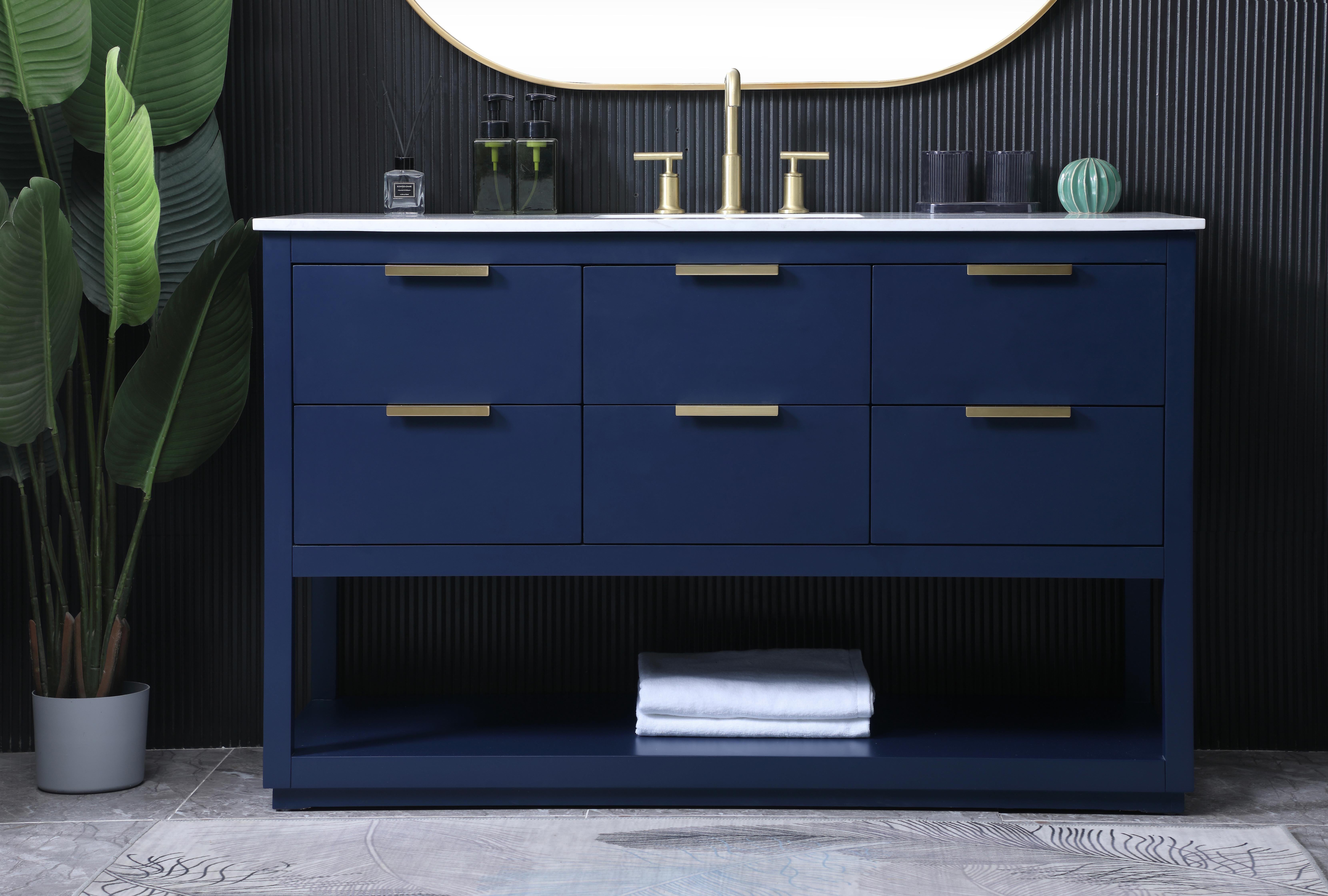 Dimensions
Length: 54"
Width: 22"
Height: 34"
Depth: 22"
Counter Top Length: 54"
Counter Top Width: 22"
Counter Top Height: 0.7"
Sink Width: 16.1"
Sink Depth: 11"
Sink Height: 7.875"
Sink Drain Hole Size: 1.77"
Faucet Hole Spacing: 8 inch"
Specifications
Assembly Required: NO
Base Material: MDF
Counter Top Edge Style: Straight
Counter Top Finish: Calacatta white
Distressed Finish: NO
Drain Assembly Included: NO
Faucet Included: NO
Finish (Color): Blue
Vanity Material: Solid Wood and MDF
Hardware Finish: Gold
Harware Material: Aluminium alloy
Number of Faucet Holes: 3
Number of Sinks: 1
Product Shape: Rectangle
Product Type: Bathroom Vanities
Product Warranty: 1 year limited
Sink Mounting Type: Undermount
Vanity Backsplash: NO
Vanity Mounting Type: Free-Standing
Weight: 209
Wire Included: No
Wood Type: Rubberwood
Shipment type: LTL
US Shipping Cost: $246.00
Drawers
Drawers Included: Yes
Number of Drawers: 5
False Drawers: YES
Drawer Width: DW1:16.5
DW2:16.5
DW3:16.5
Drawer Depth: DW1:14
DW2:14
DW3:14
Drawer Height: DW1:7.9
DW2:7.9
DW3:7.9
Drawer Handle Designs: Finger pulls
Shelves
Number of Shelves: 1
Shelf Width: 50.1 - alternate view