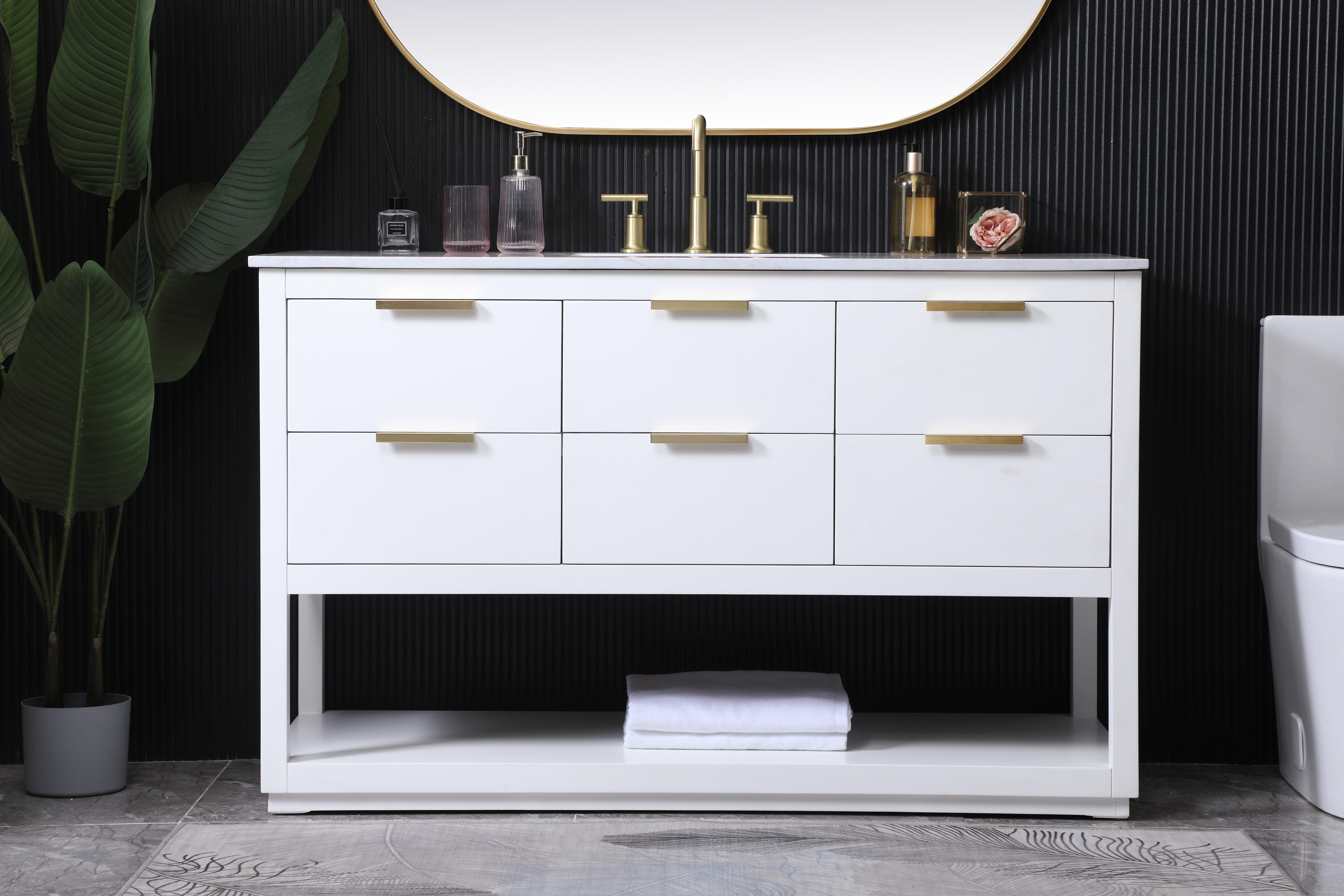A sophisticated freestanding vanity combining engineered marble elegance with practical soft-close drawers. The clean white finish and contemporary straight-edge design bring instant modern style to any bathroom. - alternate view