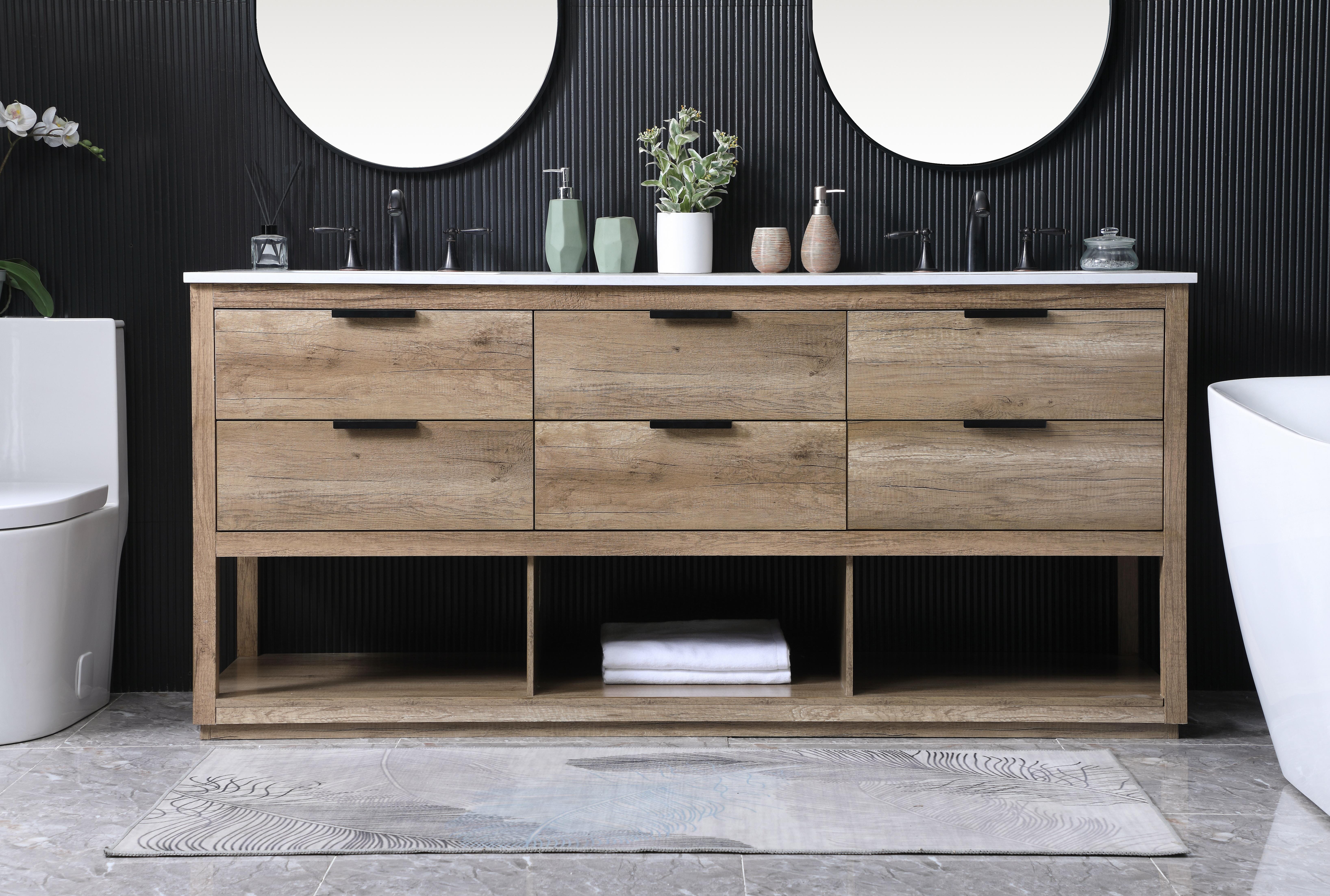 Dimensions
Length: 72"
Width: 22"
Height: 34"
Depth: 22"
Counter Top Length: 72"
Counter Top Width: 22"
Counter Top Height: 0.7"
Sink Width: 16.1"
Sink Depth: 11"
Sink Height: 7.875"
Sink Drain Hole Size: 1.77"
Faucet Hole Spacing: 8 inch"
Specifications
Assembly Required: NO
Base Material: MDF
Counter Top Edge Style: Straight
Counter Top Finish: Calacatta white
Distressed Finish: NO
Drain Assembly Included: NO
Faucet Included: NO
Finish (Color): Natural Oak
Vanity Material: Solid Wood and MDF
Hardware Finish: Black
Harware Material: Aluminium alloy
Number of Faucet Holes: 6
Number of Sinks: 2
Product Shape: Rectangle
Product Type: Bathroom Vanities
Product Warranty: 1 year limited
Sink Mounting Type: Undermount
Vanity Backsplash: NO
Vanity Mounting Type: Free-Standing
Weight: 252
Wire Included: No
Wood Type: Rubberwood
Shipment type: LTL
US Shipping Cost: $321.00
Drawers
Drawers Included: Yes
Number of Drawers: 4
False Drawers: YES
Drawer Width: DW1:22.5
DW2:22.5
DW3:22.5
Drawer Depth: DW1:14
DW2:14
DW3:14
Drawer Height: DW1: 7.9
DW2:7.9
DW3:7.9
Drawer Handle Designs: Finger pulls
Shelves
Number of Shelves: 1
Shelf Width: 71.2 - alternate view