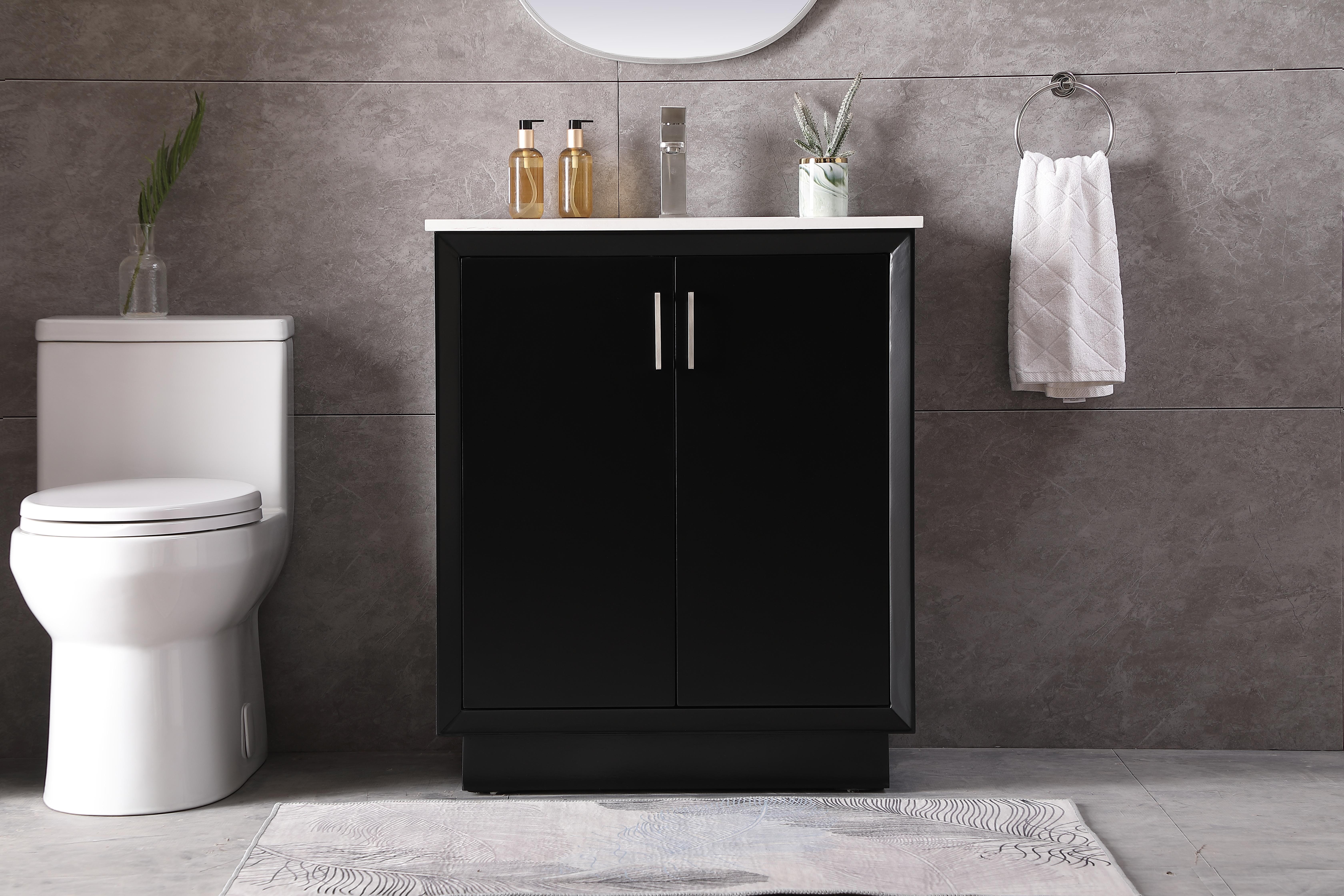Dimensions
Length: 30"
Width: 22"
Height: 35"
Counter Top Length: 30"
Counter Top Width: 22"
Counter Top Height: 0.75"
Sink Width: 15.35"
Sink Depth: 10.83"
Sink Height: 7"
Sink Drain Hole Size: 1.75"
Faucet Hole Spacing: Single Hole"
Specifications
Assembly Required: NO
Base Material: solid wood
Counter Top Edge Style: straight
Counter Top Finish: calacatta white
Distressed Finish: no
Drain Assembly Included: No
Faucet Included: No
Finish (Color): Black
Vanity Material: Solid Wood and MDF
Hardware Finish: Brushed nickel
Harware Material: Aluminum alloy
Number of Faucet Holes: 1
Number of Sinks: 1
Product Shape: Rectangle
Product Type: Bathroom Vanities
Product Warranty: 1 year limited
Sink Mounting Type: Undermount
Vanity Backsplash: NO
Vanity Mounting Type: Free-Standing
Weight: 119
Wire Included: No
Wood Type: Rubberwood
Shipment type: LTL
US Shipping Cost: $150.00
Drawers
Drawers Included: no
Shelves
Number of Shelves: 1
Shelf Width: 26
Cabinets
Number of Cabinets: 1
Cabinet Interior Width: 26
Cabinet Interior Depth: 17.72
Cabinet Interior Height: 27.6 - alternate view