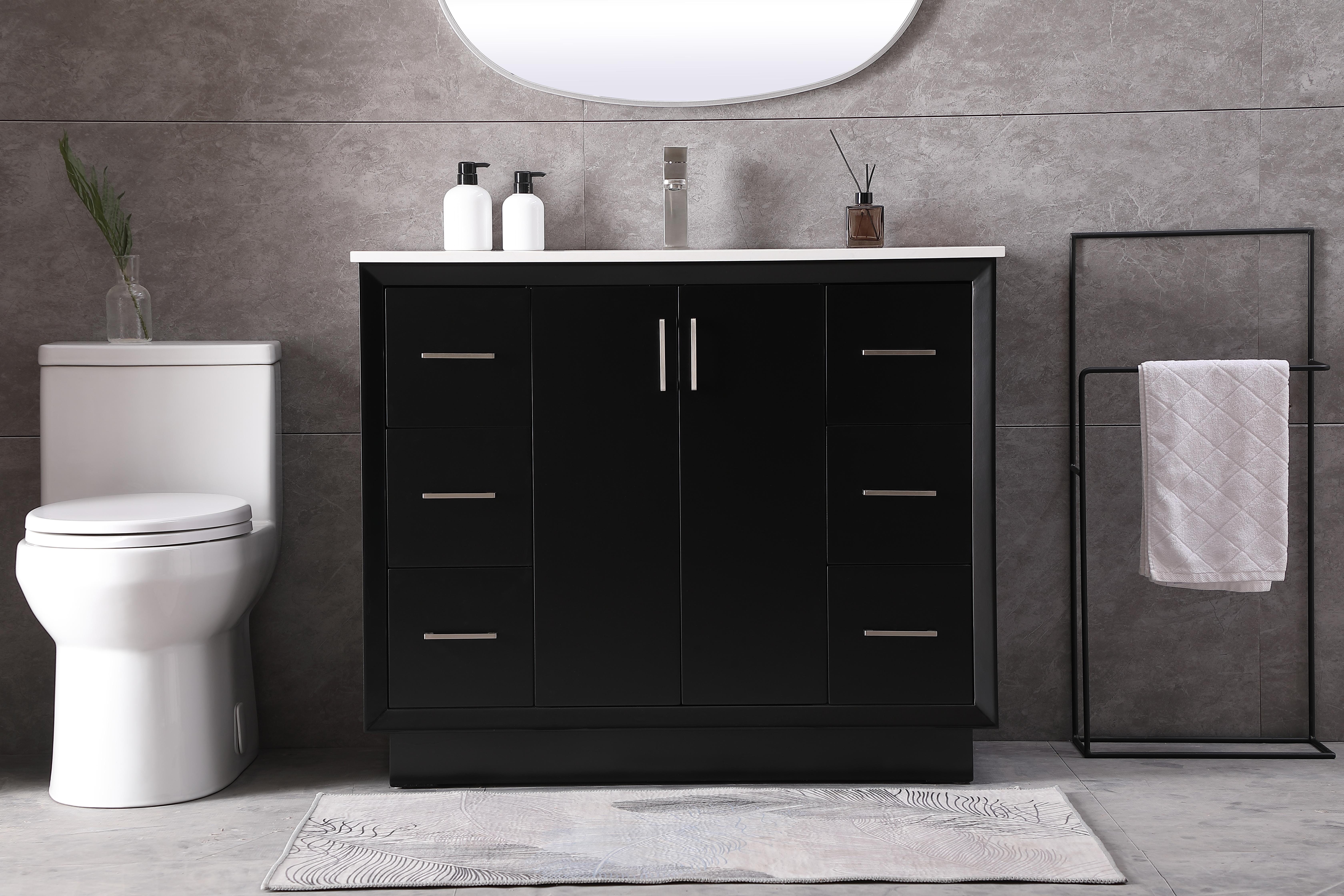 Dimensions
Length: 42"
Width: 22"
Height: 35"
Counter Top Length: 42"
Counter Top Width: 22"
Counter Top Height: 0.75"
Sink Width: 15.35"
Sink Depth: 10.83"
Sink Height: 7"
Sink Drain Hole Size: 1.75"
Faucet Hole Spacing: Single Hole"
Specifications
Assembly Required: NO
Base Material: solid wood
Counter Top Edge Style: straight
Counter Top Finish: calacatta white
Distressed Finish: no
Drain Assembly Included: No
Faucet Included: No
Finish (Color): Black
Vanity Material: Solid Wood and MDF
Hardware Finish: Brushed nickel
Harware Material: Aluminum alloy
Number of Faucet Holes: 1
Number of Sinks: 1
Product Shape: Rectangle
Product Type: Bathroom Vanities
Product Warranty: 1 year limited
Sink Mounting Type: Undermount
Vanity Backsplash: NO
Vanity Mounting Type: Free-Standing
Weight: 213
Wire Included: No
Wood Type: Rubberwood
Shipment type: LTL
US Shipping Cost: $201.00
Drawers
Drawers Included: yes
Number of Drawers: 6
Drawer Width: 9.5
Drawer Depth: 14.88
Drawer Height: 9.2
Drawer Handle Designs: Bar pulls
Shelves
Number of Shelves: 1
Shelf Width: 19
17.72
Cabinets
Number of Cabinets: 1
Cabinet Interior Width: 19
Cabinet Interior Depth: 17.72
Cabinet Interior Height: 27.6 - alternate view