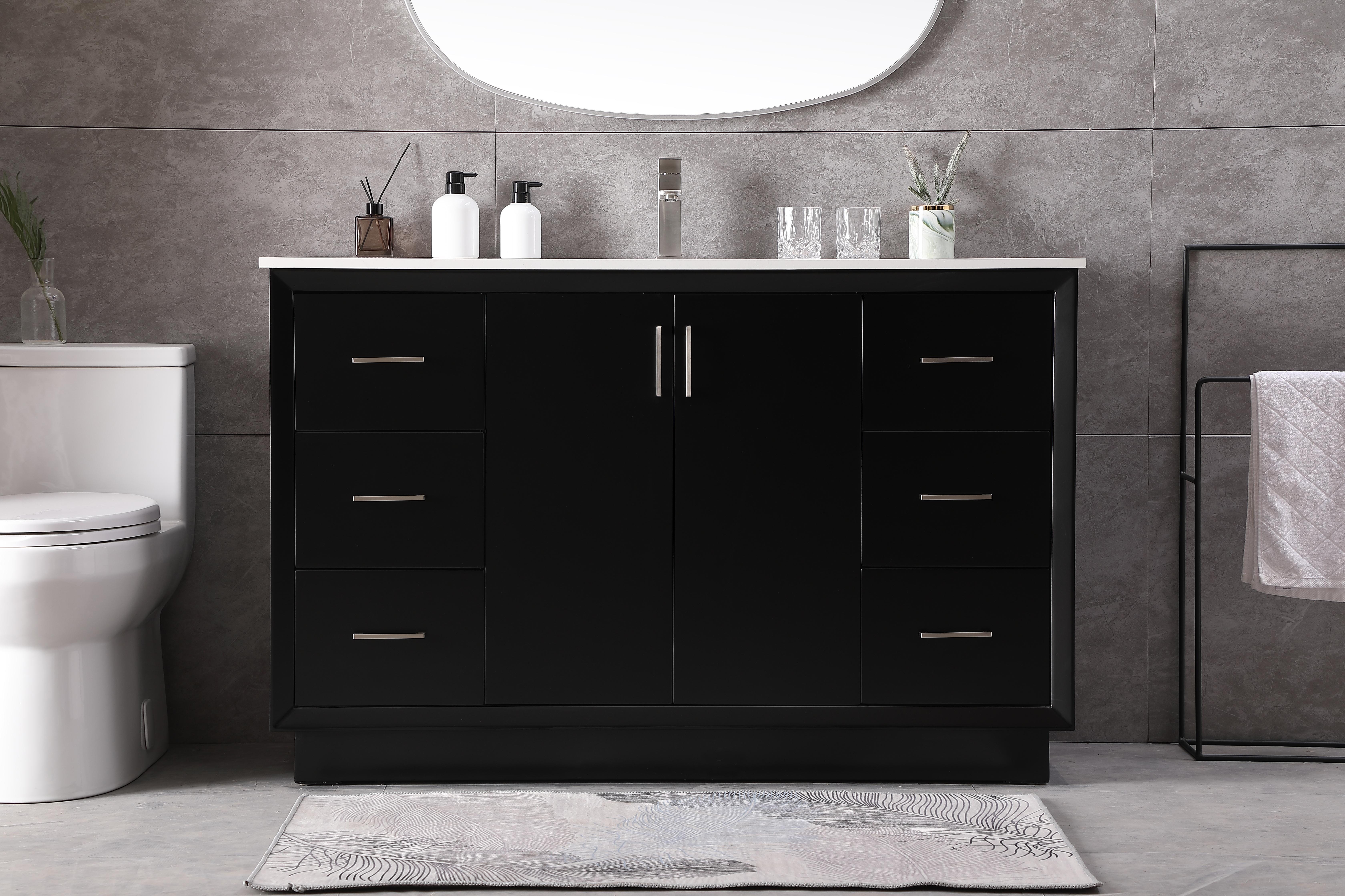 Dimensions
Length: 54"
Width: 22"
Height: 35"
Counter Top Length: 54"
Counter Top Width: 22"
Counter Top Height: 0.75"
Sink Width: 15.35"
Sink Depth: 10.83"
Sink Height: 7"
Sink Drain Hole Size: 1.75"
Faucet Hole Spacing: Single Hole"
Specifications
Assembly Required: NO
Base Material: solid wood
Counter Top Edge Style: straight
Counter Top Finish: calacatta white
Distressed Finish: no
Drain Assembly Included: No
Faucet Included: No
Finish (Color): Black
Vanity Material: Solid Wood and MDF
Hardware Finish: Brushed nickel
Harware Material: Aluminum alloy
Number of Faucet Holes: 1
Number of Sinks: 1
Product Shape: Rectangle
Product Type: Bathroom Vanities
Product Warranty: 1 year limited
Sink Mounting Type: Undermount
Vanity Backsplash: NO
Vanity Mounting Type: Free-Standing
Weight: 249
Wire Included: No
Wood Type: Rubberwood
Shipment type: LTL
US Shipping Cost: $252.00
Drawers
Drawers Included: yes
Number of Drawers: 6
Drawer Width: 12.5
Drawer Depth: 14.88
Drawer Height: 9.2
Drawer Handle Designs: Bar pulls
Shelves
Number of Shelves: 1
Shelf Width: 25
Cabinets
Number of Cabinets: 1
Cabinet Interior Width: 25
Cabinet Interior Depth: 17.72
Cabinet Interior Height: 27.6 - alternate view