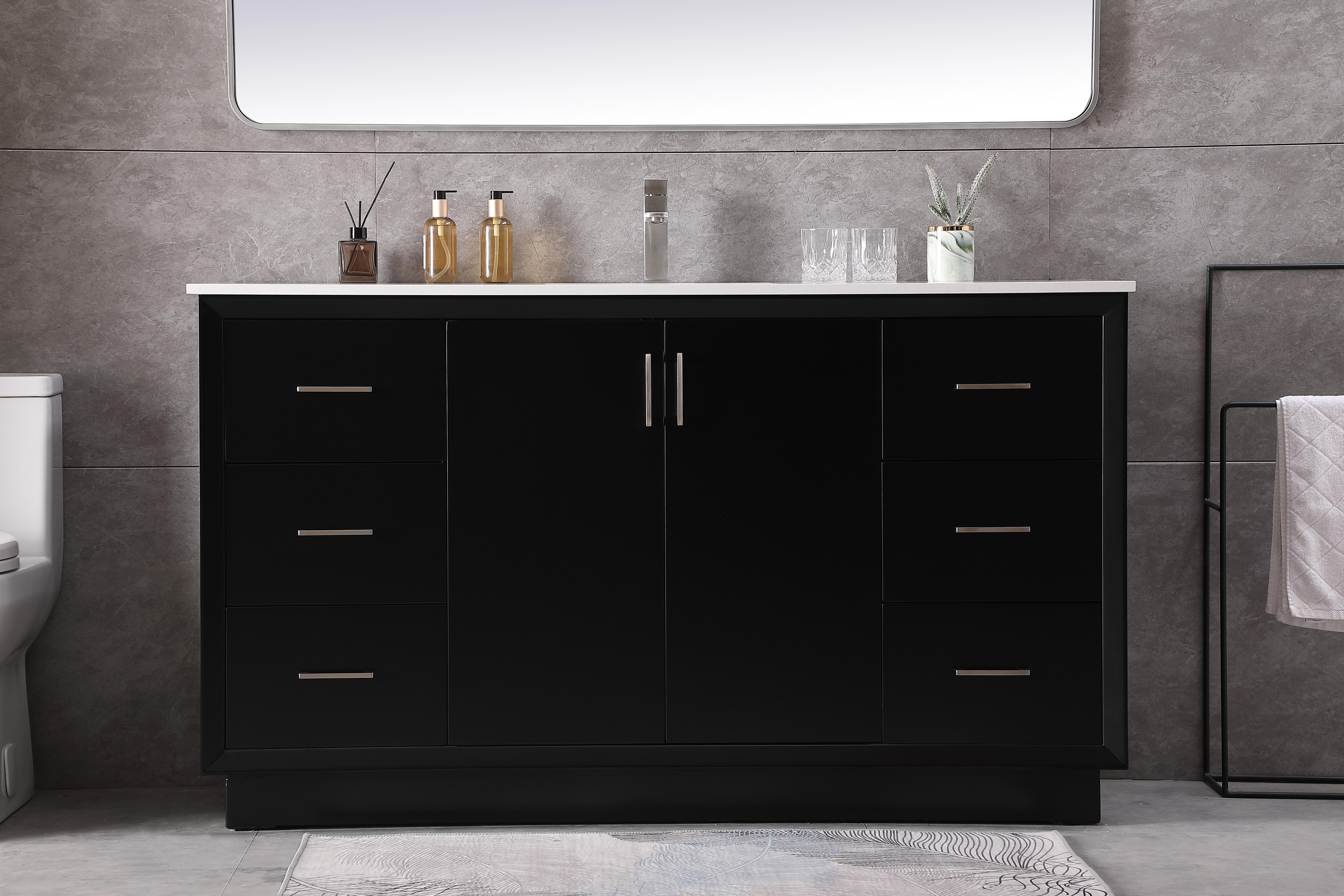 Dimensions
Length: 60"
Width: 22"
Height: 35"
Counter Top Length: 60"
Counter Top Width: 22"
Counter Top Height: 0.75"
Sink Width: 15.35"
Sink Depth: 10.83"
Sink Height: 7"
Sink Drain Hole Size: 1.75"
Faucet Hole Spacing: Single Hole"
Specifications
Assembly Required: NO
Base Material: solid wood
Counter Top Edge Style: straight
Counter Top Finish: calacatta white
Distressed Finish: no
Drain Assembly Included: No
Faucet Included: No
Finish (Color): Black
Vanity Material: Solid Wood and MDF
Hardware Finish: Brushed nickel
Harware Material: Aluminum alloy
Number of Faucet Holes: 1
Number of Sinks: 1
Product Shape: Rectangle
Product Type: Bathroom Vanities
Product Warranty: 1 year limited
Sink Mounting Type: Undermount
Vanity Backsplash: NO
Vanity Mounting Type: Free-Standing
Weight: 266
Wire Included: No
Wood Type: Rubberwood
Shipment type: LTL
US Shipping Cost: $278.00
Drawers
Drawers Included: yes
Number of Drawers: 6
Drawer Width: 14
Drawer Depth: 14.88
Drawer Height: 9.2
Drawer Handle Designs: Bar pulls
Shelves
Number of Shelves: 1
Shelf Width: 28
17.72
Cabinets
Number of Cabinets: 1
Cabinet Interior Width: 28
Cabinet Interior Depth: 17.72
Cabinet Interior Height: 27.6 - alternate view