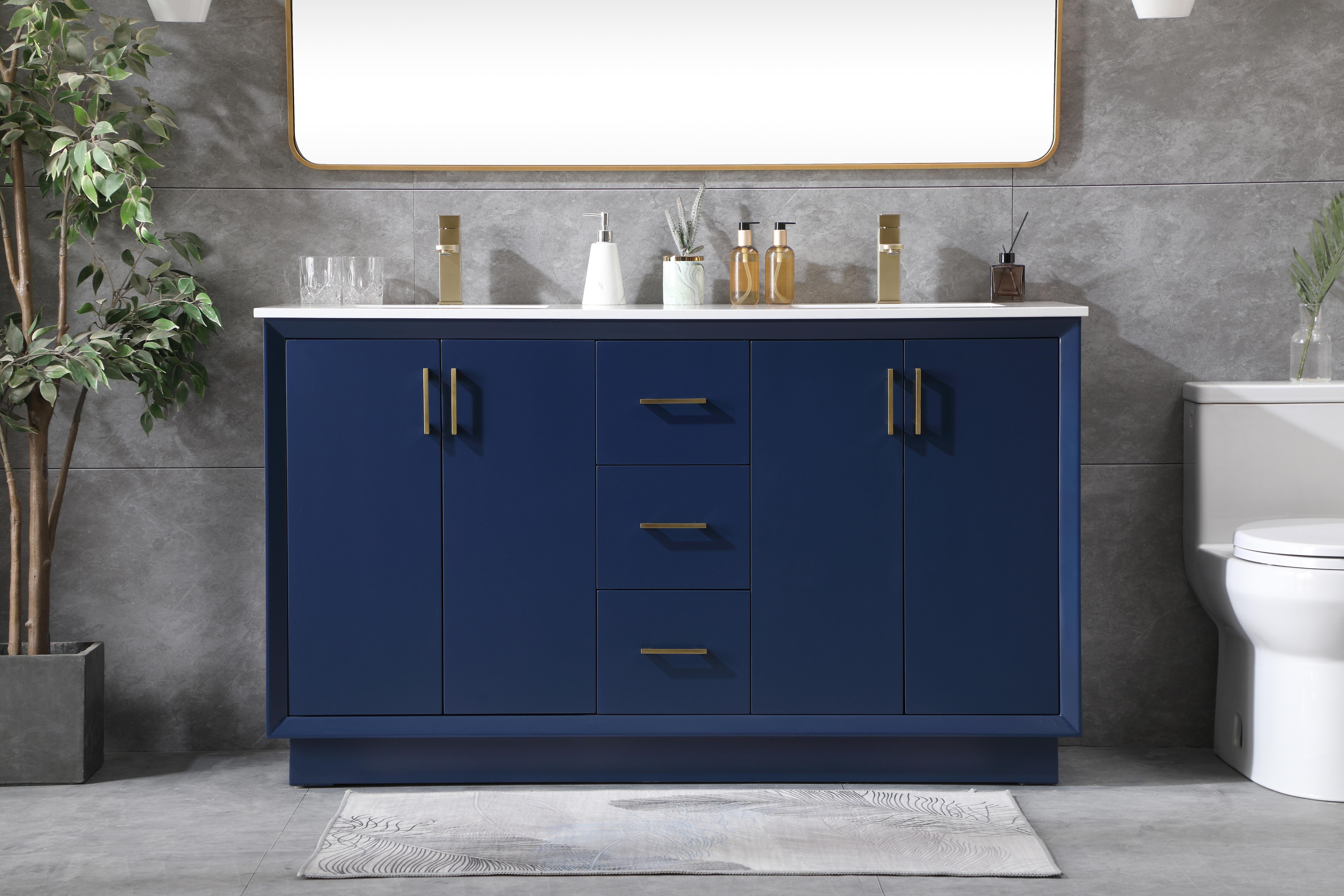 Dimensions
Length: 60"
Width: 22"
Height: 35"
Counter Top Length: 60"
Counter Top Width: 22"
Counter Top Height: 0.75"
Sink Width: 15.35"
Sink Depth: 10.83"
Sink Height: 7"
Sink Drain Hole Size: 1.75"
Faucet Hole Spacing: Single Hole"
Specifications
Assembly Required: NO
Base Material: solid wood
Counter Top Edge Style: straight
Counter Top Finish: calacatta white
Distressed Finish: no
Drain Assembly Included: No
Faucet Included: No
Finish (Color): Blue
Vanity Material: Solid Wood and MDF
Hardware Finish: Gold
Harware Material: Aluminum alloy
Number of Faucet Holes: 2
Number of Sinks: 2
Product Shape: Rectangle
Product Type: Bathroom Vanities
Product Warranty: 1 year limited
Sink Mounting Type: Undermount
Vanity Backsplash: NO
Vanity Mounting Type: Free-Standing
Weight: 251
Wire Included: No
Wood Type: Rubberwood
Shipment type: LTL
US Shipping Cost: $278.00
Drawers
Drawers Included: yes
Number of Drawers: 3
Drawer Width: 11.2
Drawer Depth: 14.88
Drawer Height: 9.2
Drawer Handle Designs: Bar pulls
Shelves
Number of Shelves: 2
Shelf Width: 22.4
17.72
Cabinets
Number of Cabinets: 2
Cabinet Interior Width: 22.4
Cabinet Interior Depth: 17.72
Cabinet Interior Height: 27.6 - alternate view