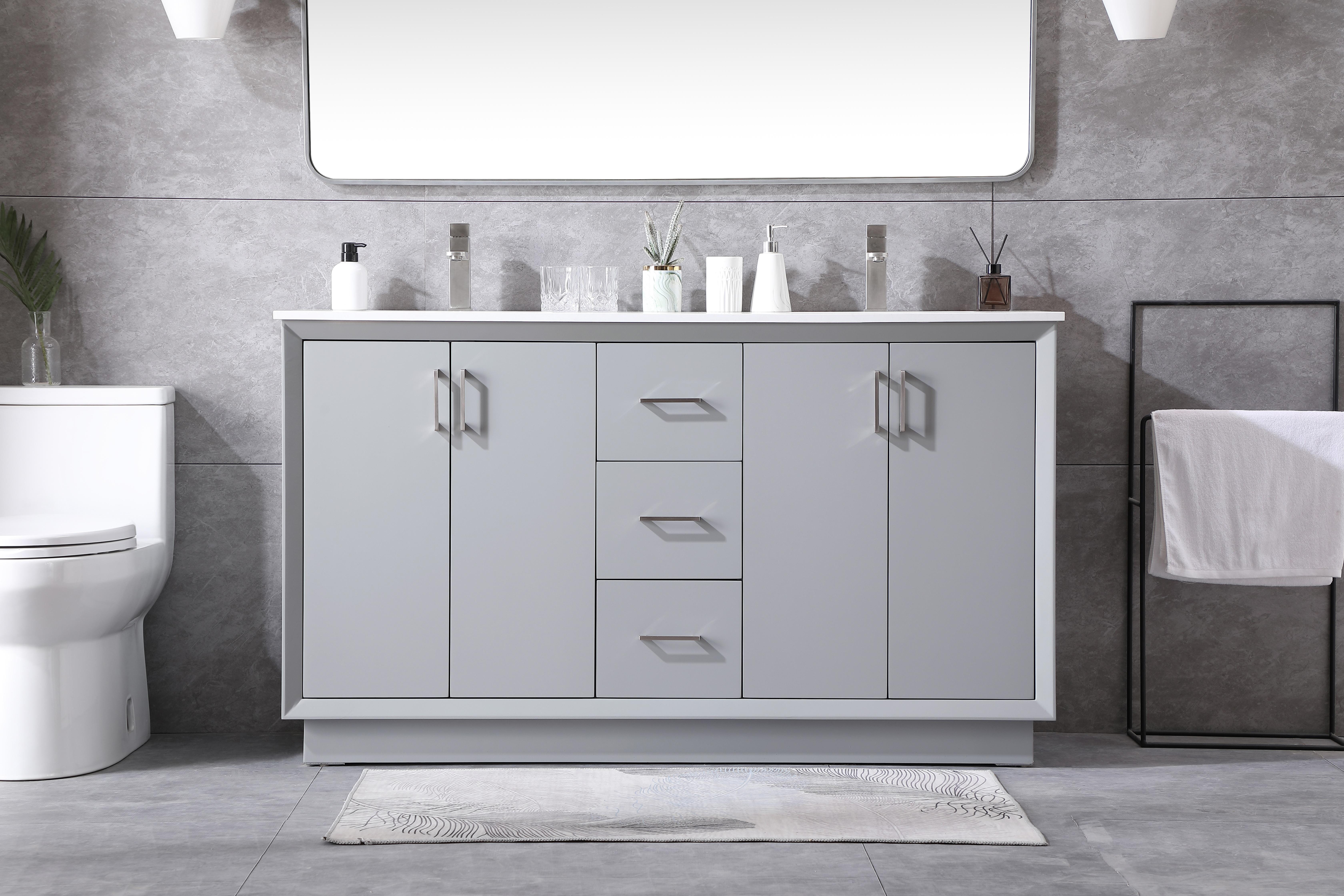 A contemporary 60-inch freestanding vanity featuring engineered marble countertop, dual undermount sinks, and soft-closing drawers. The boxy design combines MDF construction with solid wood legs for durability and modern sophistication. - alternate view