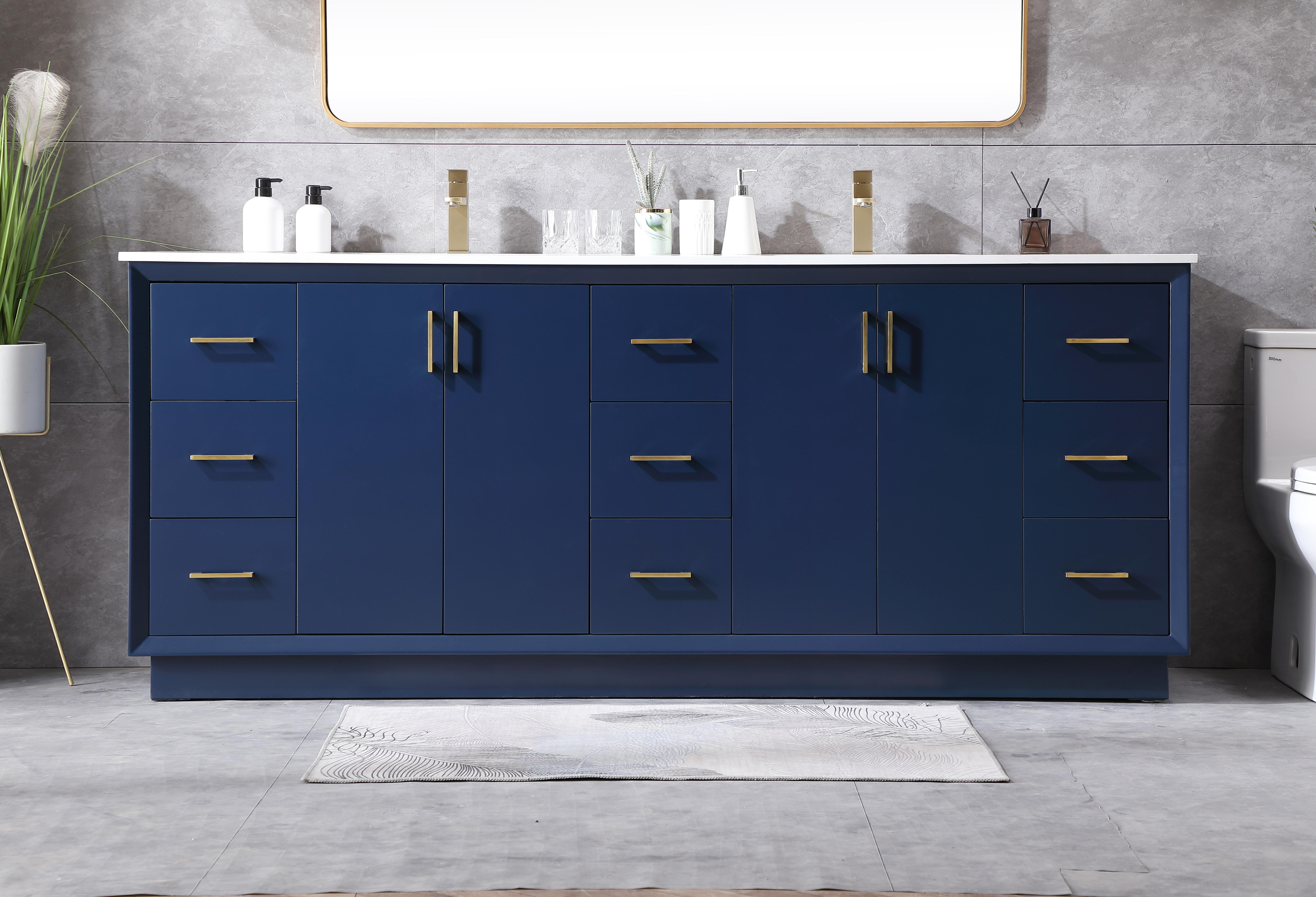 Dimensions
Length: 84"
Width: 22"
Height: 35"
Counter Top Length: 84"
Counter Top Width: 22"
Counter Top Height: 0.75"
Sink Width: 15.35"
Sink Depth: 10.83"
Sink Height: 7"
Sink Drain Hole Size: 1.75"
Faucet Hole Spacing: Single Hole"
Specifications
Assembly Required: NO
Base Material: solid wood
Counter Top Edge Style: straight
Counter Top Finish: calacatta white
Distressed Finish: no
Drain Assembly Included: No
Faucet Included: No
Finish (Color): Blue
Vanity Material: Solid Wood and MDF
Hardware Finish: Gold
Harware Material: Aluminum alloy
Number of Faucet Holes: 2
Number of Sinks: 2
Product Shape: Rectangle
Product Type: Bathroom Vanities
Product Warranty: 1 year limited
Sink Mounting Type: Undermount
Vanity Backsplash: NO
Vanity Mounting Type: Free-Standing
Weight: 387
Wire Included: No
Wood Type: Rubberwood
Shipment type: LTL
US Shipping Cost: $142.00
Drawers
Drawers Included: yes
Number of Drawers: 9
Drawer Width: 11.33
Drawer Depth: 14.88
Drawer Height: 9.2
Drawer Handle Designs: Bar pulls
Shelves
Number of Shelves: 2
Shelf Width: 23
Cabinets
Number of Cabinets: 2
Cabinet Interior Width: 23
Cabinet Interior Depth: 17.72
Cabinet Interior Height: 27.6 - alternate view