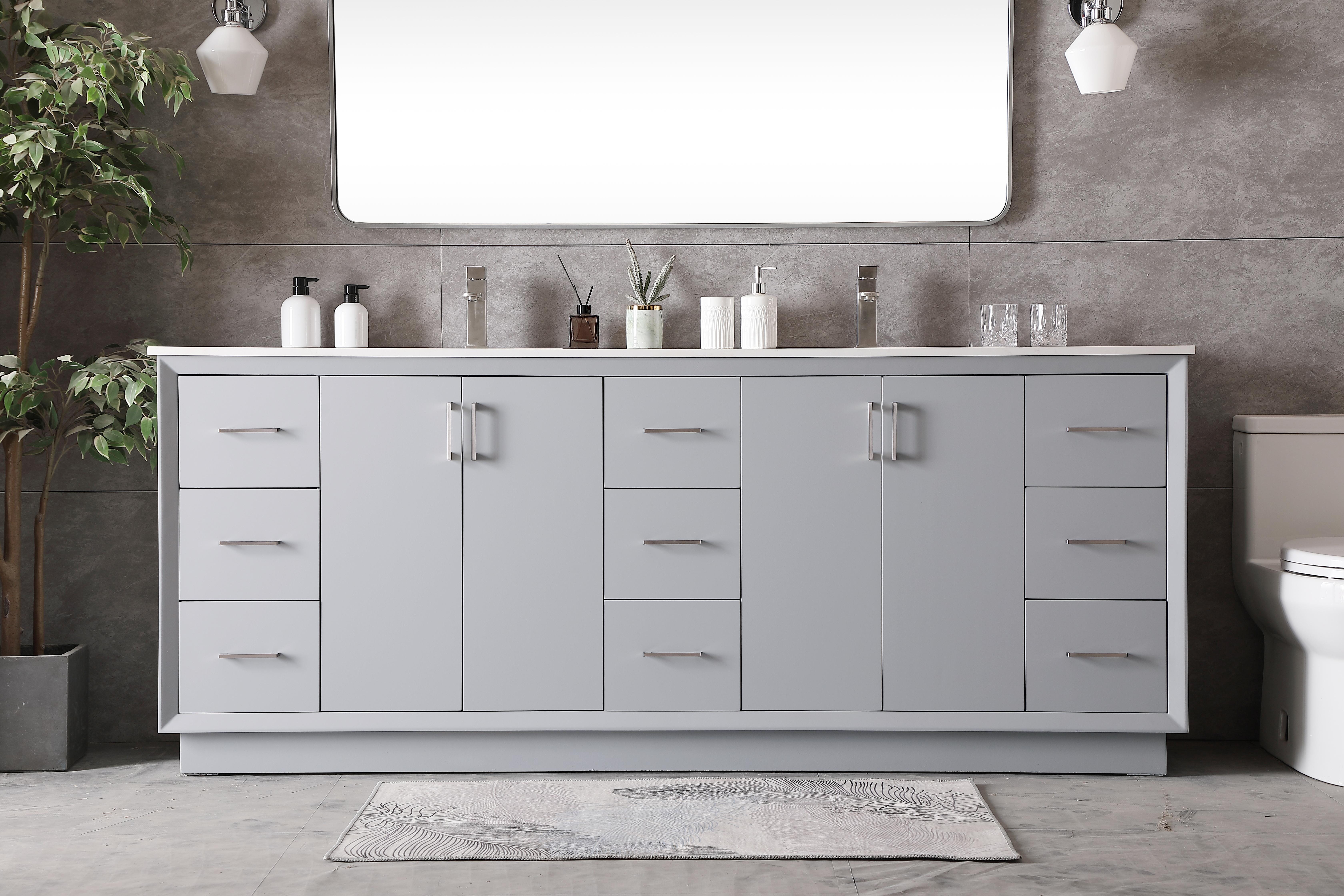 Dimensions
Length: 84"
Width: 22"
Height: 35"
Counter Top Length: 84"
Counter Top Width: 22"
Counter Top Height: 0.75"
Sink Width: 15.35"
Sink Depth: 10.83"
Sink Height: 7"
Sink Drain Hole Size: 1.75"
Faucet Hole Spacing: Single Hole"
Specifications
Assembly Required: NO
Base Material: solid wood
Counter Top Edge Style: straight
Counter Top Finish: calacatta white
Distressed Finish: no
Drain Assembly Included: No
Faucet Included: No
Finish (Color): Grey
Vanity Material: Solid Wood and MDF
Hardware Finish: Brushed nickel
Harware Material: Aluminum alloy
Number of Faucet Holes: 2
Number of Sinks: 2
Product Shape: Rectangle
Product Type: Bathroom Vanities
Product Warranty: 1 year limited
Sink Mounting Type: Undermount
Vanity Backsplash: NO
Vanity Mounting Type: Free-Standing
Weight: 387
Wire Included: No
Wood Type: Rubberwood
Shipment type: LTL
US Shipping Cost: $142.00
Drawers
Drawers Included: yes
Number of Drawers: 9
Drawer Width: 11.33
Drawer Depth: 14.88
Drawer Height: 9.2
Drawer Handle Designs: Bar pulls
Shelves
Number of Shelves: 2
Shelf Width: 23
Cabinets
Number of Cabinets: 2
Cabinet Interior Width: 23
Cabinet Interior Depth: 17.72
Cabinet Interior Height: 27.6 - alternate view