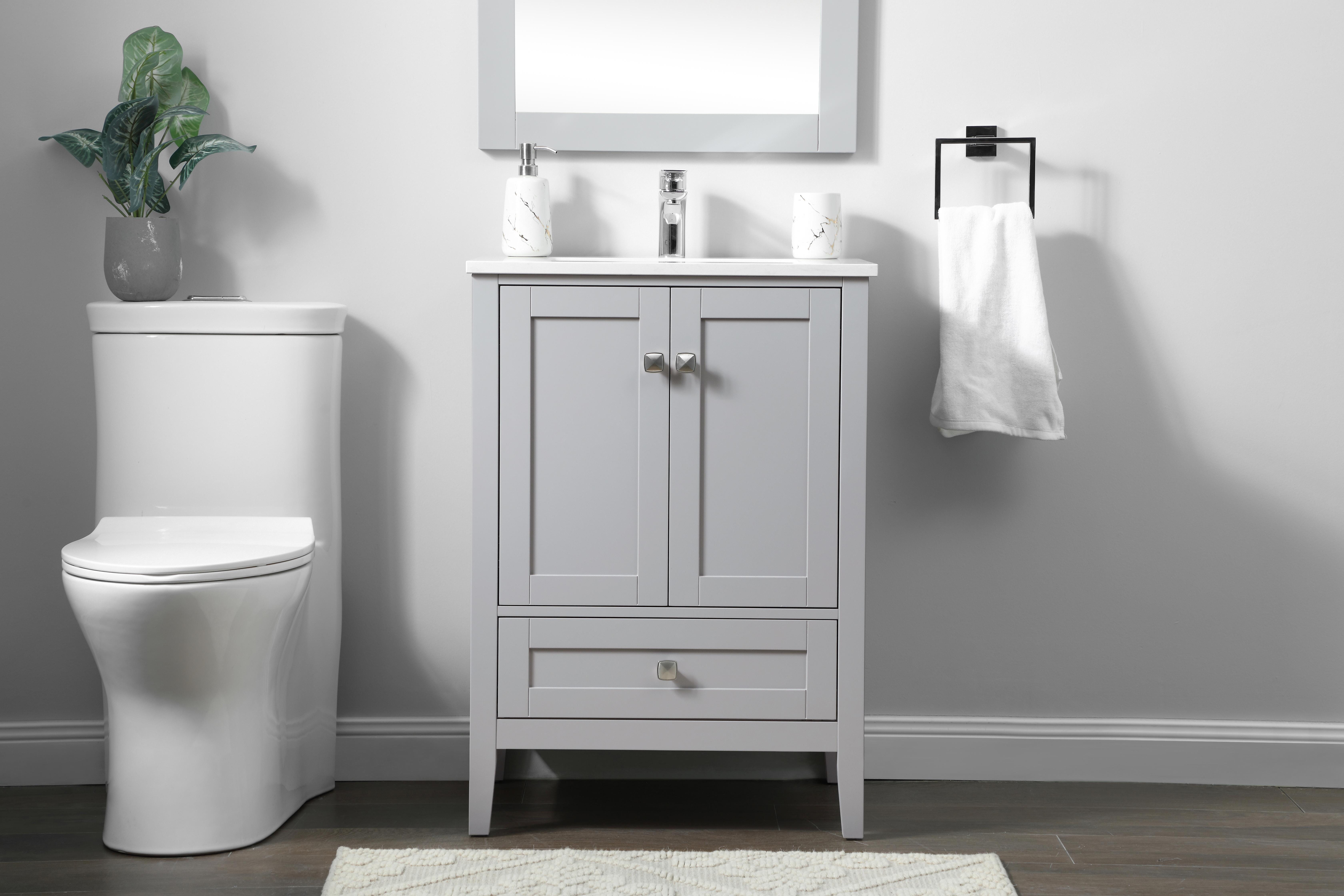 Dimensions
Length: 24"
Width: 19"
Height: 34"
Counter Top Length: 24"
Counter Top Width: 19"
Counter Top Height: 0.71"
Sink Width: 15.35"
Sink Depth: 10.24"
Sink Height: 8.25"
Sink Drain Hole Size: 1.77"
Faucet Hole Spacing: 1 Hole"
Specifications
Assembly Required: NO
Counter Top Edge Style: Straight
Counter Top Finish: Calacatta white
Distressed Finish: NO
Drain Assembly Included: NO
Faucet Included: NO
Finish (Color): Grey
Vanity Material: Solid Wood and MDF
Hardware Finish: brushed nickel
Harware Material: Aluminum alloy
Number of Faucet Holes: 1
Number of Sinks: 1
Product Shape: Rectangle
Product Type: Bathroom Vanities
Product Warranty: 1 year limited
Sink Mounting Type: Undermount
Vanity Backsplash: NO
Vanity Mounting Type: Free-Standing
Weight: 81
Wire Included: No
Wood Type: Rubberwood
Shipment type: Oversized Ground
US Shipping Cost: $129.00
Drawers
Drawers Included: YES
Number of Drawers: 1
False Drawers: NO
Drawer Width: 19.92
Drawer Depth: 14.24
Drawer Height: 5.91
Drawer Handle Designs: Knob
Cabinets
Number of Cabinets: 1
Cabinet Interior Width: 21.06
Cabinet Interior Depth: 17.24
Cabinet Interior Height: 19.53 - alternate view
