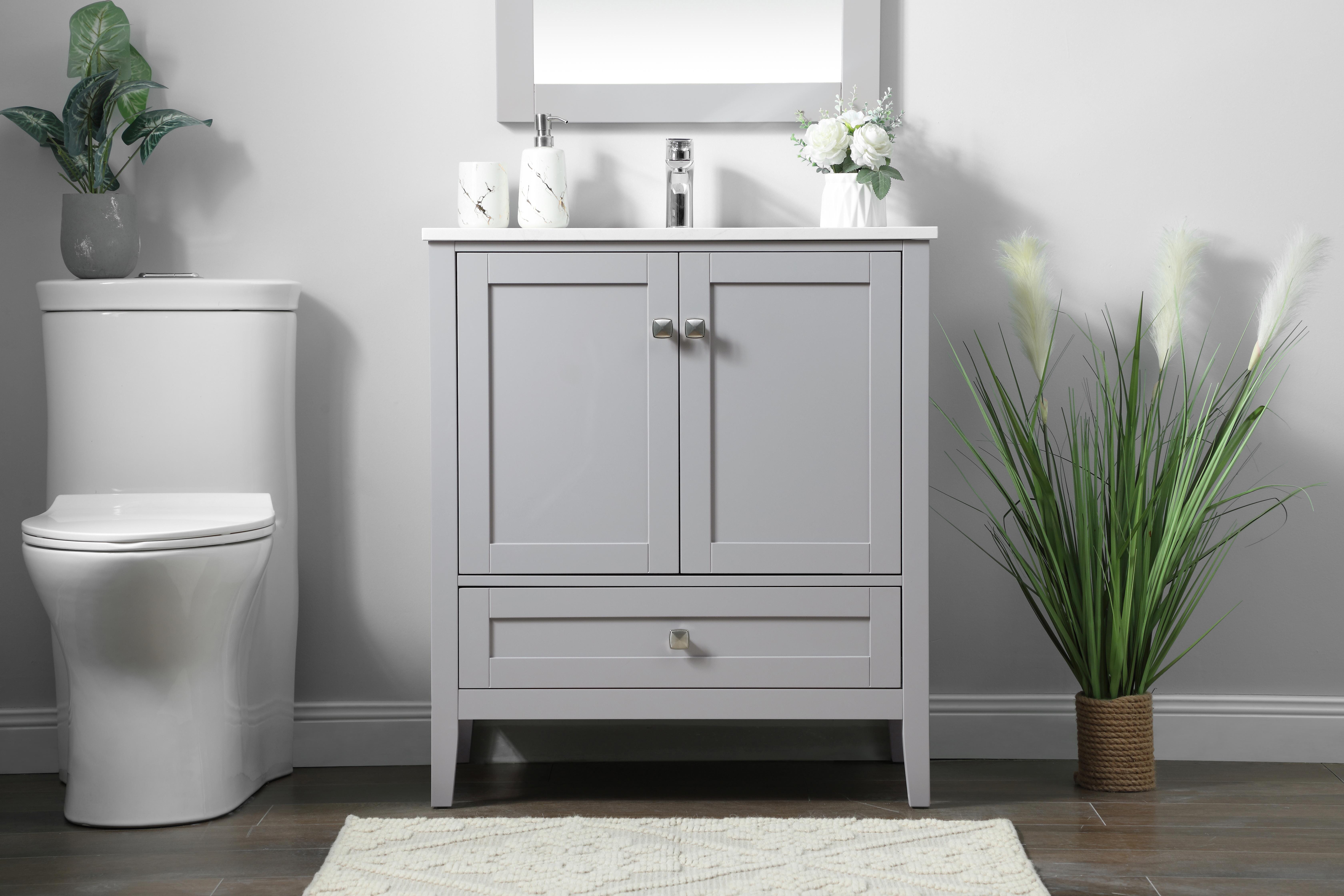 Dimensions
Length: 30"
Width: 19"
Height: 34"
Counter Top Length: 30"
Counter Top Width: 19"
Counter Top Height: 0.71"
Sink Width: 15.35"
Sink Depth: 10.24"
Sink Height: 8.25"
Sink Drain Hole Size: 1.77"
Faucet Hole Spacing: 1 Hole"
Specifications
Assembly Required: NO
Counter Top Edge Style: Straight
Counter Top Finish: Calacatta white
Distressed Finish: NO
Drain Assembly Included: NO
Faucet Included: NO
Finish (Color): Grey
Vanity Material: Solid Wood and MDF
Hardware Finish: brushed nickel
Harware Material: Aluminum alloy
Number of Faucet Holes: 1
Number of Sinks: 1
Product Shape: Rectangle
Product Type: Bathroom Vanities
Product Warranty: 1 year limited
Sink Mounting Type: Undermount
Vanity Backsplash: NO
Vanity Mounting Type: Free-Standing
Weight: 96
Wire Included: No
Wood Type: Rubberwood
Shipment type: Oversized Ground
US Shipping Cost: $142.00
Drawers
Drawers Included: YES
Number of Drawers: 1
False Drawers: NO
Drawer Width: 25.83
Drawer Depth: 14.24
Drawer Height: 5.91
Drawer Handle Designs: Knob
Cabinets
Number of Cabinets: 1
Cabinet Interior Width: 26.97
Cabinet Interior Depth: 17.24
Cabinet Interior Height: 19.53 - alternate view