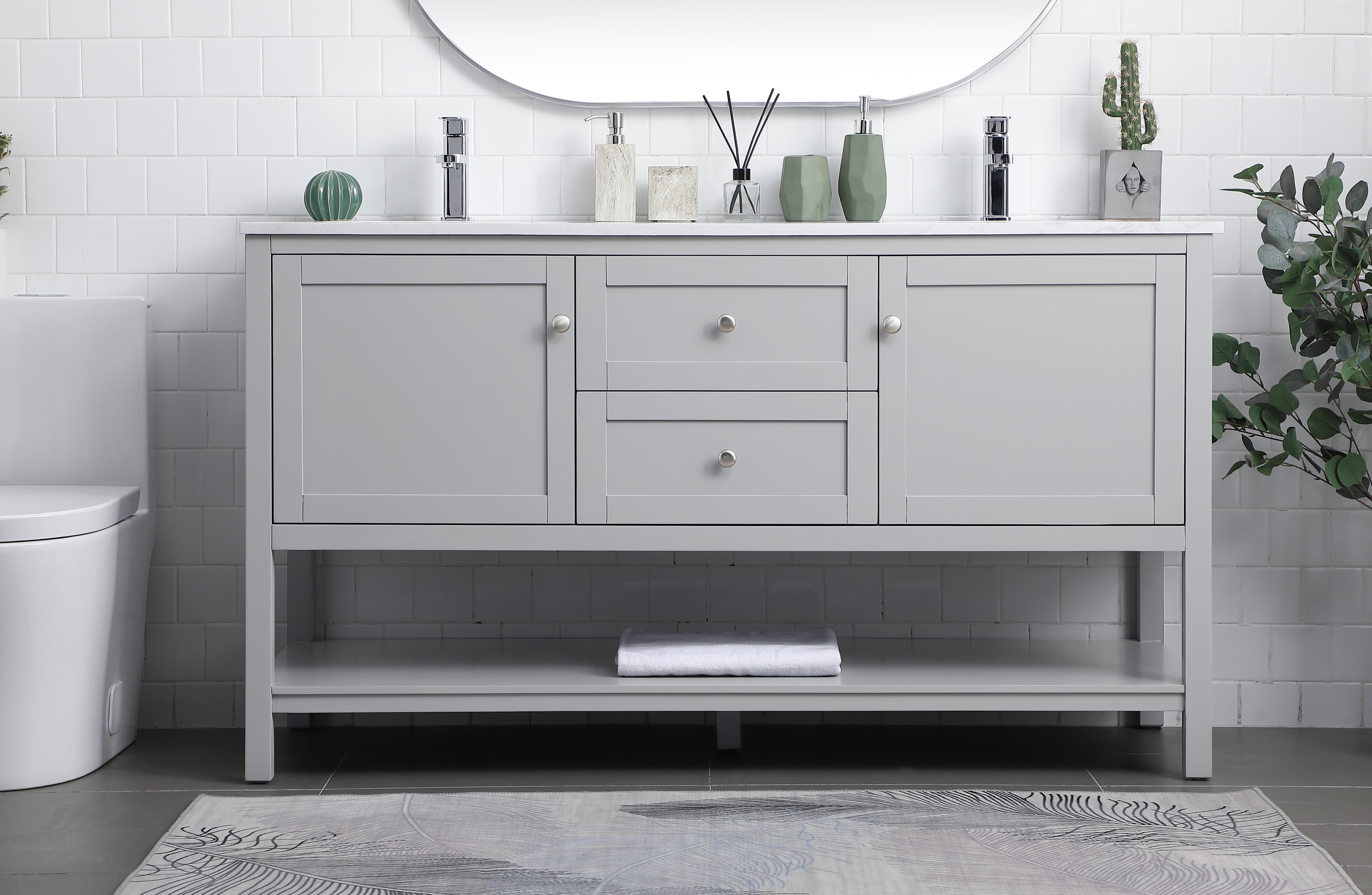 Dimensions
Length: 60"
Width: 21.5"
Height: 35"
Counter Top Length: 60"
Counter Top Width: 21.5"
Counter Top Height: 0.7"
Sink Width: 15.8"
Sink Depth: 10.9"
Sink Height: 7.875"
Sink Drain Hole Size: 1.77"
Faucet Hole Spacing: 1 Hole"
Specifications
Assembly Required: NO
Base Material: MDF
Counter Top Edge Style: Straight
Counter Top Finish: Calacatta white
Distressed Finish: NO
Drain Assembly Included: NO
Faucet Included: NO
Finish (Color): Grey
Vanity Material: Solid Wood and MDF
Hardware Finish: Brushed nickel
Harware Material: Aluminium alloy
Number of Faucet Holes: 1
Number of Sinks: 1
Product Shape: Rectangle
Product Type: Bathroom Vanities
Product Warranty: 1 year limited
Sink Mounting Type: Undermount
Vanity Backsplash: NO
Vanity Mounting Type: Free-Standing
Weight: 196
Wire Included: No
Wood Type: Rubberwood
Shipment type: LTL
US Shipping Cost: $261.00
Drawers
Drawers Included: Yes
Number of Drawers: 1
False Drawers: YES
Drawer Width: 18.375
Drawer Depth: 14
Drawer Height: 8.25
Drawer Handle Designs: Knob
Shelves
Number of Shelves: 1
Shelf Width: 55.625
17.5
Cabinets
Number of Cabinets: 2
Cabinet Interior Width: 18.375
Cabinet Interior Depth: 17.5
Cabinet Interior Height: 16.875 - alternate view