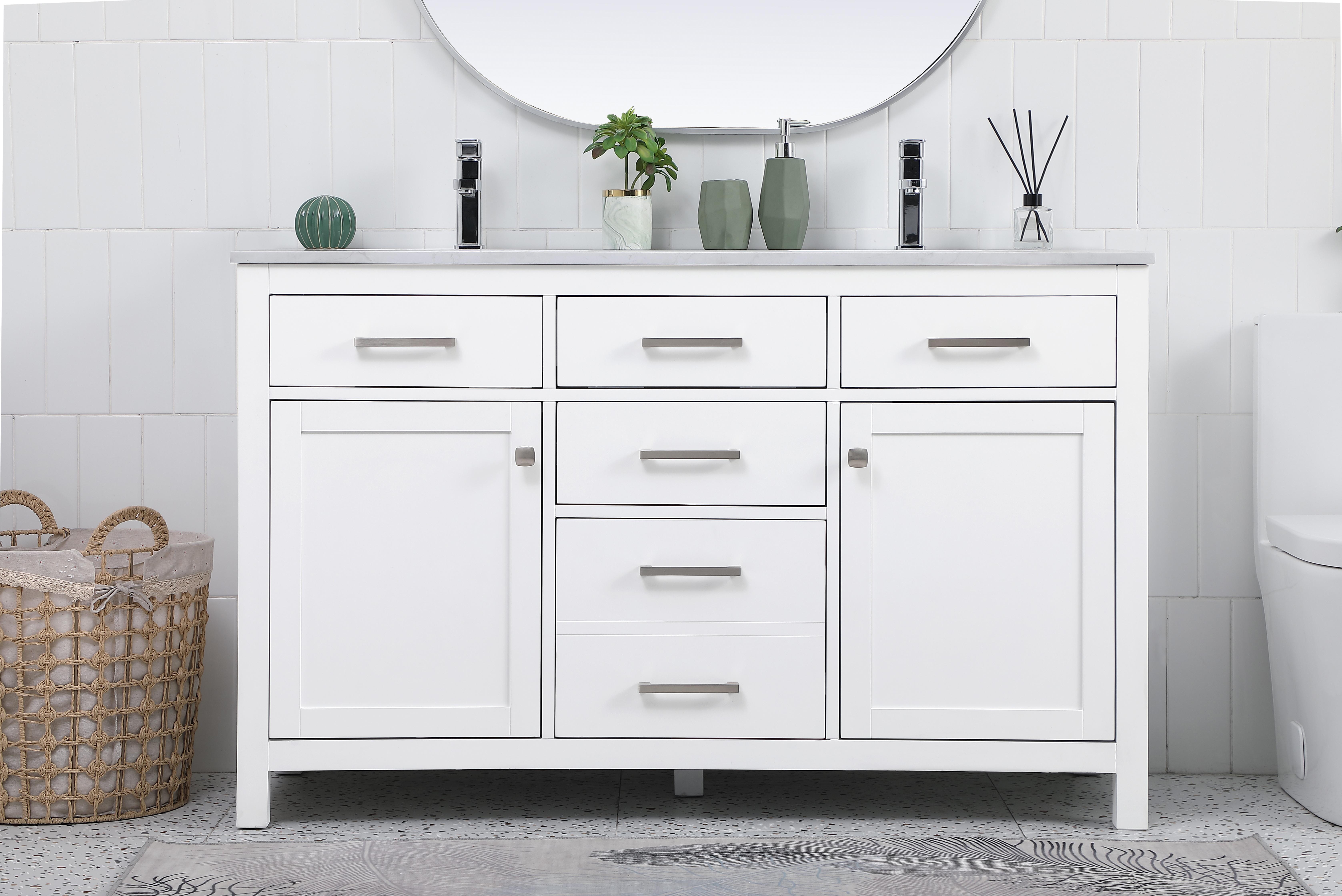 The Lewis 54-inch vanity combines generous storage with clean transitional styling. Solid wood and MDF construction in a crisp white finish offers durability and timeless appeal for modern bathrooms. - alternate view