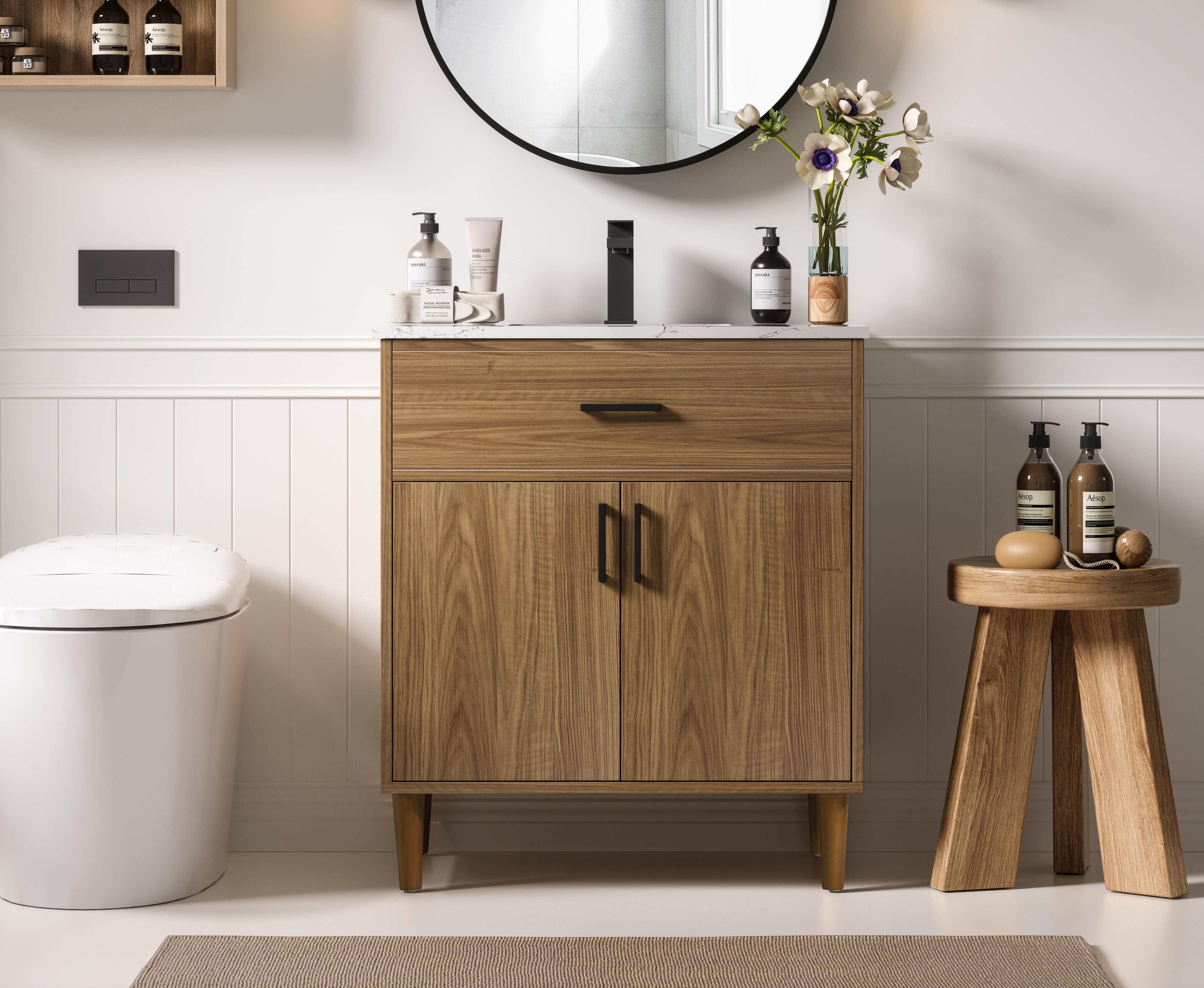 Modern Fitting 30-inch Midcentury Single Bathroom Vanity in Walnut Brown Finish