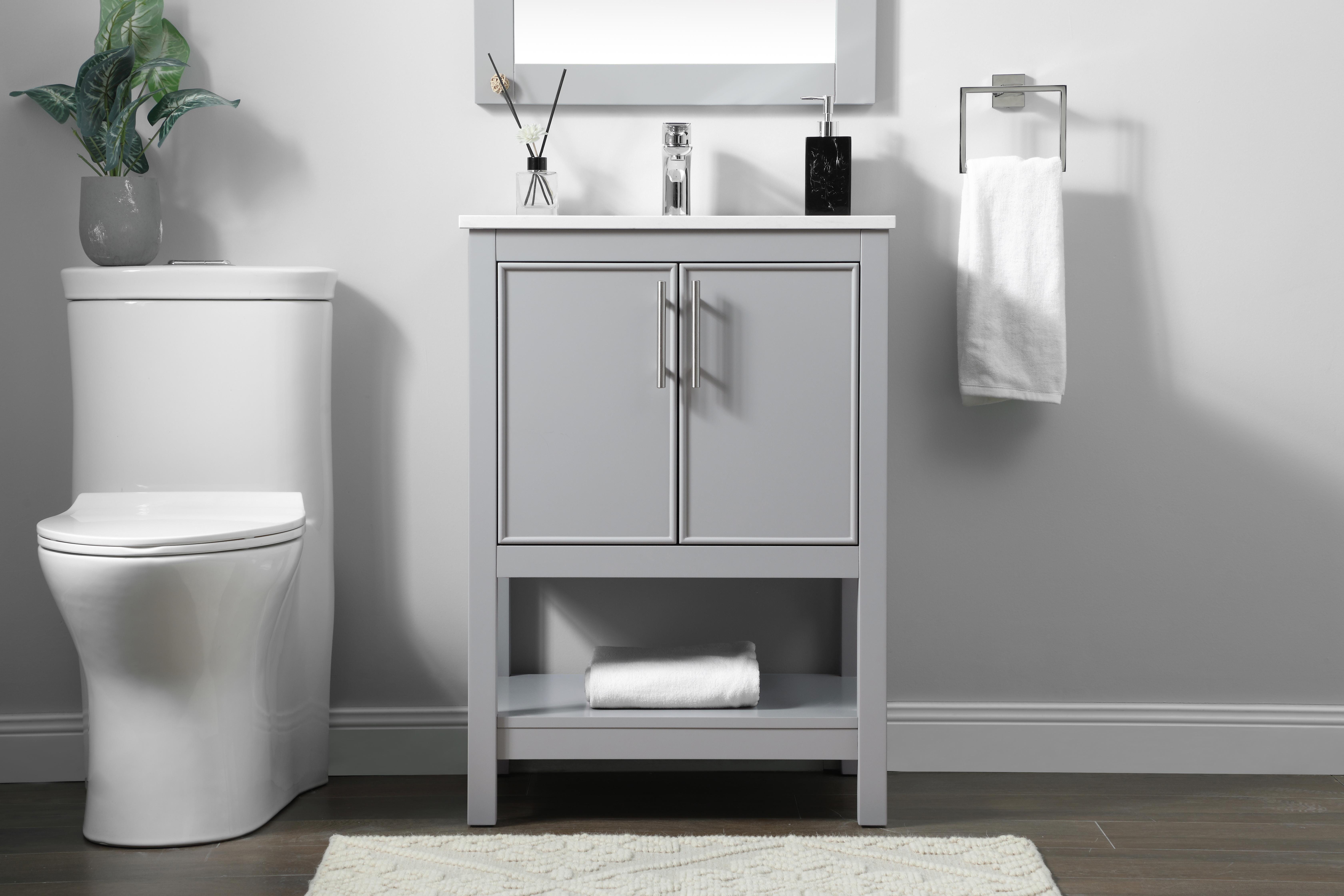 Dimensions
Length: 24"
Width: 19"
Height: 34"
Counter Top Length: 24"
Counter Top Width: 19"
Counter Top Height: 0.71"
Sink Width: 15.35"
Sink Depth: 10.24"
Sink Height: 8.25"
Sink Drain Hole Size: 1.77"
Faucet Hole Spacing: 1 Hole"
Specifications
Assembly Required: NO
Counter Top Edge Style: Straight
Counter Top Finish: Calacatta white
Distressed Finish: NO
Drain Assembly Included: NO
Faucet Included: NO
Finish (Color): Grey
Vanity Material: Solid Wood and MDF
Hardware Finish: brushed nickel
Harware Material: Aluminum alloy
Number of Faucet Holes: 1
Number of Sinks: 1
Product Shape: Rectangle
Product Type: Bathroom Vanities
Product Warranty: 1 year limited
Sink Mounting Type: Undermount
Vanity Backsplash: NO
Vanity Mounting Type: Free-Standing
Weight: 76
Wire Included: No
Wood Type: Rubberwood
Shipment type: Oversized Ground
US Shipping Cost: $129.00
Drawers
Drawers Included: NO
Number of Drawers: 0
False Drawers: NO
Shelves
Number of Shelves: 1
Cabinets
Number of Cabinets: 1
Cabinet Interior Width: 21.06
Cabinet Interior Depth: 17.24
Cabinet Interior Height: 17.52 - alternate view