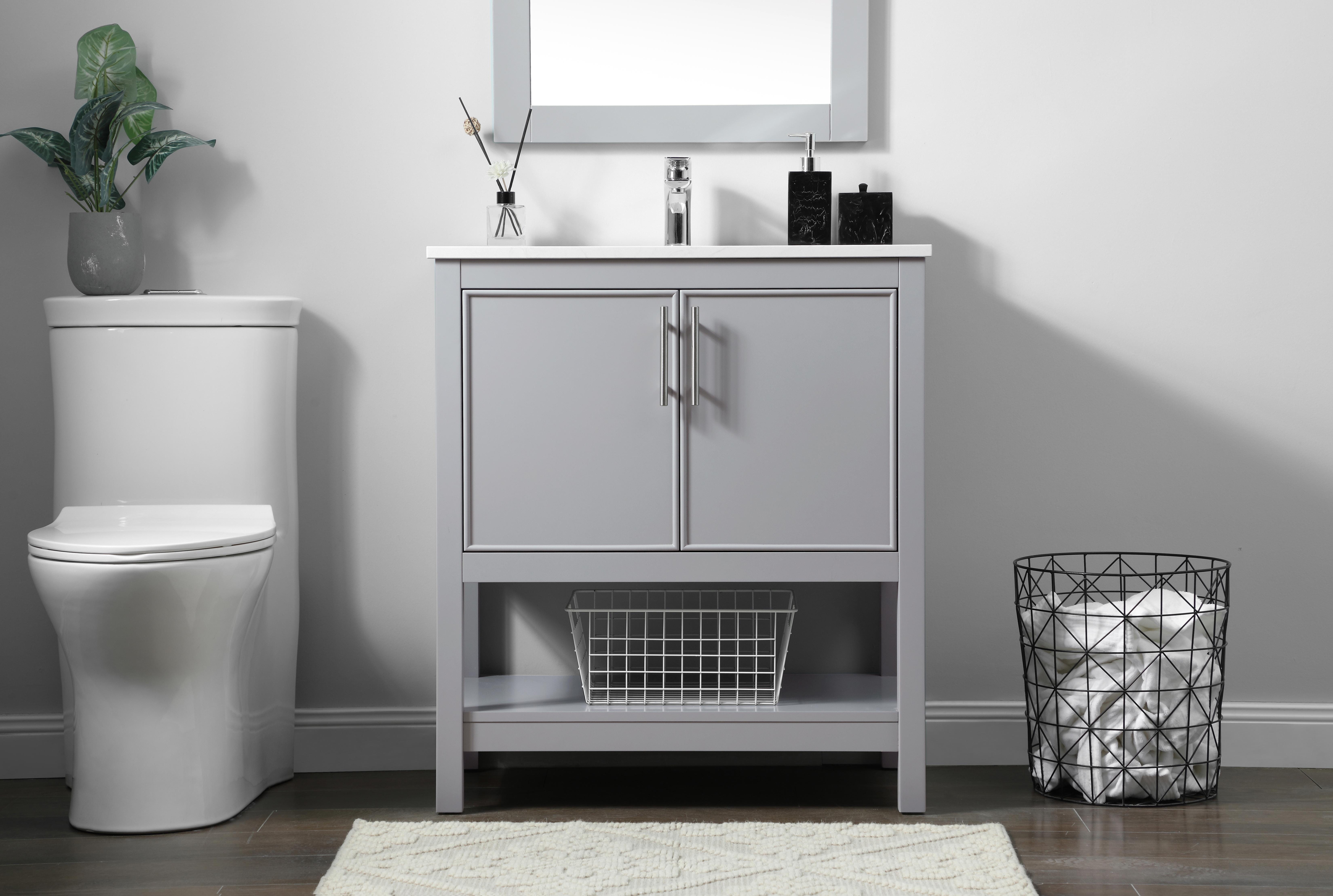 Dimensions
Length: 30"
Width: 19"
Height: 34"
Counter Top Length: 30"
Counter Top Width: 19"
Counter Top Height: 0.71"
Sink Width: 15.35"
Sink Depth: 10.24"
Sink Height: 8.25"
Sink Drain Hole Size: 1.77"
Faucet Hole Spacing: 1 Hole"
Specifications
Assembly Required: NO
Counter Top Edge Style: Straight
Counter Top Finish: Calacatta white
Distressed Finish: NO
Drain Assembly Included: NO
Faucet Included: NO
Finish (Color): Grey
Vanity Material: Solid Wood and MDF
Hardware Finish: brushed nickel
Harware Material: Aluminum alloy
Number of Faucet Holes: 1
Number of Sinks: 1
Product Shape: Rectangle
Product Type: Bathroom Vanities
Product Warranty: 1 year limited
Sink Mounting Type: Undermount
Vanity Backsplash: NO
Vanity Mounting Type: Free-Standing
Weight: 90
Wire Included: No
Wood Type: Rubberwood
Shipment type: Oversized Ground
US Shipping Cost: $142.00
Drawers
Drawers Included: NO
Number of Drawers: 0
False Drawers: NO
Shelves
Number of Shelves: 1
Cabinets
Number of Cabinets: 1
Cabinet Interior Width: 26.97
Cabinet Interior Depth: 17.24
Cabinet Interior Height: 17.52 - alternate view
