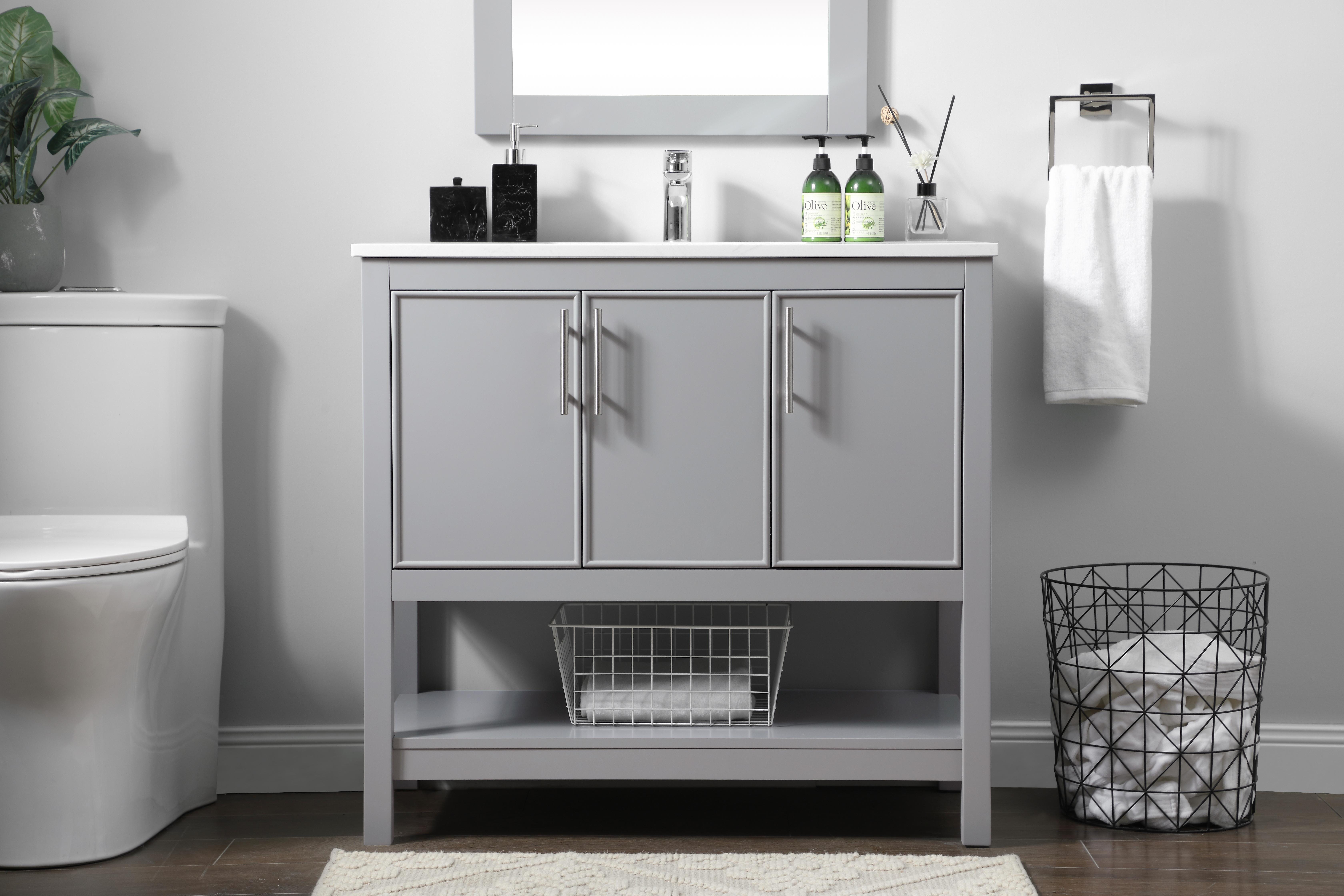 Dimensions
Length: 36"
Width: 19"
Height: 34"
Counter Top Length: 36"
Counter Top Width: 19"
Counter Top Height: 0.71"
Sink Width: 15.35"
Sink Depth: 10.24"
Sink Height: 8.25"
Sink Drain Hole Size: 1.77"
Faucet Hole Spacing: 1 Hole"
Specifications
Assembly Required: NO
Counter Top Edge Style: Straight
Counter Top Finish: Calacatta white
Distressed Finish: NO
Drain Assembly Included: NO
Faucet Included: NO
Finish (Color): Grey
Vanity Material: Solid Wood and MDF
Hardware Finish: brushed nickel
Harware Material: Aluminum alloy
Number of Faucet Holes: 1
Number of Sinks: 1
Product Shape: Rectangle
Product Type: Bathroom Vanities
Product Warranty: 1 year limited
Sink Mounting Type: Undermount
Vanity Backsplash: NO
Vanity Mounting Type: Free-Standing
Weight: 108
Wire Included: No
Wood Type: Rubberwood
Shipment type: LTL
US Shipping Cost: $159.00
Drawers
Drawers Included: NO
Number of Drawers: 0
False Drawers: NO
Shelves
Number of Shelves: 1
Cabinets
Number of Cabinets: 2
Cabinet Interior Width: 21.91,
10.57
Cabinet Interior Depth: 17.24
Cabinet Interior Height: 17.52 - alternate view
