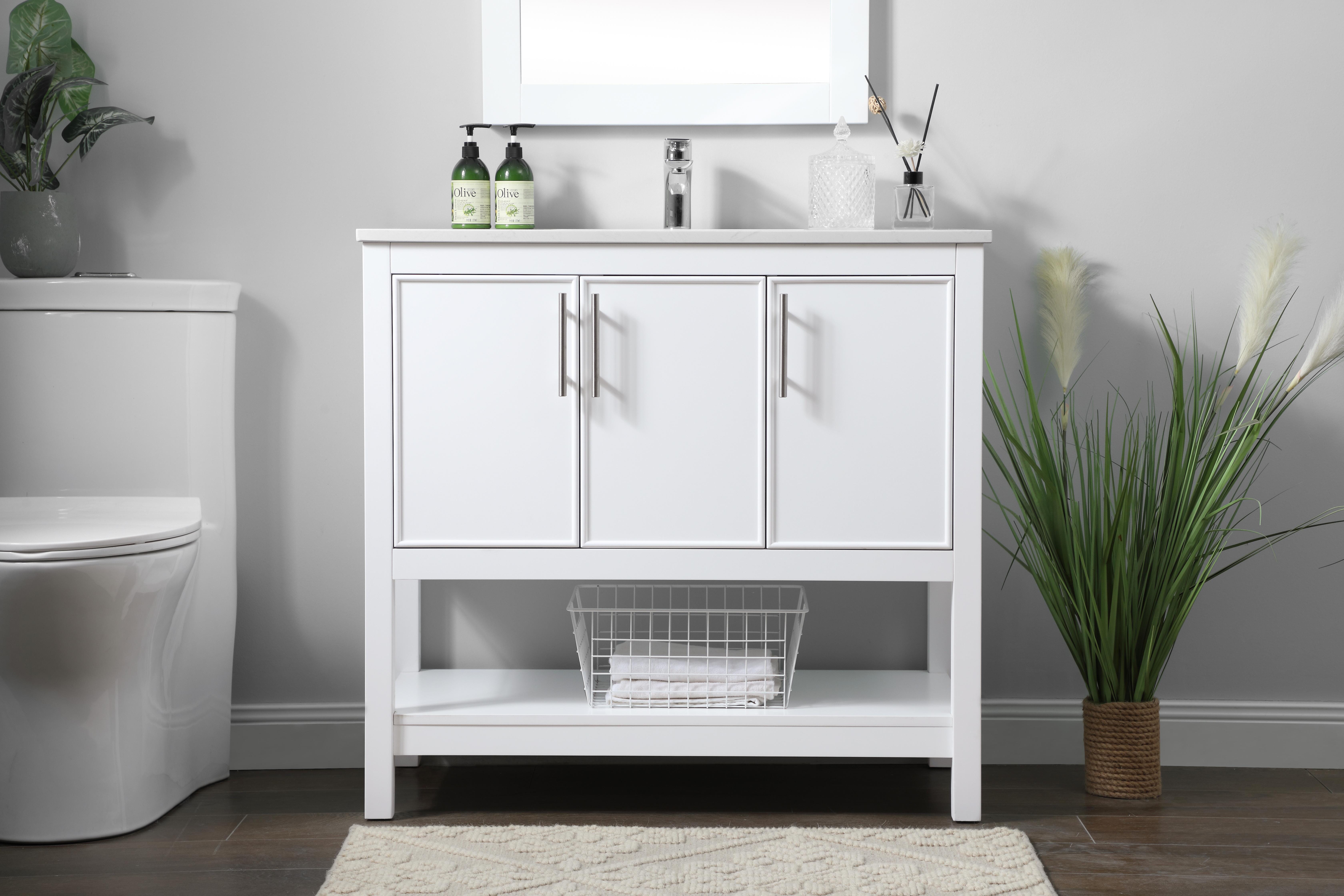A sleek contemporary vanity combining engineered marble elegance with practical storage. Features soft-close doors, undermount sink, and open shelf design. Perfect for modern bathrooms seeking clean lines and functionality. - alternate view