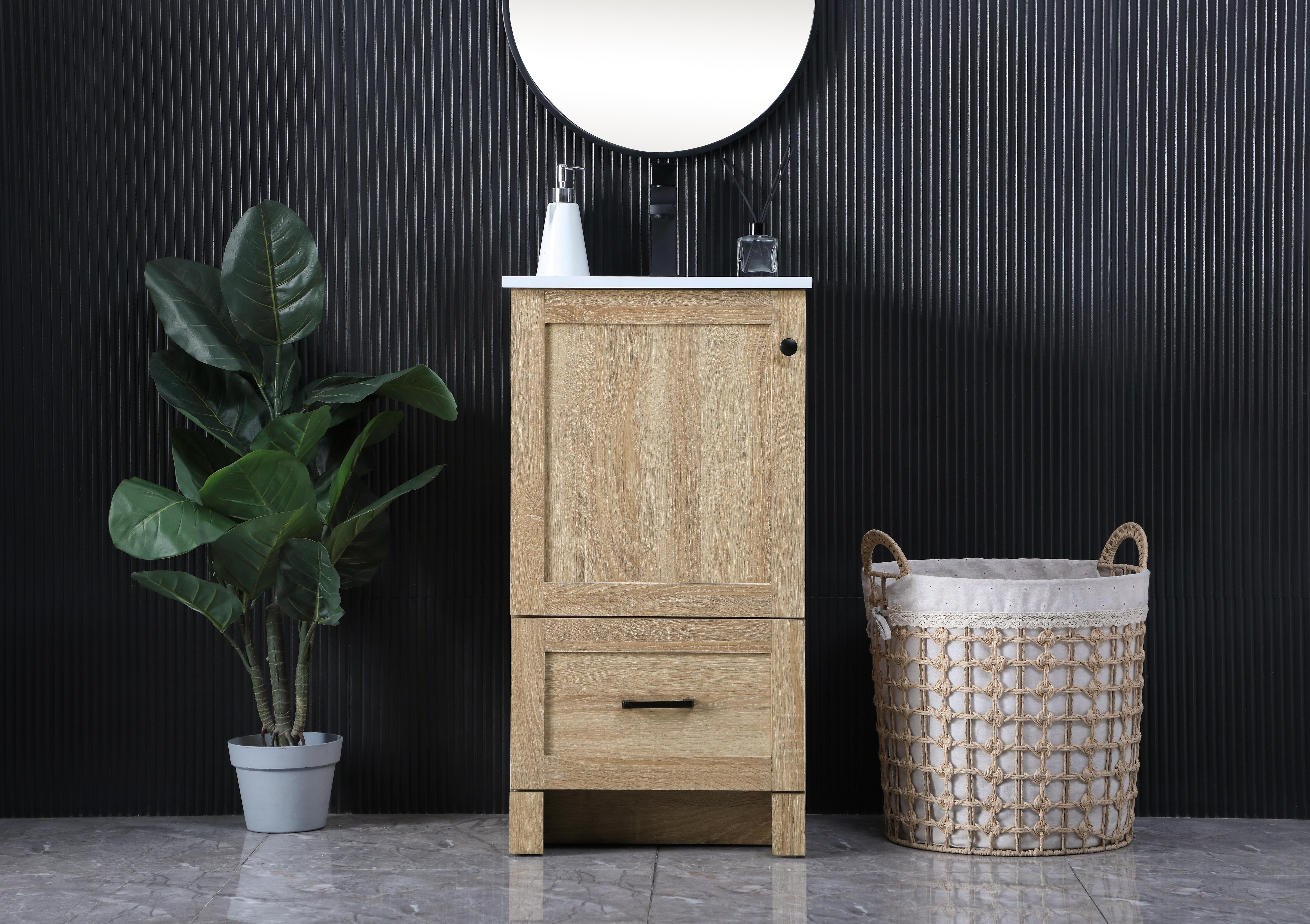 Dimensions
Length: 18"
Width: 19"
Height: 34"
Counter Top Length: 18"
Counter Top Width: 19"
Counter Top Height: 0.7"
Sink Width: 12"
Sink Depth: 9.65"
Sink Height: 5.5"
Sink Drain Hole Size: 1.77"
Faucet Hole Spacing: 1 Holes"
Specifications
Assembly Required: No
Base Material: MDF
Counter Top Edge Style: Straight
Counter Top Finish: Ivory White
Distressed Finish: NO
Drain Assembly Included: No
Faucet Included: No
Faucet Type: Single
Finish (Color): mango wood
Vanity Material: MDF
Hardware Finish: Black
Harware Material: Aluminum alloy
Number of Faucet Holes: 1
Number of Sinks: 1
Product Shape: Rectangle
Product Type: Bathroom Vanities
Product Warranty: 1 year limited
Sink Mounting Type: Undermount
Vanity Backsplash: NO
Vanity Mounting Type: Free-Standing
Weight: 65
Wire Included: No
Shipment type: Oversized Ground
US Shipping Cost: $142.00
Drawers
Drawers Included: YES
Number of Drawers: 1
False Drawers: NO
Drawer Width: 17.32
Drawer Depth: 14
Drawer Height: 10
Drawer Handle Designs: Bar pulls
Cabinets
Number of Cabinets: 1
Cabinet Interior Width: 16.14
Cabinet Interior Depth: 17.2
Cabinet Interior Height: 19.45 - alternate view