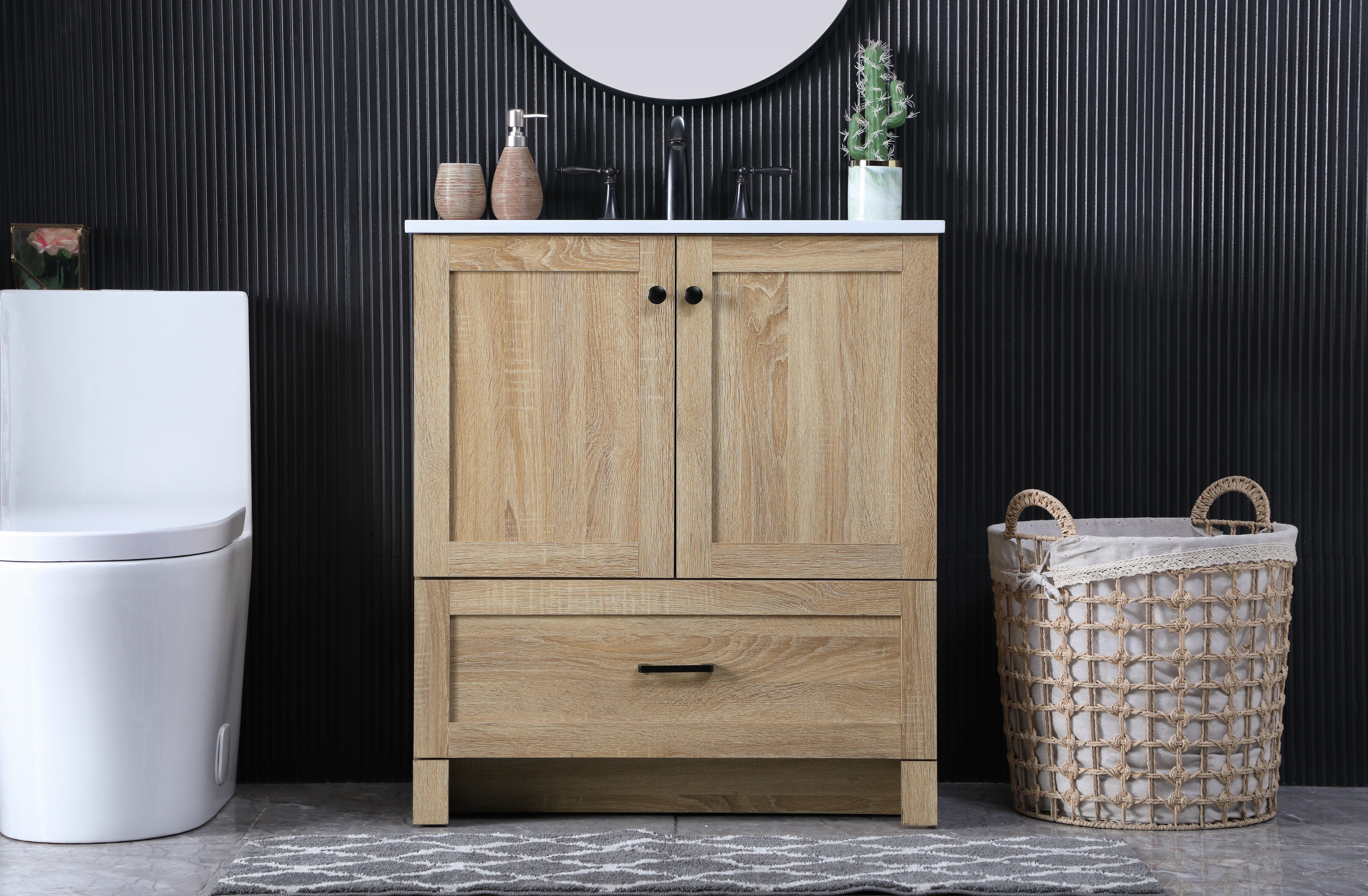 Dimensions
Length: 30"
Width: 19"
Height: 34"
Counter Top Length: 30"
Counter Top Width: 19"
Counter Top Height: 0.7"
Sink Width: 15.8"
Sink Depth: 10.9"
Sink Height: 8.25"
Sink Drain Hole Size: 1.77"
Faucet Hole Spacing: 8"3 Holes"
Specifications
Assembly Required: No
Base Material: MDF
Counter Top Edge Style: Straight
Counter Top Finish: Ivory White
Distressed Finish: NO
Drain Assembly Included: No
Faucet Included: No
Faucet Type: Widespread
Finish (Color): mango wood
Vanity Material: MDF
Hardware Finish: Black
Harware Material: Aluminum alloy
Number of Faucet Holes: 3
Number of Sinks: 1
Product Shape: Rectangle
Product Type: Bathroom Vanities
Product Warranty: 1 year limited
Sink Mounting Type: Undermount
Vanity Backsplash: NO
Vanity Mounting Type: Free-Standing
Weight: 86
Wire Included: No
Shipment type: Oversized Ground
US Shipping Cost: $142.00
Drawers
Drawers Included: YES
Number of Drawers: 1
False Drawers: NO
Drawer Width: 29.13
Drawer Depth: 14
Drawer Height: 10
Drawer Handle Designs: Bar pulls
Cabinets
Number of Cabinets: 1
Cabinet Interior Width: 27.95
Cabinet Interior Depth: 17.2
Cabinet Interior Height: 19.45 - alternate view