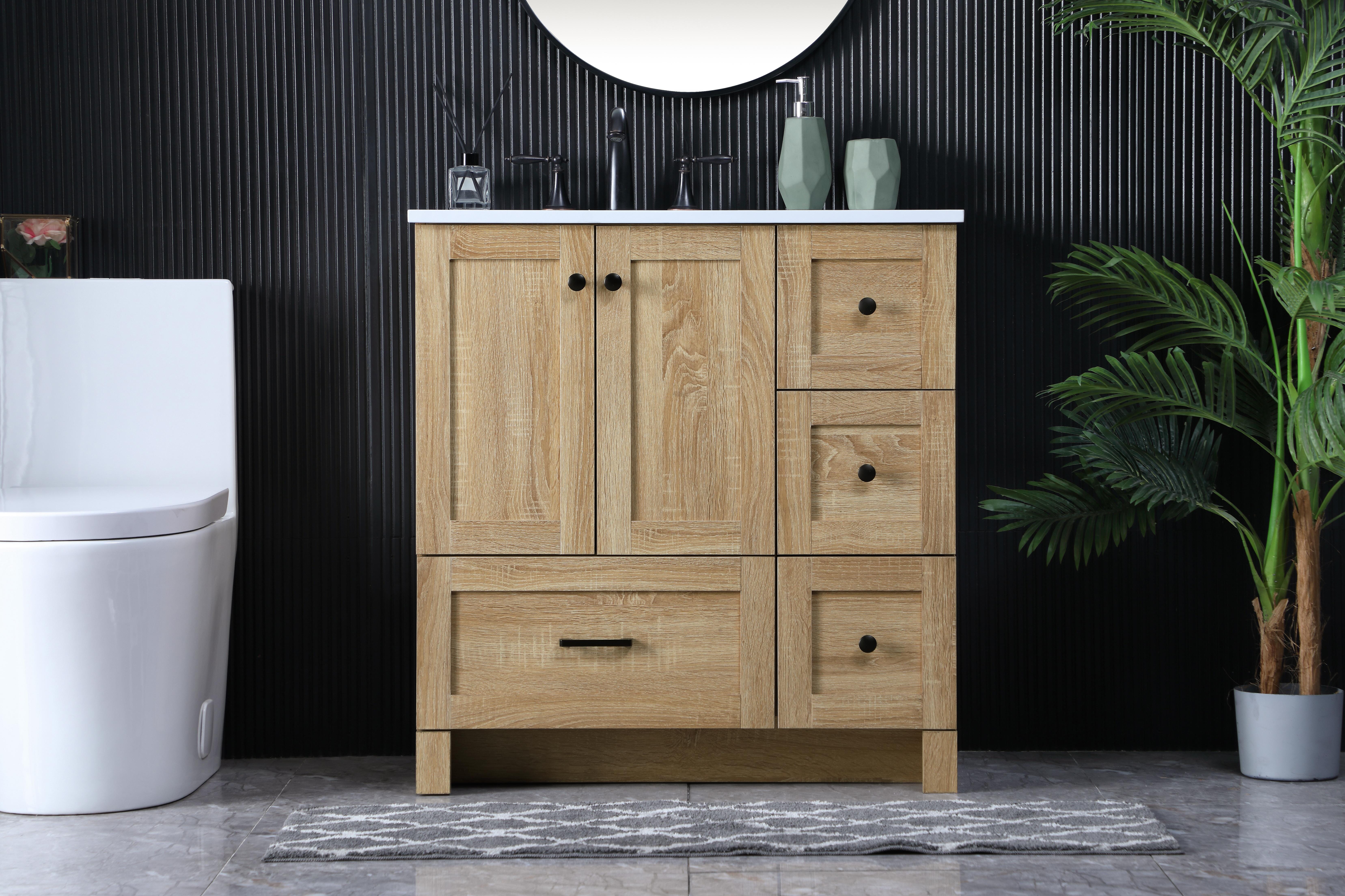 Dimensions
Length: 32"
Width: 19"
Height: 34"
Counter Top Length: 32"
Counter Top Width: 19"
Counter Top Height: 0.7"
Sink Width: 15.8"
Sink Depth: 10.9"
Sink Height: 8.25"
Sink Drain Hole Size: 1.77"
Faucet Hole Spacing: 8"3 Holes"
Specifications
Assembly Required: No
Base Material: MDF
Counter Top Edge Style: Straight
Counter Top Finish: Ivory White
Distressed Finish: NO
Drain Assembly Included: No
Faucet Included: No
Faucet Type: Widespread
Finish (Color): mango wood
Vanity Material: MDF
Hardware Finish: Black
Harware Material: Aluminum alloy
Number of Faucet Holes: 3
Number of Sinks: 1
Product Shape: Rectangle
Product Type: Bathroom Vanities
Product Warranty: 1 year limited
Sink Mounting Type: Undermount
Vanity Backsplash: NO
Vanity Mounting Type: Free-Standing
Weight: 90
Wire Included: No
Shipment type: LTL
US Shipping Cost: $145.00
Drawers
Drawers Included: YES
Number of Drawers: 4
False Drawers: NO
Drawer Width: DW1:20.79
DW2ï¼†DW3:10.35
Drawer Depth: 14
Drawer Height: DW1ï¼†DW3:10
DW2:9.61
Drawer Handle Designs: DW1:Bar pulls
DW2ï¼†DW3:Knob
Cabinets
Number of Cabinets: 1
Cabinet Interior Width: 19.61
Cabinet Interior Depth: 17.2
Cabinet Interior Height: 19.45 - alternate view