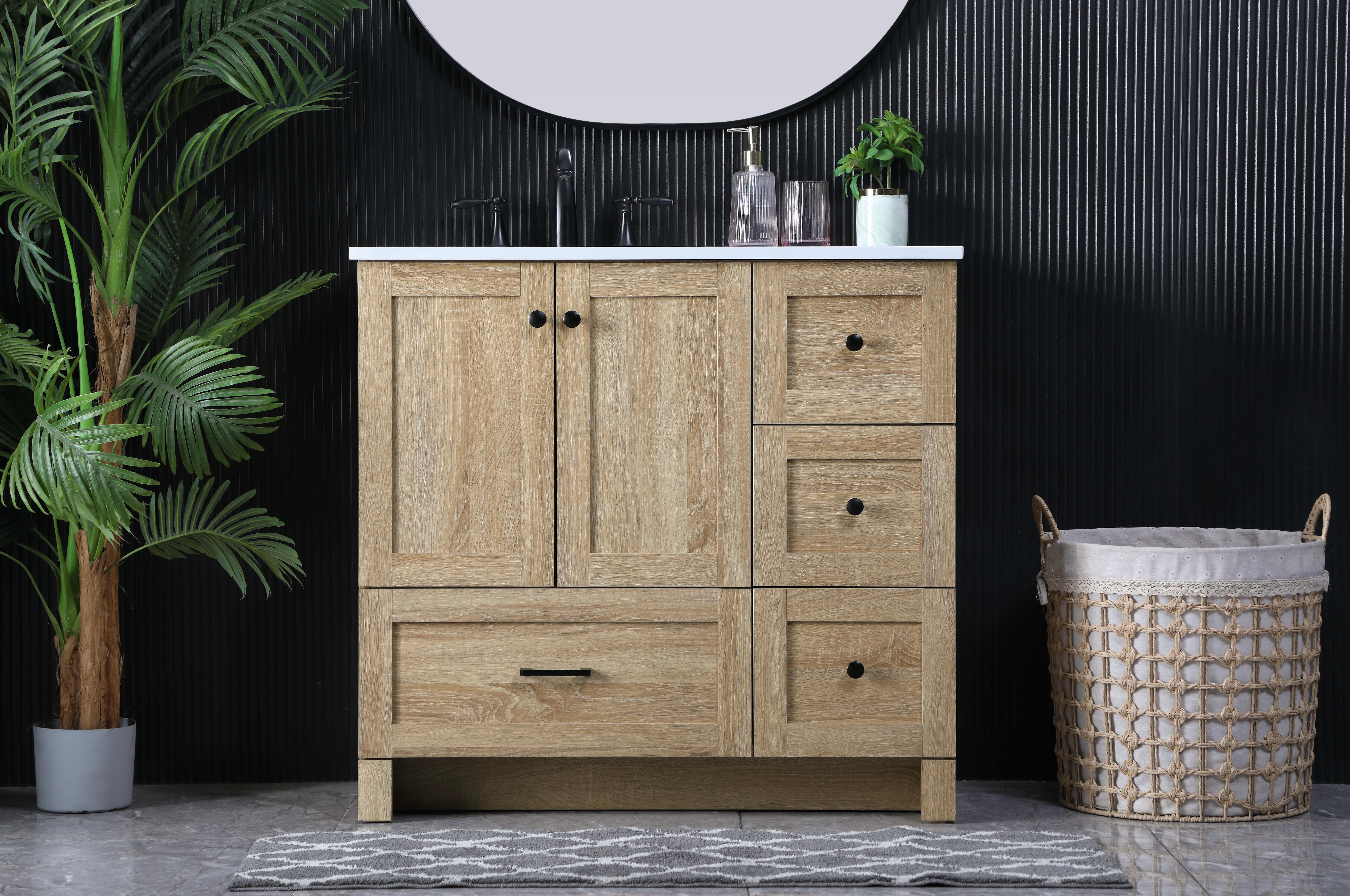 Dimensions
Length: 36"
Width: 19"
Height: 34"
Counter Top Length: 36"
Counter Top Width: 19"
Counter Top Height: 0.7"
Sink Width: 15.8"
Sink Depth: 10.9"
Sink Height: 8.25"
Sink Drain Hole Size: 1.77"
Faucet Hole Spacing: 8"3 Holes"
Specifications
Assembly Required: No
Base Material: MDF
Counter Top Edge Style: Straight
Counter Top Finish: Ivory White
Distressed Finish: NO
Drain Assembly Included: No
Faucet Included: No
Faucet Type: Widespread
Finish (Color): mango wood
Vanity Material: MDF
Hardware Finish: Black
Harware Material: Aluminum alloy
Number of Faucet Holes: 3
Number of Sinks: 1
Product Shape: Rectangle
Product Type: Bathroom Vanities
Product Warranty: 1 year limited
Sink Mounting Type: Undermount
Vanity Backsplash: NO
Vanity Mounting Type: Free-Standing
Weight: 123
Wire Included: No
Shipment type: LTL
US Shipping Cost: $159.00
Drawers
Drawers Included: YES
Number of Drawers: 4
False Drawers: NO
Drawer Width: DW1:23.23
DW2ï¼†DW3:11.93
Drawer Depth: 14
Drawer Height: DW1ï¼†DW3:10
DW2:9.61
Drawer Handle Designs: DW1:Bar pulls
DW2ï¼†DW3:Knob
Cabinets
Number of Cabinets: 1
Cabinet Interior Width: 22.05
Cabinet Interior Depth: 17.2
Cabinet Interior Height: 19.45 - alternate view