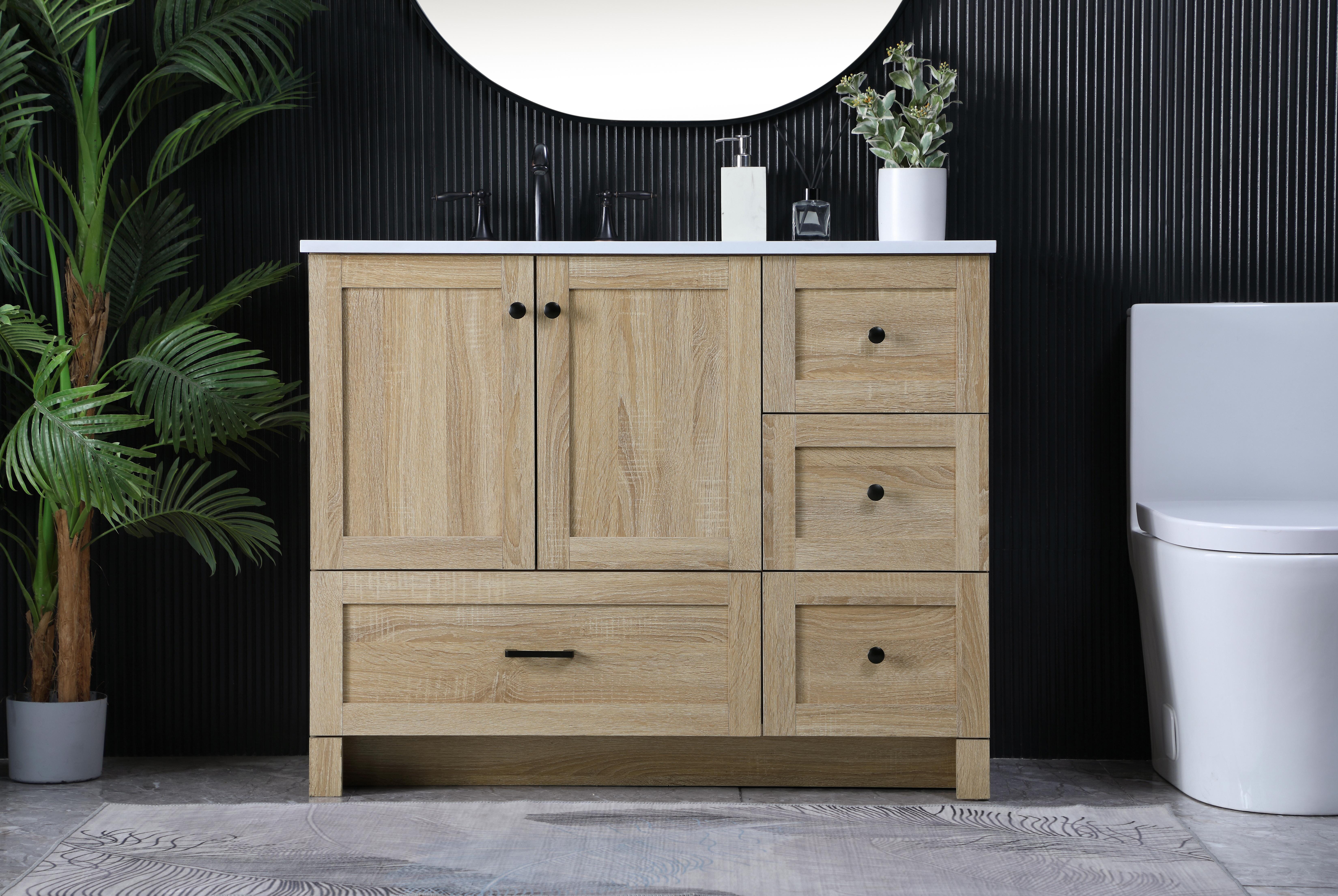 Dimensions
Length: 42"
Width: 19"
Height: 34"
Counter Top Length: 42"
Counter Top Width: 19"
Counter Top Height: 0.7"
Sink Width: 15.8"
Sink Depth: 10.9"
Sink Height: 8.25"
Sink Drain Hole Size: 1.77"
Faucet Hole Spacing: 8"3 Holes"
Specifications
Assembly Required: No
Base Material: MDF
Counter Top Edge Style: Straight
Counter Top Finish: Ivory White
Distressed Finish: NO
Drain Assembly Included: No
Faucet Included: No
Faucet Type: Widespread
Finish (Color): mango wood
Vanity Material: MDF
Hardware Finish: Black
Harware Material: Aluminum alloy
Number of Faucet Holes: 3
Number of Sinks: 1
Product Shape: Rectangle
Product Type: Bathroom Vanities
Product Warranty: 1 year limited
Sink Mounting Type: Undermount
Vanity Backsplash: NO
Vanity Mounting Type: Free-Standing
Weight: 138
Wire Included: No
Shipment type: LTL
US Shipping Cost: $178.00
Drawers
Drawers Included: YES
Number of Drawers: 4
False Drawers: NO
Drawer Width: DW1:27.48
DW2ï¼†DW3:13.7
Drawer Depth: 14
Drawer Height: DW1ï¼†DW3:10
DW2:9.61
Drawer Handle Designs: DW1:Bar pulls
DW2ï¼†DW3:Knob
Cabinets
Number of Cabinets: 1
Cabinet Interior Width: 26.3
Cabinet Interior Depth: 17.2
Cabinet Interior Height: 19.45 - alternate view
