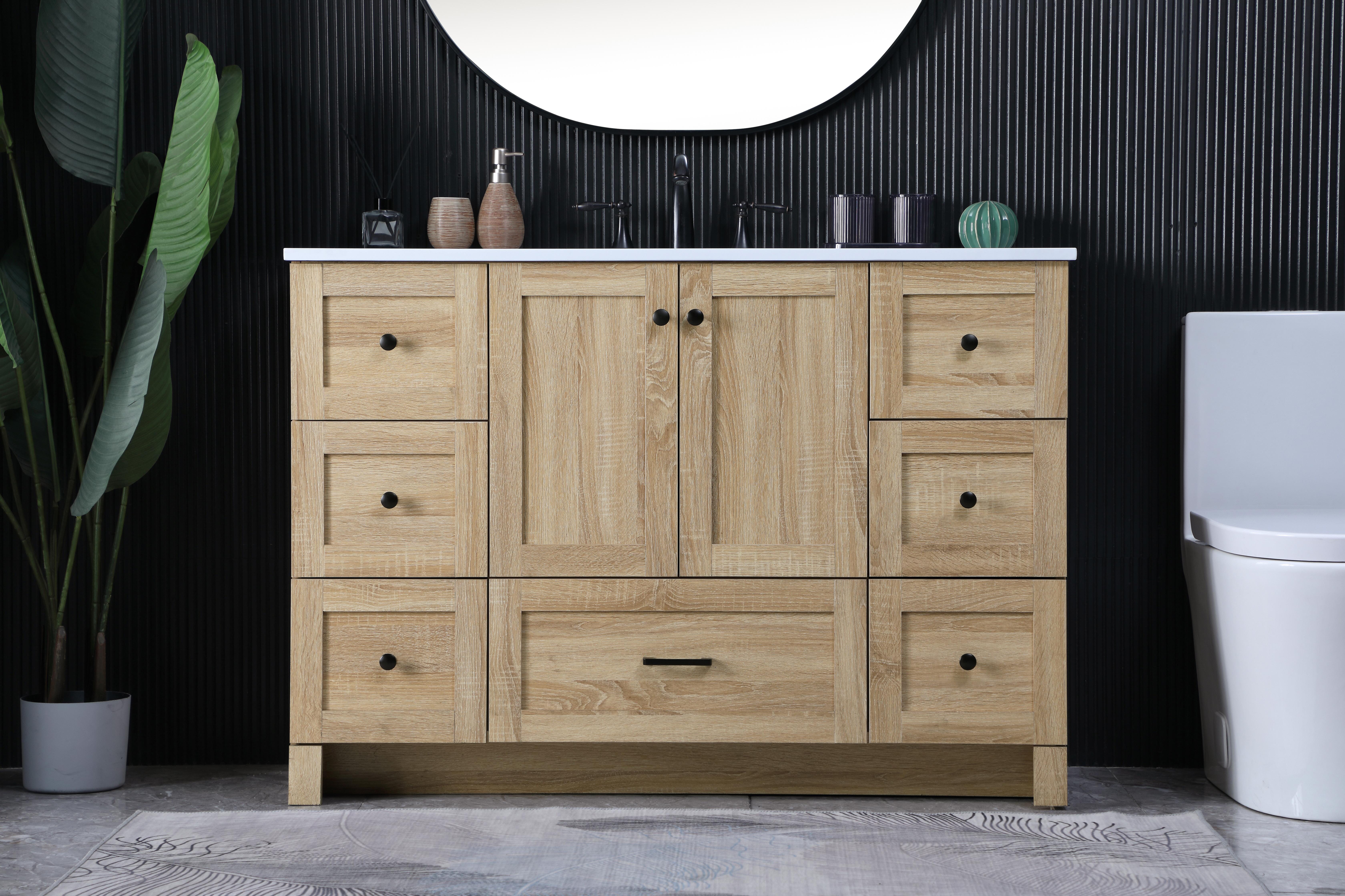 Dimensions
Length: 48"
Width: 19"
Height: 34"
Counter Top Length: 48"
Counter Top Width: 19"
Counter Top Height: 0.7"
Sink Width: 15.8"
Sink Depth: 10.9"
Sink Height: 8.25"
Sink Drain Hole Size: 1.77"
Faucet Hole Spacing: 8"3 Holes"
Specifications
Assembly Required: No
Base Material: MDF
Counter Top Edge Style: Straight
Counter Top Finish: Ivory White
Distressed Finish: NO
Drain Assembly Included: No
Faucet Included: No
Faucet Type: Widespread
Finish (Color): mango wood
Vanity Material: MDF
Hardware Finish: Black
Harware Material: Aluminum alloy
Number of Faucet Holes: 3
Number of Sinks: 1
Product Shape: Rectangle
Product Type: Bathroom Vanities
Product Warranty: 1 year limited
Sink Mounting Type: Undermount
Vanity Backsplash: NO
Vanity Mounting Type: Free-Standing
Weight: 165
Wire Included: No
Shipment type: LTL
US Shipping Cost: $204.00
Drawers
Drawers Included: YES
Number of Drawers: 7
False Drawers: NO
Drawer Width: DW1:23.23
DW2ï¼†DW3:11.93
Drawer Depth: 14
Drawer Height: DW1ï¼†DW3ï¼†DW5:10
DW2ï¼†DW4:9.61
Drawer Handle Designs: DW1:Bar pulls
DW2ï¼†DW3ï¼†DW4ï¼†DW5:Knob
Cabinets
Number of Cabinets: 1
Cabinet Interior Width: 23.39
Cabinet Interior Depth: 17.2
Cabinet Interior Height: 19.45 - alternate view