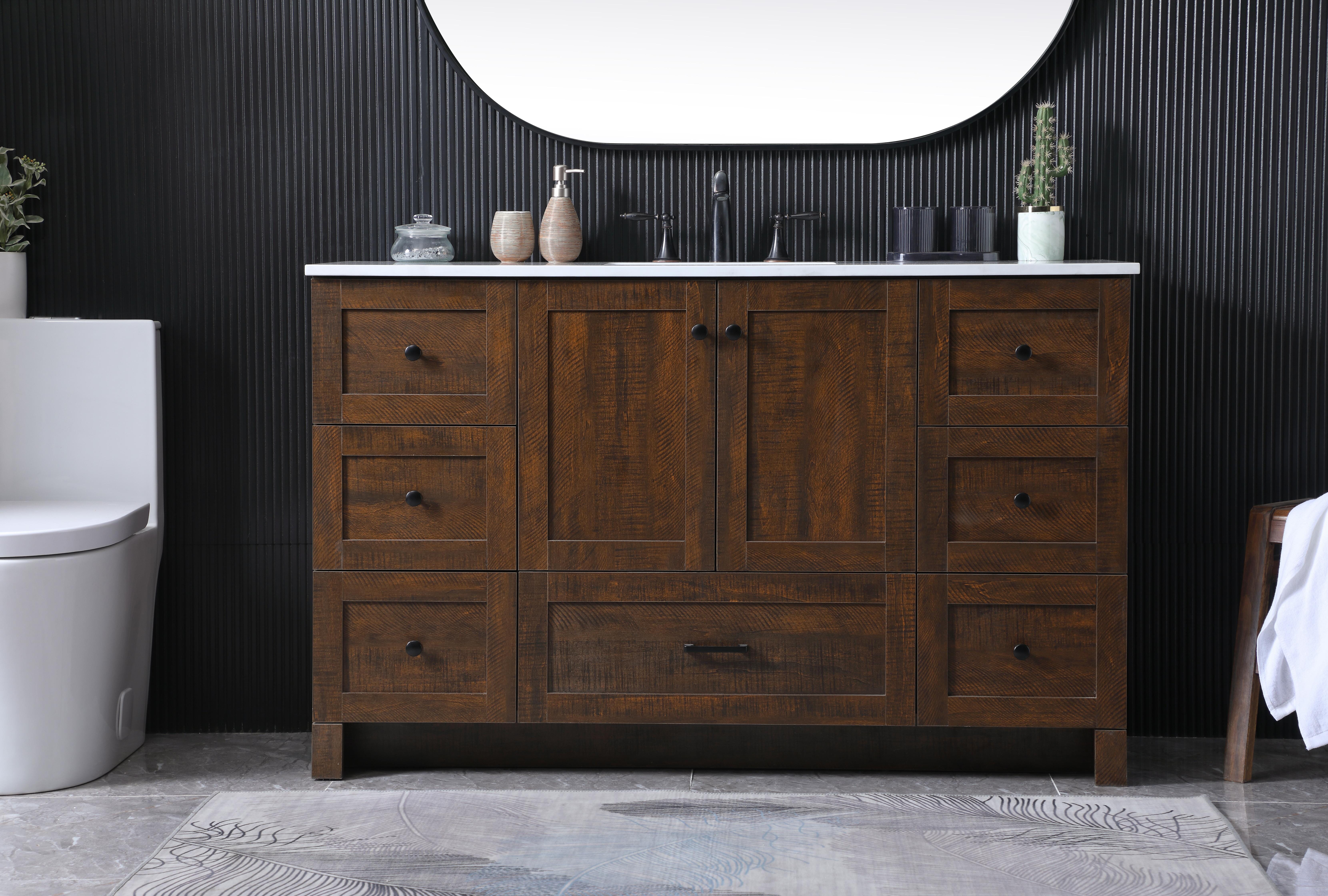 Dimensions
Length: 54"
Width: 19"
Height: 34"
Counter Top Length: 54"
Counter Top Width: 19"
Counter Top Height: 0.7"
Sink Width: 15.8"
Sink Depth: 10.9"
Sink Height: 7.875"
Sink Drain Hole Size: 1.77"
Faucet Hole Spacing: 8 inch"
Specifications
Assembly Required: NO
Counter Top Edge Style: Straight
Counter Top Finish: Ivory White
Distressed Finish: NO
Drain Assembly Included: NO
Faucet Included: NO
Finish (Color): Expresso
Vanity Material: MDF
Hardware Finish: Black
Harware Material: Aluminium alloy
Number of Faucet Holes: 3
Number of Sinks: 1
Product Shape: Rectangle
Product Type: Bathroom Vanities
Product Warranty: 1 year limited
Sink Mounting Type: Undermount
Vanity Backsplash: NO
Vanity Mounting Type: Free-Standing
Weight: 205
Wire Included: No
Shipment type: LTL
US Shipping Cost: $228.00
Drawers
Drawers Included: Yes
Number of Drawers: 7
False Drawers: NO
Drawer Width: DW1:13.43
DW2:13.43
DW3:13.43
DW4:13.43
DW5:26.14
Drawer Depth: DW1:14
DW2:14
DW3:14
DW4:14
DW5:14
Drawer Height: DW1:9.57
DW2:10
DW3:9.57
DW4:10
DW5:10
Drawer Handle Designs: DW1&DW2&DW3&DW4:Knob
DW5: Bar pulls
Cabinets
Number of Cabinets: 1
Cabinet Interior Width: 26.14
Cabinet Interior Depth: 17.2
Cabinet Interior Height: 19.45 - alternate view