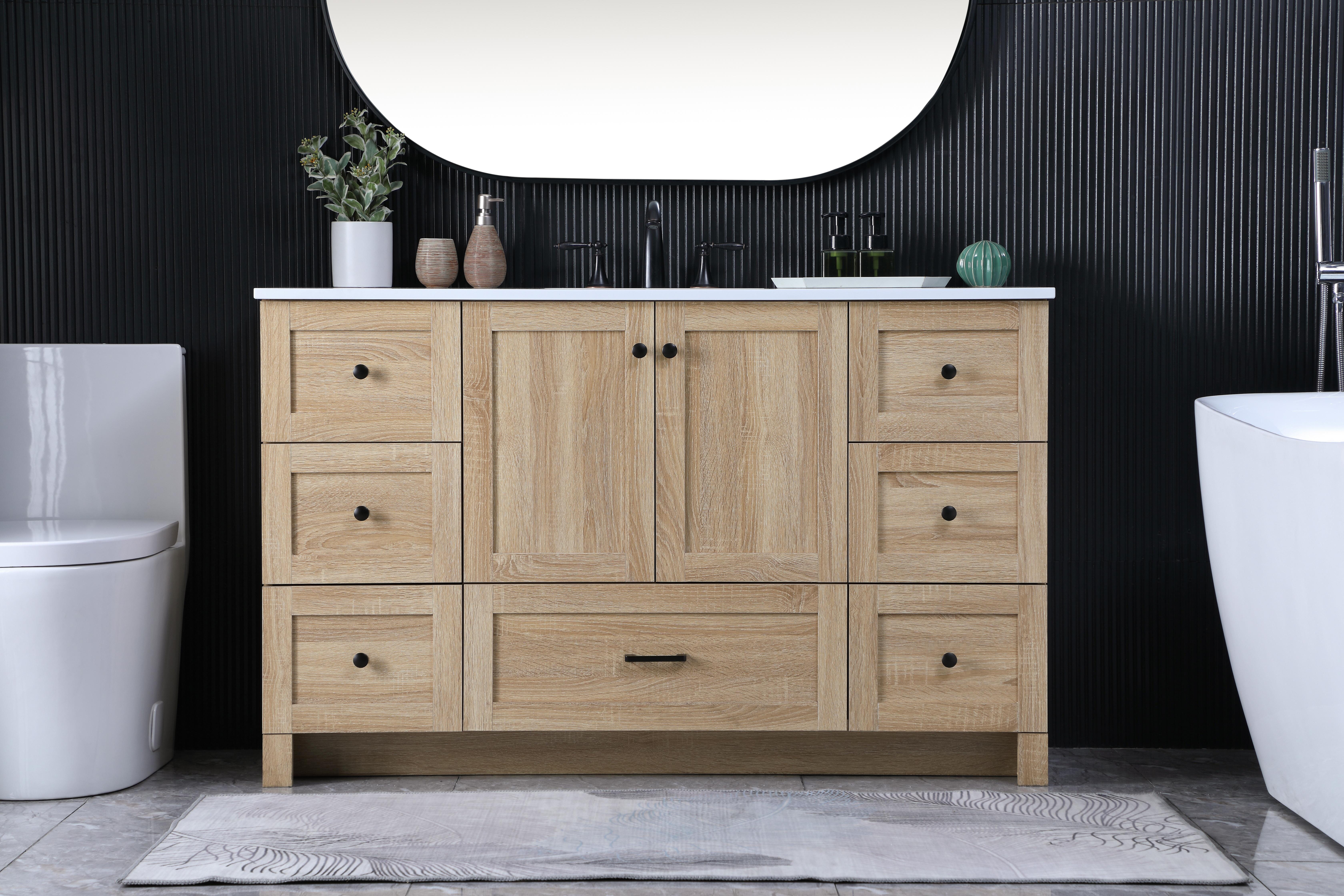 Dimensions
Length: 54"
Width: 19"
Height: 34"
Counter Top Length: 54"
Counter Top Width: 19"
Counter Top Height: 0.7"
Sink Width: 15.8"
Sink Depth: 10.9"
Sink Height: 8.25"
Sink Drain Hole Size: 1.77"
Faucet Hole Spacing: 8"3 Holes"
Specifications
Assembly Required: No
Base Material: MDF
Counter Top Edge Style: Straight
Counter Top Finish: Ivory White
Distressed Finish: NO
Drain Assembly Included: No
Faucet Included: No
Faucet Type: Widespread
Finish (Color): mango wood
Vanity Material: MDF
Hardware Finish: Black
Harware Material: Aluminum alloy
Number of Faucet Holes: 3
Number of Sinks: 1
Product Shape: Rectangle
Product Type: Bathroom Vanities
Product Warranty: 1 year limited
Sink Mounting Type: Undermount
Vanity Backsplash: NO
Vanity Mounting Type: Free-Standing
Weight: 205
Wire Included: No
Shipment type: LTL
US Shipping Cost: $228.00
Drawers
Drawers Included: Yes
Number of Drawers: 7
False Drawers: NO
Drawer Width: DW1:13.43
DW2:13.43
DW3:13.43
DW4:13.43
DW5:26.14
Drawer Depth: 14
Drawer Height: DW1:9.57
DW2:10
DW3:9.57
DW4:10
DW5:10
Drawer Handle Designs: DW1&DW2&DW3&DW4:Knob
DW5: Bar pulls
Cabinets
Number of Cabinets: 1
Cabinet Interior Width: 26.14
Cabinet Interior Depth: 17.2
Cabinet Interior Height: 19.45 - alternate view
