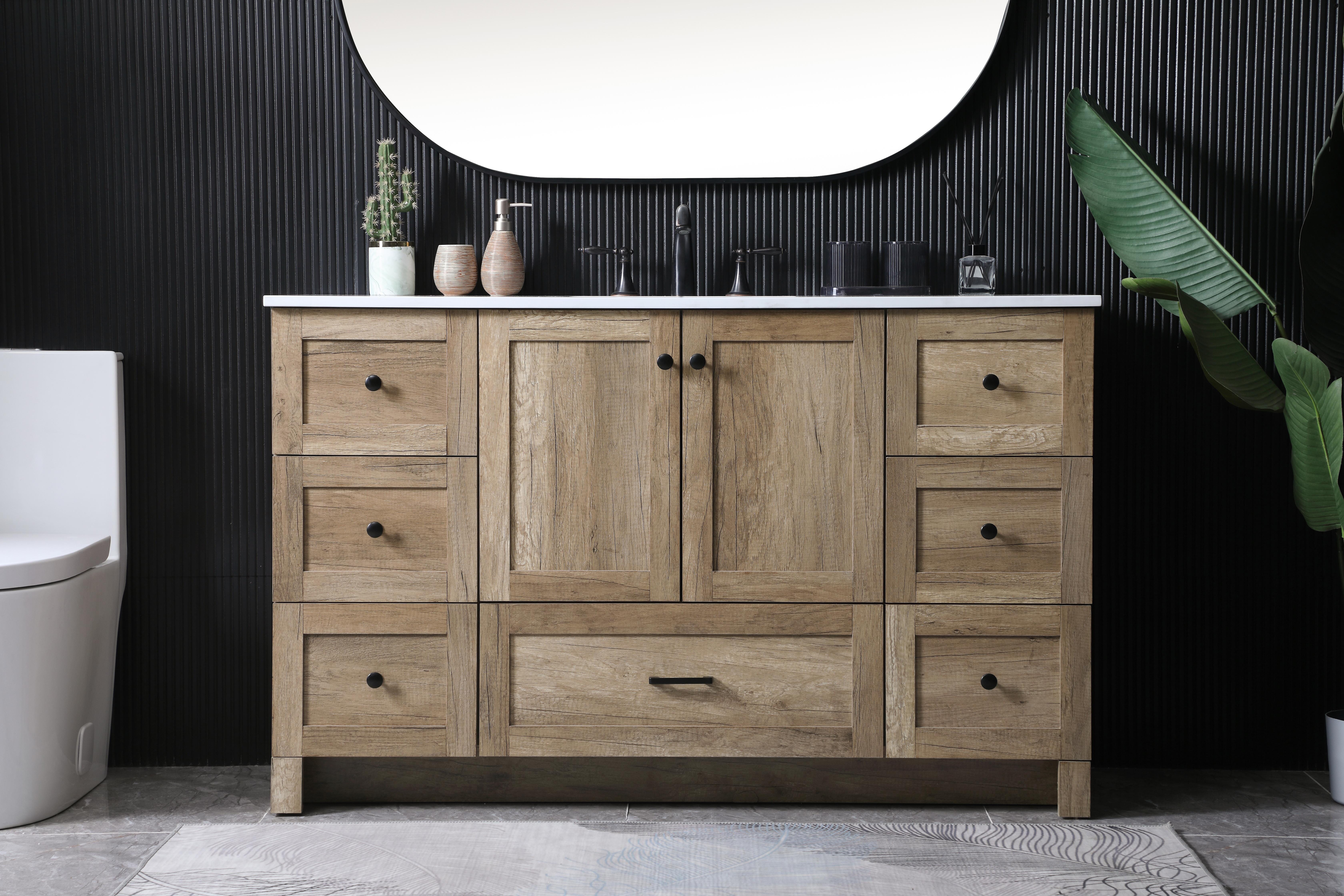 Dimensions
Length: 54"
Width: 19"
Height: 34"
Counter Top Length: 54"
Counter Top Width: 19"
Counter Top Height: 0.7"
Sink Width: 15.8"
Sink Depth: 10.9"
Sink Height: 7.875"
Sink Drain Hole Size: 1.77"
Faucet Hole Spacing: 8 inch"
Specifications
Assembly Required: NO
Counter Top Edge Style: Straight
Counter Top Finish: Ivory White
Distressed Finish: NO
Drain Assembly Included: NO
Faucet Included: NO
Finish (Color): Natural Oak
Vanity Material: MDF
Hardware Finish: Black
Harware Material: Aluminium alloy
Number of Faucet Holes: 3
Number of Sinks: 1
Product Shape: Rectangle
Product Type: Bathroom Vanities
Product Warranty: 1 year limited
Sink Mounting Type: Undermount
Vanity Backsplash: NO
Vanity Mounting Type: Free-Standing
Weight: 205
Wire Included: No
Shipment type: LTL
US Shipping Cost: $228.00
Drawers
Drawers Included: Yes
Number of Drawers: 7
False Drawers: NO
Drawer Width: DW1:13.43
DW2:13.43
DW3:13.43
DW4:13.43
DW5:26.14
Drawer Depth: DW1:14
DW2:14
DW3:14
DW4:14
DW5:14
Drawer Height: DW1:9.57
DW2:10
DW3:9.57
DW4:10
DW5:10
Drawer Handle Designs: DW1&DW2&DW3&DW4:Knob
DW5: Bar pulls
Cabinets
Number of Cabinets: 1
Cabinet Interior Width: 26.14
Cabinet Interior Depth: 17.2
Cabinet Interior Height: 19.45 - alternate view