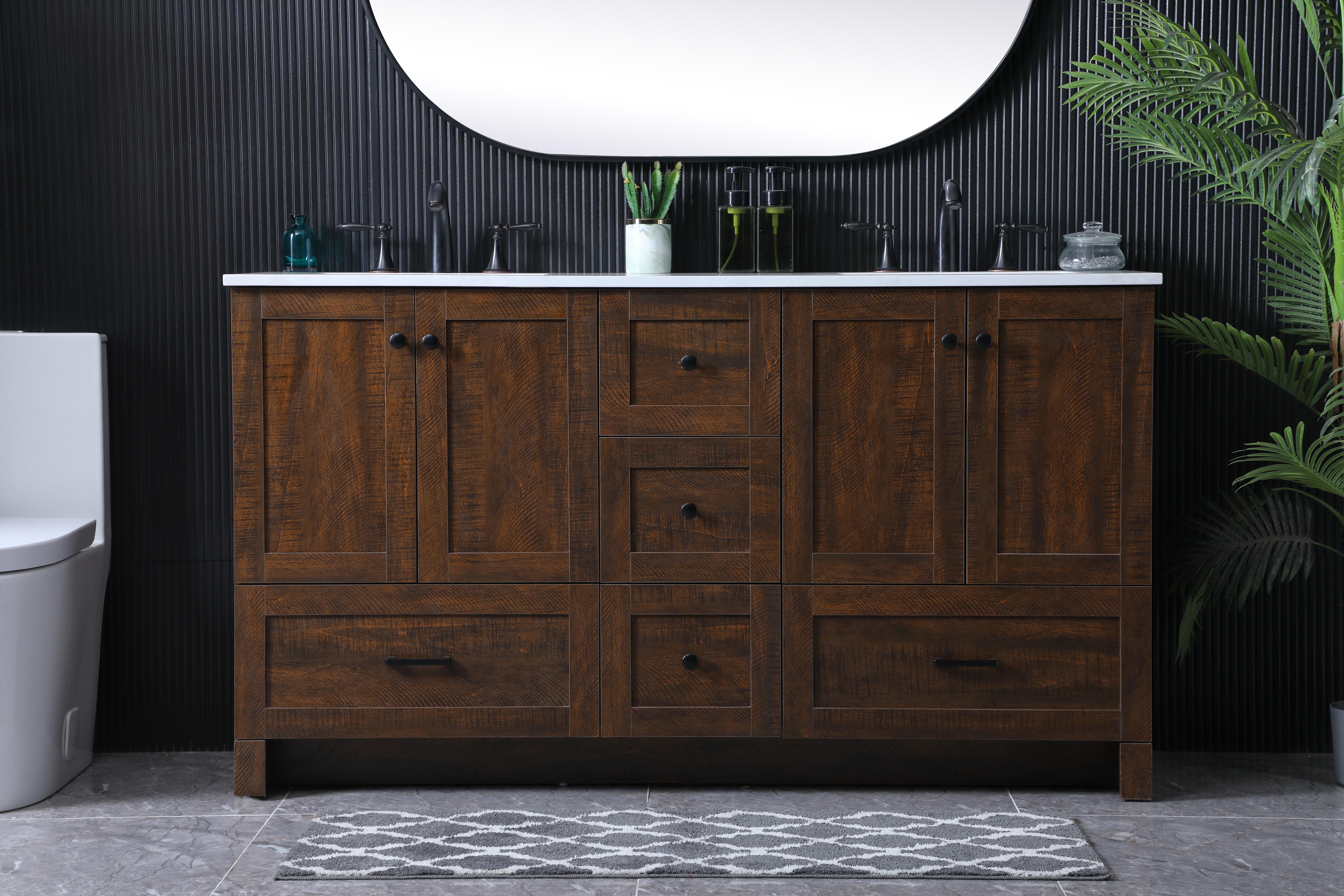 Dimensions
Length: 60"
Width: 19"
Height: 34"
Counter Top Length: 60"
Counter Top Width: 19"
Counter Top Height: 0.7"
Sink Width: 15.8"
Sink Depth: 10.9"
Sink Height: 7.875"
Sink Drain Hole Size: 1.77"
Faucet Hole Spacing: 8 inch"
Specifications
Assembly Required: NO
Counter Top Edge Style: Straight
Counter Top Finish: Ivory White
Distressed Finish: NO
Drain Assembly Included: NO
Faucet Included: NO
Finish (Color): Expresso
Vanity Material: MDF
Hardware Finish: Black
Harware Material: Aluminium alloy
Number of Faucet Holes: 6
Number of Sinks: 2
Product Shape: Rectangle
Product Type: Bathroom Vanities
Product Warranty: 1 year limited
Sink Mounting Type: Undermount
Vanity Backsplash: NO
Vanity Mounting Type: Free-Standing
Weight: 218
Wire Included: No
Shipment type: LTL
US Shipping Cost: $251.00
Drawers
Drawers Included: Yes
Number of Drawers: 5
False Drawers: NO
Drawer Width: DW1:11.73 DW2:11.73 DW3:23.62 DW4:23.62
Drawer Depth: DW1:14 DW2:14 DW3:14 DW4:14
Drawer Height: DW1:9.57 DW2:10 DW3:10 DW4:10
Drawer Handle Designs: DW1&DW2: Knob DW3&DW4: Bar pulls
Cabinets
Number of Cabinets: 2
Cabinet Interior Width: 23.62
Cabinet Interior Depth: 17.2
Cabinet Interior Height: 19.45 - alternate view